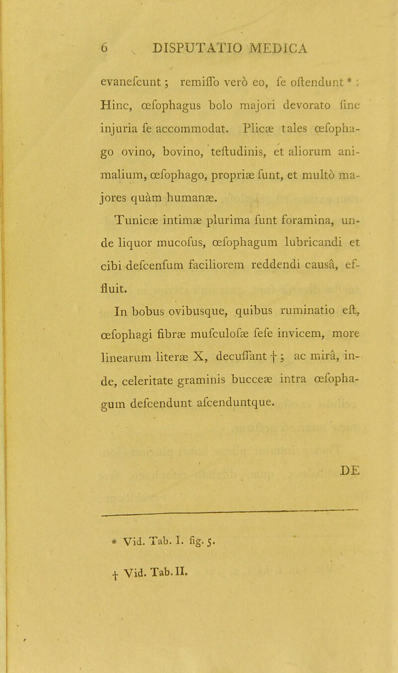 evanefcunt; remiflb vero eo, fe oftendunt* ; Hinc, cefophagus bolo majori devorato fine injuria fe accommodat. Plicae tales cefopha- go ovino, bovino, teftudinis, et aliorum ani- malium, cefophago, proprise funt, et multo ma- jores quam humanae. Tunicae intimae plurima funt foramina, un- de liquor mucofus, cefophagum lubricandi et cibi defcenfum faciliorem reddendi causa, ef- fluit. In bobus ovibusque, quibus ruminatio eft, cefophagi fibrae mufculofae fefe invicem, more linearum literae X, decuflant f ; ac mira, in- de, celeritate graminis bucceae intra cefopha- gum defcendunt afcenduntque. DE * Vid. Tab. I. fig. 5. -f. Vid. Tab.II.