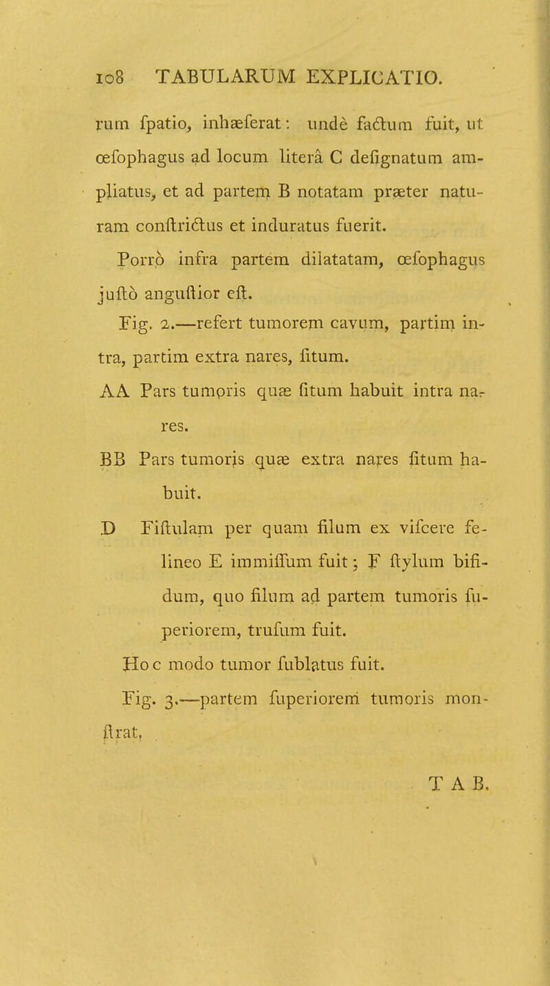 rum fpatio, inhaeferat: unde fadtum fuit, ut oefophagus acl locum litera C defignatum am- pliatus, et ad partem B notatam praeter natu- ram conftrictus et induratus fuerit. Porro infra partem dilatatam, oefophagns jufto anguftior eft. Fig. 2.—refert tumorem cavum, partim in- tra, partim extra nares, iitum. AA Pars tumpris quae fitum habuit intra na^ res. BB Pars tumorjs quae extra nares fitum ha- buit. X) Fiftulam per quam filum ex vifcere fe- lineo E immiffum fuit; F ftylum bifi- dum, quo filum ad partem tumoris fu- periorem, trufum fuit. Ho c modo tumor fublatus fuit. Fig. 3,—partem fuperiorerri tumoris mon- flrat, T A B,