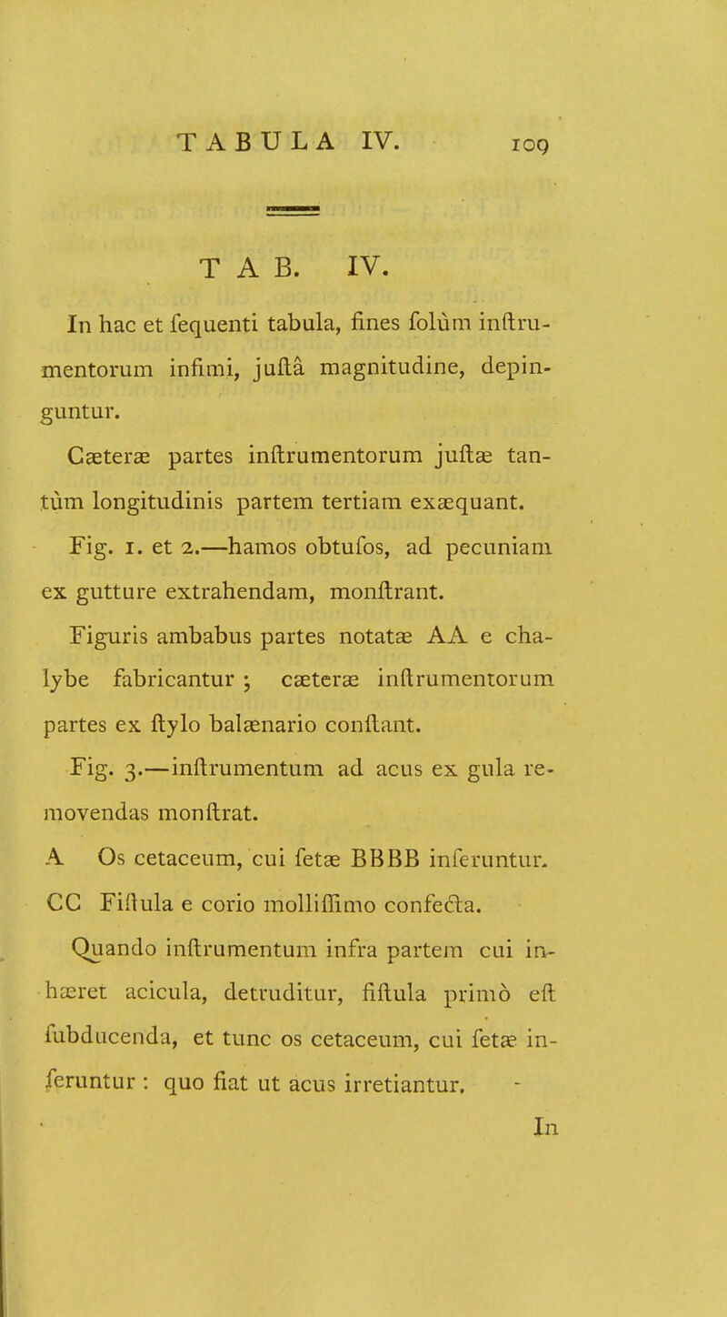 T A B. IV. In hac et fequenti tabula, fines folum inftru- mentorum infimi, jufta. magnitudine, depin- guntur. Caeterae partes inftrumentorum juftae tan- tum longitudinis partem tertiam exaequant. Fig. 1. et 2.—hamos obtufos, ad pecuniam ex gutture extrahendam, monftrant. Figuris ambabus partes notatae AA e cha- lybe fabricantur ; caeterae inftrumentorum partes ex ftylo balaenario conftant. Fig. 3.—inftrumentum ad acus ex gula re- movendas monftrat. A Os cetaceum, cui fetae BBBB inferuntur. CC Fiftula e corio molliflimo confecla. Quando inftrumentum infra partem cui in- haeret acicula, detruditur, fiftula primo eft fubducenda, et tunc os cetaceum, cui fetae in- feruntur : quo fiat ut acus irretiantur. In