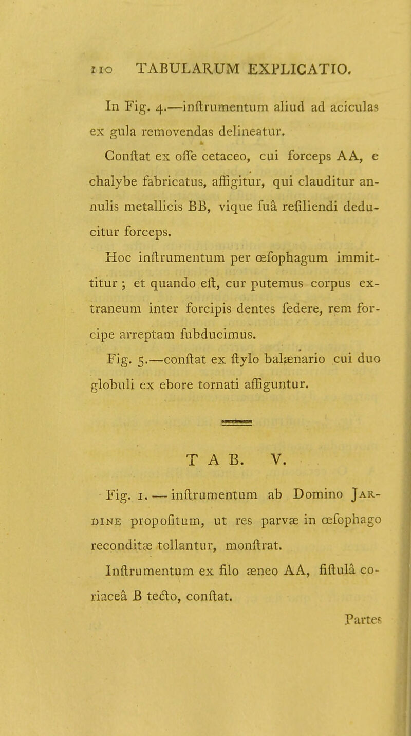 In Fig. 4.—inftrumentum aliud ad aciculas ex gula removendas delineatur. Conftat ex offe cetaceo, cui forceps AA, e chalybe fabricatus, afligitur, qui clauditur an- nulis metallicis BB, vique fua refiliendi dedu- citur forceps. Hoc inftrumentum per cefophagum immit- titur ; et quando eft, cur putemus corpus ex- traneum inter forcipis dentes federe, rem for- cipe arreptam fubducimus. Fig. 5.—conftat ex ftylo balaenario cui duo globuli ex ebore tornati affiguntur. T A B. V. Fig. 1. — inftrumentum ab Domino Jar- dine propofitum, ut res parvae in oefophago reconditae tollantur, monftrat. Inftrumentum ex filo ceneo AA, fiftula co- riacea. B tedto, conftat. Parte?