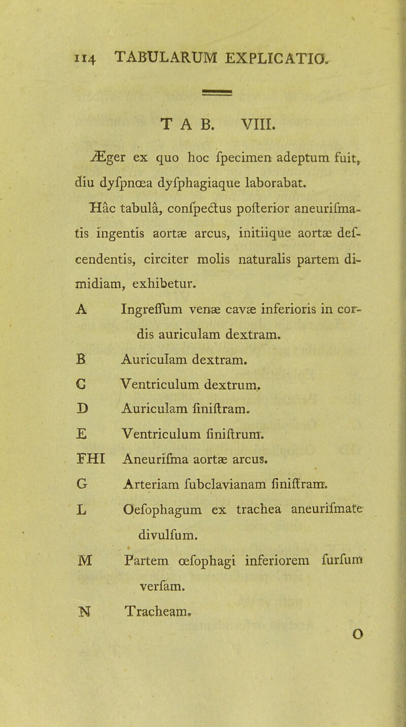 T A B. VIII. JEgtv ex quo hoc fpeeimen adeptum fuit, diu dyfpnoea dyfphagiaque laborabat. Hac tabula, confpe&us pofterior aneurifma- tis ingentis aortae arcus, initiique aortas def- cendentis, circiter molis naturalis partem di- midiam, exhibetur. A Ingreflum venae cavse inferioris in cor- dis auriculam dextram. B Auriculam dextram. C Ventriculum dextrum,. D Auriculam finiftram. E Ventriculum finiftrum. FHI Aneurifma aortas arcus. G Arteriam fubclavianam finiftram. L Oefophagum ex trachea aneurifmate divulfum. M Partem cefophagi inferiorem furfum verfam. N Tracheam. O