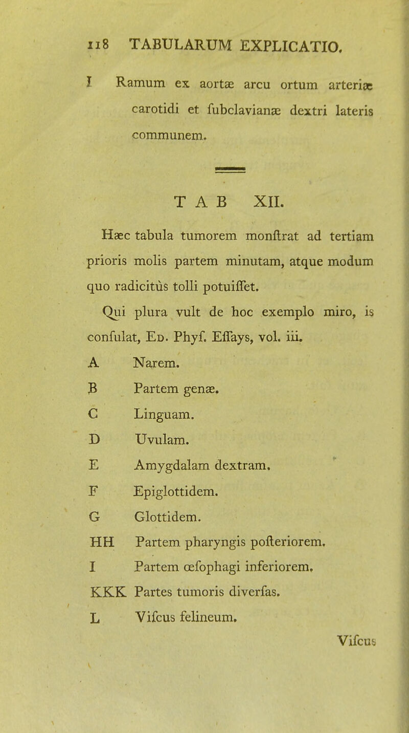 I Ramum ex aortae arcu ortum arteriae carotidi et fubclavianae dextri lateris communem. T A B XII. Haec tabula tumorem monftrat ad tertiam prioris molis partem minutam, atque modum quo radicitiis tolli potuiffet. Qui plura vult de hoc exemplo miro, is confulat, Ed. Phyf. EfTays, vol. iii. A Narem. 3 Partem genae. C Linguam. D Uvulam. E Amygdalam dextram. F Epiglottidem. G Glottidem. HH Partem pharyngis pofteriorem. I Partem cefophagi inferiorem, KKK Partes tumoris diverfas. L Vifcus felineum. Vifcu^