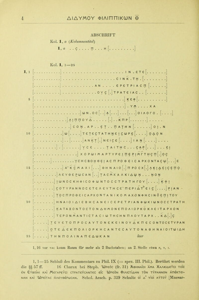 ABSCHRIFT Kol. 1, a {Kolumnentitel) 1, a .. c .... n ... H [.. . Kol. 1, 1—2 5 AN.. . 0 Y C .... I N . e T e [. . . . .CINK.TH.[ ,epeTPiAcn[. .. TPATGIAC. . [. . . . J K e <t> [ ] . Y M . . . . X A A [...]...[.. .j 0 I A 0 r 0 J CO N . 0 C .] A ! n n 0 Y A [.] . . K n p [ ] ..]cON.AP..eT..riATHN[ Joj.N a)[. . . .]TeTecTATHNe i ciopef. . . .] oao n . . [ J A N K T [.j N e I C e [. . . .] I A N [. . . .] . . . . J YCe....TAITHC... CAP [. ..]...£! ] xop(joiMAPTYPeineP!MrTHcn[.]oc ....YCHCBOHeei AC n po e e i ca PX0NTAca)[. ..]e A'KCMAXif. ..]eHNAio[.]npocx[.]AK!Ae!ceno . . . .jAeYeepcocAN [..Ijacmxaakiawn . . . non ...]l(jL)NOCKH<t>ICO<J>CjONTOCCTPATH rOY[. . . .| K*! . . .|coTYPANNOceTeAeYTHce'nepiAT^eic[. ...Jp|AN • . . .JjocnpoeeiCAPxoNTA n i kom Ax.0N<t>HciN6eri!T0Y ...|HNAIOIAieBHCANeiCePeTPIAN<t>(jJKItONOCCTPATH . ..]l<ATAiONTOCTONAHMONenOAIOPKOKAeiTAPXON . . .jTePONMANTICTACI COTHCHNnAOYTAPX . . Ka[.Jc .|xeYeTOnPOCAYTONeKeiNOYAKneCONTOCeTYPAN .joTeACKnOAIOPKHCANTeCAYTONAeHNAIOITCOIAH .jTHNnoAiNAncAtOKAN leer 1, 16 vor TAC kaum Raum fiir mehr als 2 Buflistabt-n; an 2. Stellc otwa p, y, i. 1, 1—25 SchluB des Kommentars zu Phil, IX (= spe/,. III. Phil.). Beriihrt werden die §§ 57 ff. 16 Charax bei Steph. ■'0)pe6c (fr. 31) AeHNAioi ama Xaakiagyci toic EN EyboIai kai AAerAPeYCi cxPATe'f'CANTec eic 0)pe6N ^iaictiahn t6n typannon AneKTei- NAN kai OOpeiTAC HAeYGePcocAN. Scliol. Aesch. p. 329 Schultz oi a' yioi aytoy [Mnesar-