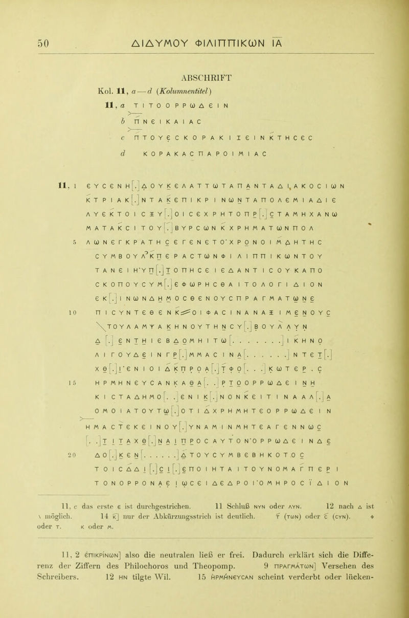ABSCHRIFT Kol. 11, a — d (Kolumnentitel) 11, a TlTOOPPtOAeiN b nNeiKAiAC c nroYecKOPAKiieiNKTHcec d KOPAKACnAPOIMIAC 11, 1 e Y c e N H r ^1 f-. A 0 Y K e A A T T (0 T A n A N T A A 1, A K 0 c 1 to K T p 1 A k1 : 1 L-J N T A K e n 1 K p 1 N CO N T A n 0 A e M 1 A A 1 e A Y e K T 0 1 C I Y LJ 0 1 c e X P H T 0 n P i c T A M H X A N CO M A T A K c 1 T 0 Y . J B Y P C CO N K X p H AA A T CO N n 0 A 5 A U) N e r K P A T H c e r e N e T 0' X p 0 N 0 : M A H T H C C Y M B 0 Y A^Kne P ACTIO N <t> 1 A 1 n n 1 K CO N T 0 Y T A N e 1 H' Y n 1 .J T 0 n H c e 1 e A A N T 1 c 0 Y K A n 0 C K 0 n 0 Y C Y M Lj e <t> 0) p H C e A 1 T 0 A 0 r 1 A 1 0 N e 1 N 0) N A H M 0 c e e N 0 Y C n P A r M A T CO N e 10 n 1 c Y N T 6 e e N Ks=^0 1 0 A c 1 N A N A 5 1 M e N 0 Y C \ \T0 Y A A M Y A K H N 0 Y T H N C Y 0 Y A A Y N A N e N T H 1 e B A 0 M H 1 T CO r •J ' K H N 0 A 1 r 0 Y A N r P [.J M M A C 1 N A r N T e X [•] X eM 1 ■ e N 1 0 1 A K n P 0 A r ■ •J T * 0 • ^ CO T e P c 1 5 H P M H N e Y C A N K A e A ! . P T 0 0 P P CO A e 1 N H K 1 C T A A H M 0 [. .j e N 1 <\ •J N 0 N K e 1 T 1 N A A A A 0 M 0 1 A T 0 Y T to l^.j 0 T 1 A X P H H T e 0 P P CO A 6 1 N H M A C T e K e 1 N 0 Y [.J Y N A M 1 N H T e A r e N N to c f. •J T 1 T A X N A 1 n P 0 C A Y T 0 N' 0 p p CO A e 1 N A § 20 K e N . . . . ' A T 0 Y C Y M B e B H K 0 T 0 C T 0 1 C A A ] c 1 [.j e n 0 1 H T A 1 T 0 Y N 0 M A r n e P 1 T 0 N 0 P P 0 N AG I (0 c e 1 A e A P 0 1 ' 0 M H P 0 c T A 1 0 11, c das crstc e ist diirchgestrichen. 11 SchluB nyn oder ayn. 12 nacli a ist \ iiioglicli. 14 i<] nur dor Abkiirzungsstiicli i.st deutlich. f (tojn) oder c (cyn). * oder T. K oder «. 11.2 eniKPiNcoN] also die neutralen lielo er frei. Dadurcli erkliii t sich die Diffe- renz der Ziffern des Philochoros und Theopomp. 9 nPArMATcoN] Versehen des Schreibers. 12 hn tilgte Wil. 15 hpmhncycan scheint verdcrbt oder liicken-