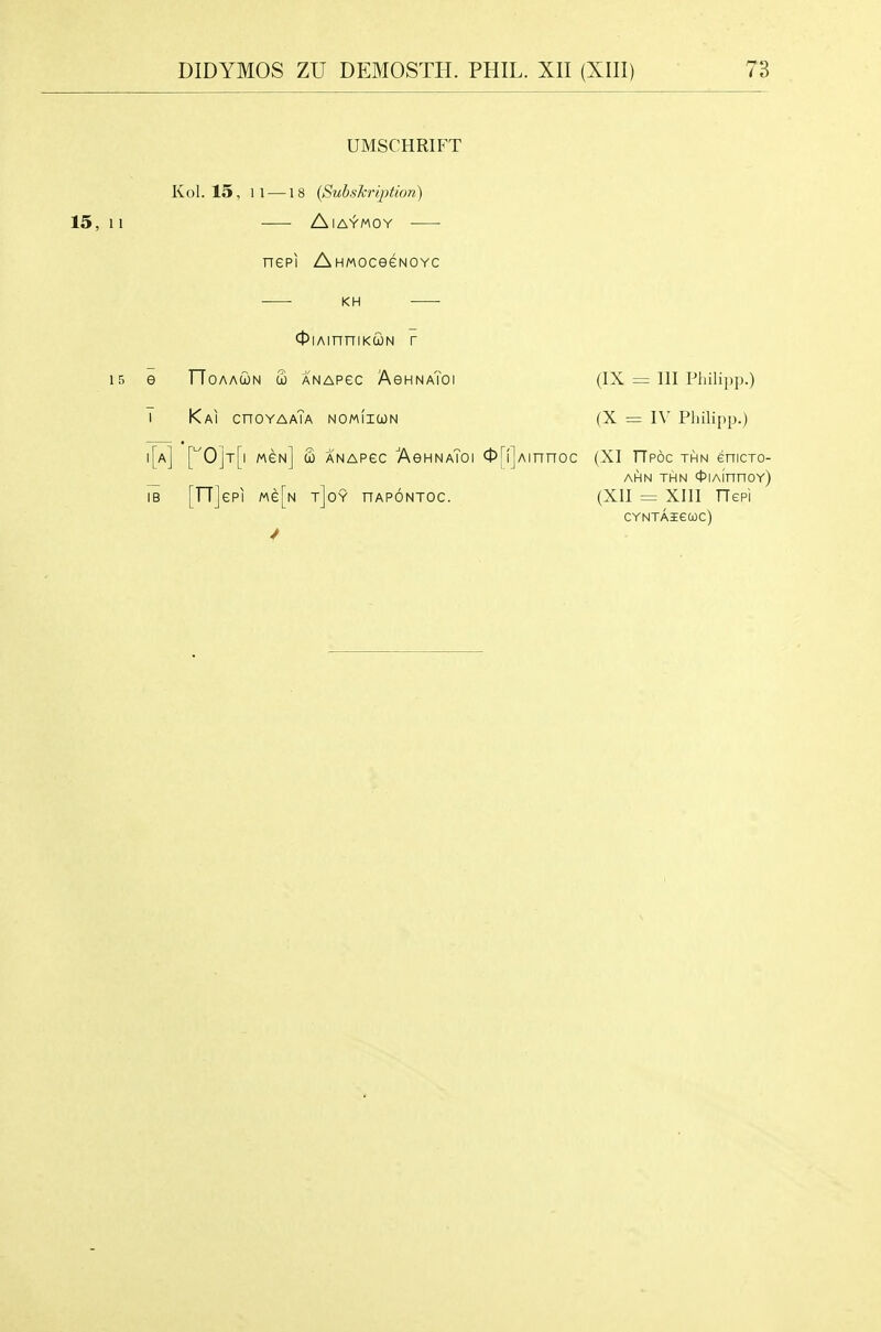 UMSCHRIFT Kol. 15, 11 —18 {SuhsJeription) 15, 11 AlAYMOY nepi AHMoceeNOYc KH cl5iAinniKC0N r 15 e noAAUN £ ANAPec AghnaToi T KaI CnOYAAlA NOMIIGON i[a] ['''0]t[i mgn] £ ANAPec ■AghnaToi IB [TTjepi Me[N t]oy nAPONTOc. (IX = 111 Pliili])p.) (X = IV Philipp.) <t>ri]Ainnoc (XI TTpoc thn enicro- AHN THN 4>IA[nnOY) (XII XIII nepi CYNTA3Eea)C)