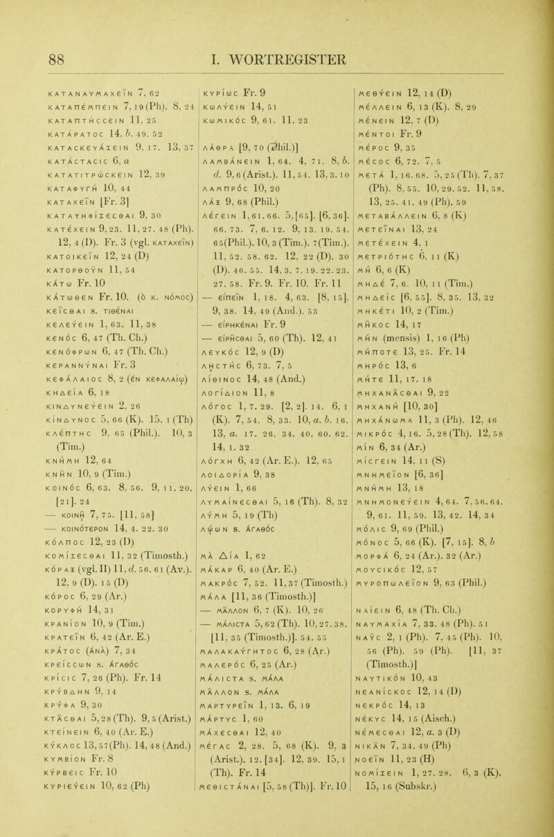 katanaymaxsTn /.62 KATAnenneiN 7. J9(Pli). 8.2 4 KATAnXHCCeiN 11,25 KATAPATOC 14.^1.49.52 KATACKSYAieiN 9.17. 13. ii KATACTACIC 6. a K A T AT I T P 0) C K e I N 12.:i9 KATA*YrH 10, 4 4 KAT AxeTN [Fr. 3] KATAYHOIieCeAl 9.30 K ATGXei N 9,23. 11, 27. 48 (E^ll). 12, 4 (D). Fr. 3 (vgl. kataxsTn) KAToIksTn 12, 24 (D) KATOPeOYN 11, 54 kAt ui Fr. 10 K ATO) SEN Fr. 10. (6 K. n6mOC) KeTcOAI S. Tie^NAI K6 Ae Ye I N 1, 03. 11, 38 k6n6c 6, 47 (Th. Ch.) KeN6»pa)N 6, 47 (Til. Ch.) kspannynai Fr. 3 Ke*AAAIOC 8, 2 (^N KS*AAAIU) K H Aei A 6, 1 8 KINAYNEYSIN 2. 2(i K i N A Y N 0 C .'). 66 (K). 15. 1 (Th) KAenTHc 9. 65 (Phil.). 10,3 (Tim.) K N H M H 12, 64 K N H N 10, 9 (Tim.) koin6c 6,63. 8,56. 9.1 1.20. [2 1]. 24 — KOINH 7, 75. [11, 58] — KorndTepoN 14, 4. 22. 30 KdAnoc 12, 23 (I)) KoniiecGAi 11, 3 2 (Timosth.) k6p Ai (vgl. II) 11, rf. 5 6. 61 (Av.). 12, 9 (D). 1 5 (D) k6p0c 6, 29 (Ar.) K0PY4>H 14, 31 K P A N I 0 N 10. 9 (Tim.) KP ATeTN 6, 42 (Ar. E.) kpAtoc (Ana) 7, 34 KpelccuN s. XrAe6c KPici c 7, 26 (Ph). Fr. 14 KP^BAHN 9, 14 KP^*A 9, 30 KTACGAi 5,28(Th). 9,5(Ari.st.) KTeiNeiN 6, 40 (Ar. E.) K'f'KAoc 13,5 7(Ph). 14, 48 (And.) K Y M B 10 N Fr. 8 K^PBSI c Fx'. 10 K Y P I e Y6 I N 10, 6 2 (Ph) K Y p ((1) c Fr. 9 K 0) A Y e I N 14, 5 1 kci)mik6c 9. 61. 11. 2 3 A Ae p A [9, 7 0 (Phil.)] AAMBANSIN 1.64. 4. 71. 8. b. (I. 9,6(Arist.). 11,54. 13.3.10 A A M n p 6 c 10, 2 0 aAi 9, 68 (Phil.) A^reiN 1,61.66. 5.|65]. [6, 36]. 66. 73. 7, 6. 12. 9, 13. 19. 54. 65(Phil.).10,3(Tim.). 7(Tim.). 11, 52. 58. 62. 12, 22 (D). 30 (D). 46. 55. 14,3.7.19.22.23. 2 7. 5 8. Fr. 9. Fr. 10. Fr. 11 — eineTN 1. 18. 4, 63. [8. is]. 9, 38. 14. 40 (And.). 53 — eiPHK^NAi Fr. 9 — eiPHC9Ai 5, 60 (Th). 12. 4i a6yk6c 12, 9 (D) A H C T H C 6, 73. 7, 5 A! e I N 0 c 14, 48 (And.) AO r( A I 0 N 11,8 Adroc 1,7.29. [2, 2]. 14. 6,1 (K). 7,54. 8,33. \0,a.b. 16. 13, a. 17. 26. 34. 40. 60. 62. 14, 1. 32 A6rxH 6, 42 (Ar. E.). 12. 65 AOIAOPIA 9. 38 AYei N 1, 66 AYMAiNeceAi 5, i6(Th). 8,32 A Y M H 5, 1 9 (Th) A ci) N s. ArAe6c MA A I A 1,62 mAkap 6. 40 (Ar. E.) «akp6c 7,52. 11,37 (Tinioslh.) mAaa [11, 36 (Timosth.)] — mSaaon 6. 7 (K). 10. 26 — mXaiCTA 5,6 2(Th). 10,2 7.38. [11, 35 (Timosth.)]. 54. 55 maaakaythtoc 6, 28 (Al'.) wAAep6c 6, 25 (Ar.) MA A I CTA S. mAaA mXaaon s. mXaa maptypeTn 1, 13. 6, 19 MAPTYC 1,6 0 MAxecsAi 12, 40 M^rAc 2, 28. 5, 68 (K). 9, s (Arist.). 12. [34]. 12,39. 15,1 (Th). Fr. 14 «6 e I c T A N AI [3, 5 8 (Th)]. Fr. 10 wee^rei N 12, 14 (D) MEAAEIN 6, 13 (K). 8, 2 9 NeiN 12. 7 (I)) M ^ N T 0 I Fl'. 9 M 6 P 0 C 9. 35 « e c 0 c 6, 7 2. 7. 5 MET A 1,16.68. 5, 25 (Th). 7. 37 (Ph). 8,55. 10,29.52. 11,58. 13, 25. 4 1. 49 (Ph). 59 M6TABAAAeiN G. 8 (K) METeTN A I 13. 2 4 M6T£xeiN 4. 1 «eTPi6THc (). II (K) M H 6, 0 (K) M H A d 7. 6, 10. 1 1 (Tim.) MHAsIc [6.55]. 8.35. 13.32 M H K e T I 10, 2 (Tim.) M H KO C 14, 1 7 M H N (monsis) 1. i 6 (Ph) « H n 0 T s 13, 2 5. Fr. 14 M H P 6 C 13, 6 M H T 6 11,17.18 MHXANACeAl 9,2 2 rt H X A N H [10; 30] mhxAnu/ha 11, 3 (Ph). 12,46 mikp6c 4,16. 5,28(Th). 12,58 Ml N 6, 34 (Ar.) Ml ere IN 14. 11 (S) M N H Me?0 N [6, 36] M N H M H 13, 1 8 MNHMONeYeiN 4,6 4. 7.5 6.6 4. 9, 61. 11, 59. 13, 42. 14, 34 «6aic 9, 69 (Phil.) m6noc 5, 66 (K). [7, 15]. 8, l> mop*A 6, 2 4 (Ar.). 32 (Ar.) moycik6c 12, 5 7 MYPonii)Ae?oN 9, 63 (Phil.) N A 1 6 I N 6. 48 (Th. Cli.) N A Y M A X i A 7, 33. 48 (Ph). 5 1 NAYC 2, 1 (Ph). 7. 4 5 (I'll). 10. 56 (Ph). 59 (Ph). [11, 37 (Timosth.) I N A Y T I k6 N 10, 43 NeANICKOC 12. 14 (I)) N e K p 6 c 14, 13 NSKYc 14, 15 (Aisch.) NeMecoAi 12, o. 3 (D) N I K A N 7, 34. 49 (Ph) NoeTN 11, 23 (H) NOMIieiN 1,27.2 8. (), 3 (K). 15, 16 (Subskr.)