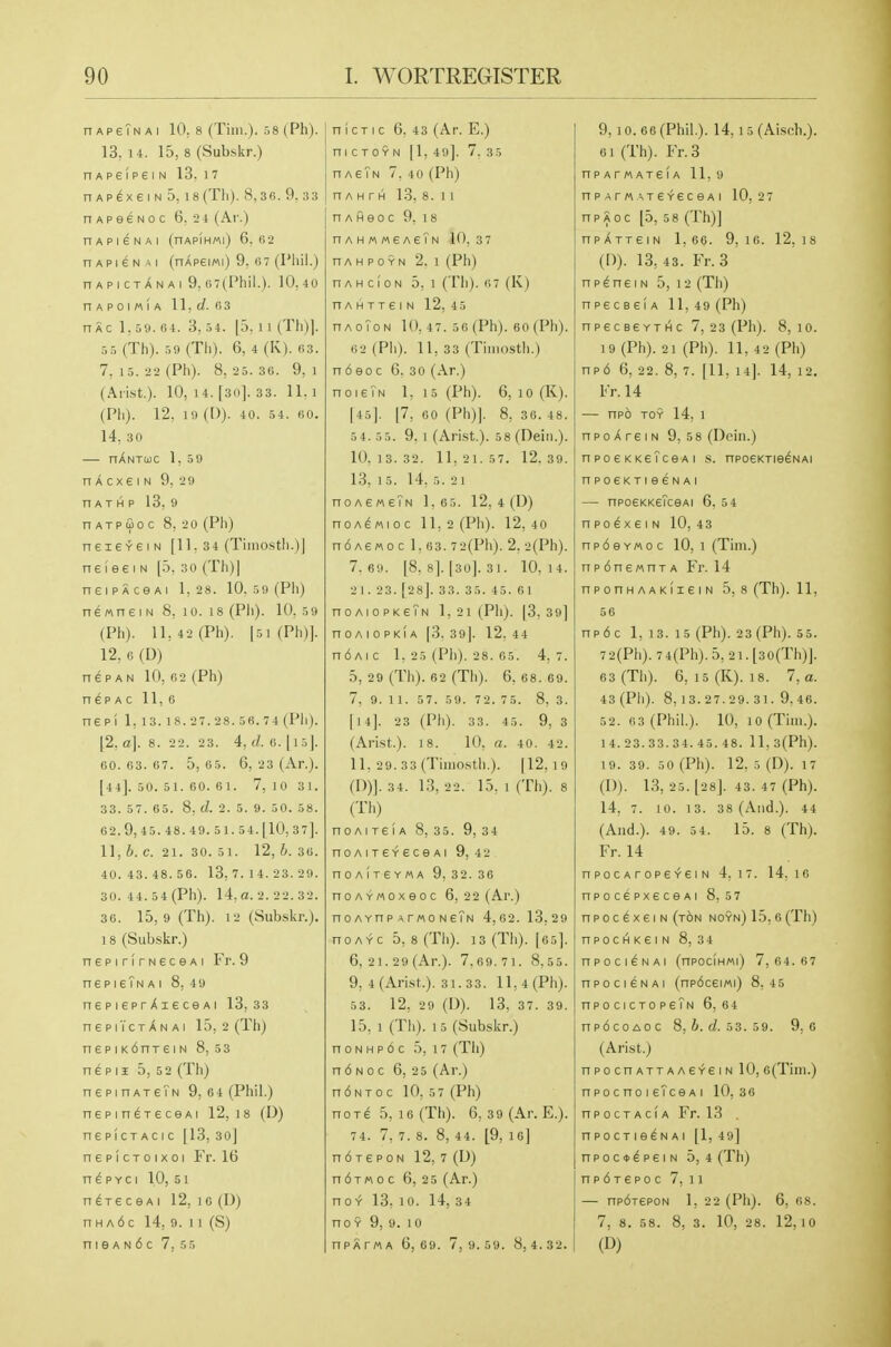 nApeiNAi 10. 8 (Tim.)- r,8tPh). 13. 14. 15, 8 (Subskr.) nApeipei n 13. i7 nAP^x6iN5, i8(Th). 8,3 6. 9. 3 3 nApecNoc 6. 2 4 (Ar.) nAPieNAi (nAPiHMi) 6. (i2 nAPi6N^i (nApeiMi) 9. 07 (Phil.) nAPICTANAI 9, (•i7(Phil.). 10,40 nAPoiMiA \\. d. (>3 n AC 1, 5 9. 6 4. 3, 5 4. [5. 11 (Th)]. 5 5 (Th). 59 (Th). 6, 4 (K). (i3. 7, 15. 22 (Ph). 8, 25. 36. 9, 1 (Alist.). 10, 14. [30]. 33. 11. 1 (Ph). 12, 19 ([)). 40. 54. (iO. 14. 30 — nXNTojc 1, 59 nAcxeiN 9, 2 9 n A T H p 13, 9 n ATP Go c 8, 20 (Ph) neiereiN [11, 34 (Tiiiiosth.)] neieei N [5. 30 (Tli)[ neiPAceAi 1,28. 10. 5 9 (Ph) ne «ne I N 8, 10. 18 (Pli). 10.5 9 (Ph). ll,42(Ph). |5i(Ph)]. 12, 6 (D) n e p A N 10, 62 (Ph) nepAC 11,6 nePI 1, 1 3. 18.27.28.56. 74 (Ph). [2, a]. 8. 22. 23. 4, d. 6. [15|. 60.63.67. 5,65. 6, 23 (Ar.). [44]. 50. 51. 60. 6!. 7, 10 31. 33. 57. 65. 8, d. 2. 5. 9. 50. 58. 62.9, 45.48.49. 51.5 4. [10, 3 7]. 11, b. C. 21. 30. 51. 12, b. 36. 40.43.48.56. 13,7.14.2 3.2 9. 30. 44. 54 (Ph). 14,a. 2. 22. 32. 36. 15, 9 (Th). 12 (Subskr.). 18 (Subskr.) nepirirNeceAi Fr. 9 ne p I sTn A I 8, 4 9 n e p I e p r XI 6 ce A I 13,33 nepiYcTANAi 15, 2 (Th) nepiKbnxeiN 8, 5 3 n^pi5 5, 5 2 (Th) nepinAjeTN 9, 6 4 (Phil.) nepinexeceAi 12,18 (D) nepicTACic [13, 30] nepicToixoi Fr. 16 n ^ p Y c I 10, 51 n ^76 c e A I 12, 1G (D) nHA6c 14, 9. 11 (S) n 1 e A N 6 c 7,5 5 n I CT I c 6. 43 (Ar. E.) ni CTOYN [1, 49]. 7, 35 haeTn 7, 40 (Ph) nAHTH 13. 8. 11 nAHeoc 9. is OAHMMeAeTN 10, 37 nAHPOYN 2. 1 (Ph) HAH CI ON 5, 1 (Th)- '' (1^) n A H T T e I N 12, 45 nA 0?0 N 10, 47. 56 (Ph). 60 (Pll). 62 (Pll). 11, 33 (TilllOSth.) n6eoc 6. 30 (Ar.) noieiN 1. 15 (Ph). 6, lO (K). 145]. [7, 60 (Ph)]. 8, 36. 48. 54. 55. 9. 1 (Arist.). 58 (Dein.). 10. 13. 32. 11,21. 57. 12. 39. 13. 15. 14. 5. 21 noA8«eTN 1,65. 12, 4 (D) noAEMioc ll,2(Ph). 12,40 n6AeMoc 1,63. 7 2(Ph). 2. 2(Ph). 7. 69. [8, 8]. [30]. 31. 10, 14. 2 1. 23. [28]. 33. 35. 45. 6 1 noAioPKeTN 1, 21 (Ph). |3, 39] noAiopKiA [3.39]. 12,44 n6AIC 1. 25 (Ph). 28. 65. 4,7. 5, 29 (Th). 62 (Th). 6.68.69. 7, 9.11. 57. 59. 72. 75. 8, 3. [14]. 23 (PIO. 33. 45. 9, 3 (Arist.). 18. 10, a. 40. 42. 11. 29. 33 (Tiniosth.). [12,19 (I))]. 34. 13, 22. 15, 1 (Th). 8 (Th) ^ noAireiA 8, 35. 9, 34 noAiieYeceAi 9, 42 noAixeYMA 9, 32. 36 noAYMoxeoc 6, 22 (Ar.) no A vn p A r«o N sTn 4,62. 13,29 noAYc 5, 8 (Th). 13 (Th). [65]. 6, 21. 29 (Ar.). 7,69.71. 8,55. 9, 4 (Arist.). 31.33. ll,4(Ph). 53. 12. 29 (D). 13, 37. 39. 15. 1 (Til). 15 (Subskr.) noNHp6c 5,17 (Th) n 6 N 0 c 6, 25 (Ar.) ndNTOc 10, 57 (Ph) no re 5, i6(Th). 6, 3 9(Ar. E.). 74. 7, 7. 8. 8, 44. [9, 16] ndrepoN 12, 7 (U) n6T« 0 c 6, 25 (Ar.) noY 13. 10. 14, 34 no Y 9, 9. 10 npATMA 6, 69. 7,9.59. 8,4.32. 9,10. 66 (Phil). 14, i5(Aisch.). 61 (Th). Fr.3 nP ATMATeiA 11, 9 n p A rM =,Te^ec 6 A I 10,27 npAoc [5, 5 8 (Th)] npATxeiN 1,66. 9,16. 12,18 (I)). 13, 43. Fr. 3 np^neiN 5, 12 (Th) npeceeiA 11, 49 (Ph) npeceeYTi^c 7, 23 (Ph). 8,10. 19 (Ph). 21 (Ph). 11, 42 (Ph) np6 6, 22. 8, 7. [11, 14]. 14, 12. Fr. 14 — npo TOY 14, 1 npoAreiN 9, 58 (Doin.) npoeKKeTcGAi s. npoeKTieeNAi npo6KTieeNAi — nposKKeTcGAi 6, 5 4 npo^xei N 10, 43 np6eYMoc 10, 1 (Tim.) np6ne«nTA Fr. 14 npoHHAAKiieiN 5, 8 (Th). 11, 56 np6c 1, 13. 15 (Pll). 23 (Ph). 55. 72(Ph). 74(Ph).5, 21.[30(Th)]. 63 (Th). 6, 15 (K). 18. 7, a. 43(Ph). 8,13.27.29.31.9,46. 52. 03 (Phil.). 10, 10 (Tim.). 14.23.33.34.45.48. ll,3(Ph). 19. 39. 50 (Ph). 12, 5 (D). 17 (I)). 13, 25. [28]. 43. 47 (Ph). 14. 7. 10. 13. 38 (And.). 44 (And.). 49. 54. 15. 8 (Th). Fr. 14 n p 0 c A r 0 p e Y 61 N 4, 17. 14,16 npocepxeceAi 8, 57 npoc^xeiN (ton noyn) 15,6(Th) npocHKeiN 8, 34 npoci^NAi (npociHMi) 7,64.67 npocieNAi (npdceiMi) 8,45 npocicTOPcTN 6, 64 np6coAOc 8,6.^.5 3.5 9. 9,6 (Arist.) npocnATTAA6f-eiN 10, 6(Tim.) npocno I eTce A I 10,3 6 npocTACiA Fr. 13 , npocTie^NAi [1, 49] npoc^^peiN 5, 4 (Th) npdTSPOC 7, 11 — npdxepoN 1, 22 (Ph). 6, 08. 7, 8. 58. 8, 3. 10, 28. 12,10