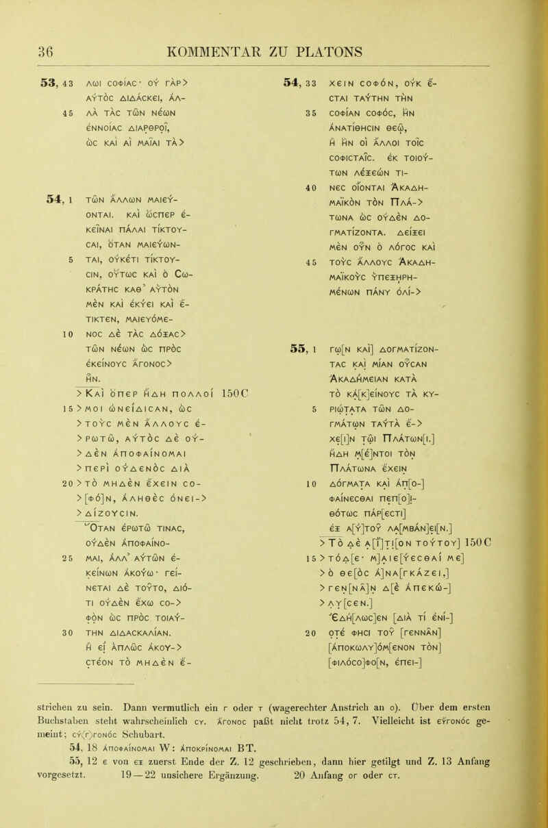 53,4 3 Acol co*Iac • OY rAP> AYTOC AlAACKei, AA- 4 5 AA TAC TCON NGCON eNNOIAC AiAPepoT, CbC KAI Al MaTaI TA > 54, 1 TCON AAACON MAieY- ONTAi. KAI cjcnep e- KgInAI nAAAl TIKTOY- CAI, OTAN A\Aie>'CON- 5 TAI, OYKeXI TIKTOY- CIN, OYTCOC KAI 6 CcO- KPATHC KAe' AYTON MGN KAI eKYei KAI 6- TIKTeN, MAieYOMe- 10 NOC Ae TAC A6iAC> TCON N^CON CbC np6c ckcInoyc ArONOC> > Kai bnep hah noAAOi 150C 15>M0I CONeiAICAN, cbC >TOYC MeN AAAOYC e- >PCOTCO, AYTOC Ae OY- > AeN AnOOAINOMAI >nepi OYACNOC aia 20>t6 mhacn exeiN co- >[*6]n, AAHeec 6Nei-> > AIZOYCIN. ^OtAN ePCOTCO TINAC, OYAGN AnOOAINO- 2 5 MAI, AAa' AYTCON C- KeiNcoN AKofCO • rcl- NETAI AG TOYTO, AIO- Ti OYAeN exco co-> <J>ON CbC nPOC TOIA'f'- 3 0 THN AIAACKAAIAN. H el AHACOC AKOY-> CTeON TO MHAGN C- 54,3 3 xeiN co*6n, oyk e- CTAI TA^THN THN 3 5 CO<t)iAN C0*6c, HN ANATienciN eeco, H HN 01 AAAOl T07c CO<t>ICTATc. eK TOIOY- TCON AeiecoN Tl- 4 0 Nec oToNTAI AkAAH- MAIKON TON rTAA-> TCONA CbC OYAeN AO- TMATIZONTA. Aeiiei MeN OYN 6 A6roc kai 4 5 TOYC AAAOYC AkAAH- maTkoyc YneiHPH- MeNObN nANY 6ai-> 55, 1 rCp[N kai] AOrMATIZON- TAC KaI MIAN OYCAN Akaahmcian kata TO KA[K]eiNOYC TA KY- 5 PICpTATA TCON AO- TMATCpN TAYTA £-> Xe[l]N T&l nAATCON[l.] HAH M[6]NT0I ton TIaatcona exeiN 10 A6rMATA KAI An[0-] ♦AiNeceAi nen[o]!- e6Tcoc nAP[ecTi] ei a[y]TOY AA[MBAN]ei[N.] > T6 Ae a[T]t![on toytoy] 150C i5>T6A[e- M]Aie[~r'eceAi Me] >6 ee[6c A]NA[rKAzei,] >reN[NA]N A[e AneKci-] > AY[ceN.] ■'eAH[ACOc]eN [aia t! eNi-] 2 0 OTe <t>HCI TOY [reNNAN] [AnoK(0AY]6«[eNON ton] [0Ia6co]*o[n, enei-] strichen zu sein. Danii vermutlich ein r oder r (wagerechter Anstrich an o). 0ber dem ersten Buclistaben stelit wahrscheiiilich cy. atonoc paBt iiiclit trotz 54, 7. Vielleicht ist erroNbc ge- meint; CY^V/roNdc Schubart. 54, 18 Xno*AiNo/AAi W: XnoKPiNo«Ai BT. 55, 12 e von ei zuerst Ende der Z. 12 geschrieben, dann hier getilgt und Z. 13 Anfang vorgesetzt. 19 — 22 unsichere Ergiinzung. 20 Anfang or oder cr.