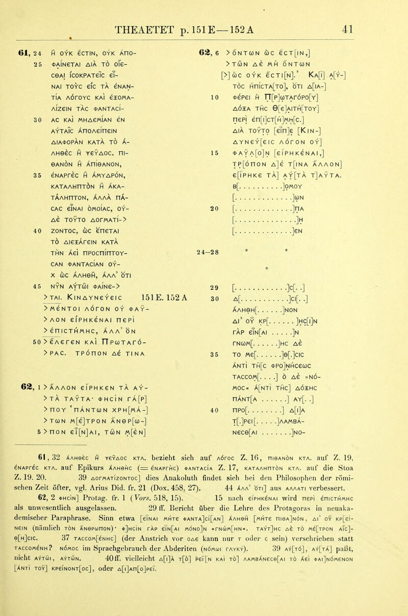61, 24 25 30 35 40 45 ft OYK eCTIN, OYK AHO- *AINeTAI AIA TO o1e- ceAi icoKPATeTc eT- NAI TOYC eiC TA eNAN- TIA A6rOYC KAI eiOMA- AlZeiN TAC <t>ANTACI- AC KAI MHAEMIAN eN aytaTc AnoAeineiN AIA0OPAN KATA TO A- AHeec H YeYAOc, ni- eANON H AnieANON, eNAPrec h amyapon, KATAAHnT6N H AKA- TAAHnTON, AAAA uk- CAC eTnAI OMOIAC, OY- AG TOYTO AOrMATl-> 20NT0C, CbC eneTAi t6 AieiAreiN kata THN AGi npocnlnTOY- CAN <t>ANTAClAN OY- X (i)C AAHGH, AAa' OTI NYN AYTCOl <t>AINe-> > tai. KiNAYNefeic 151E. 152A >MeNTOI AOrON OY *AY- > AO N ei PH KEN Al He PI >eniCT(^«HC, aaa'on 50>eAereN kai rTpcoTAr6- >PAC. TP6nON AG TINA 63, 1>AAA0N ei'PHKeN TA AY- >TA TAYTA- tHciN rA[p] >nOY 'nANTWN xph[ma-] >TCON M[e]TPON ANep[a)-] 5>nON eT[N]AI, TCON M[eN] 62,6 >6NTa3N CbC eCT[lN,] >T(ON AG MH ONTCON [>](i)C OYK eCTl[N].' KA[i] a[Y- TOC HnicTA[TO], OTI a[|A-] 10 Depei H rT[p]uTAr6po[Y] a6ia THC 9[e]AITH[T0Y] nepj en[i]cT[H]Mh[c.] AIA TOYTO [eTnje [Kin-] AYNeY[eic AoroN oy] 15 * A Y A [o] N [e 1 P H K e N A I ,] TP[6noN A]e t[ina aaaon] efi'pHKe ta] ay[ta t]ayta. B[ ]0M0Y [ ]a)N 20 [ ]nA [JH [ 2 4-28 * * * 29 [ ]C[. .] 30 a[ ]ci[. .] AAHeH[ ]N0N ai' oy i<p[ Ji^cDl^ TAP eTN[AI ]n rN(OM[ ]hc Ae 3 5 to «e[ ]e[-]cic ANTi TH[c <t>PO]NHCe(0C TACC0M[. . . .] 6 AG ..n6- Moc« a[nt1 thc] a6ihc rrANT[A ] ay[. .] 4 0 npo[ ] a[i]a T[.]pei[ ]aamba- Nece[Ai ]no- 61,32 AAHeec ft reYAoc kta. bezieht sich auf A6roc Z. 16, nieANiN kta. auf Z. 19, ENAPr^c KTA. auf Epikurs Xahshc (= eNAPrHc) *antac(a Z. 17, KATAAHnT6N KTA. auf die Stoa Z. 19. 20. 39 AorwATizoNTOc] dies Anakoluth findet sich bei deii Philosophen der romi- schen Zeit ofter, vgl. Arius Did. fr. 21 (Dox. 458, 27). 44 Xaa' b'ri] aus aaaati verbessert. 62, 2 *hcin] Protag. fr. 1 {Vors. 518, 15). 15 nach giphk^nai wird nepi enicTHWHC als unwesentlich ausgelassen. 29 ff. Bericht uber die Lehre des Protagoras in neuaka- demischer Paraphrase. Sinn etwa [sTnai mht8 *anta]c1[an] AAHefl [mhtg nieA]N6N, ai o? kp[6i- NeiN (niimlich ton ANepunoN)* *]hcin tap eTN[Ai m6no]n »rNd)M[HN. tayt]hc t6 Md[TPON aTc]- e[H]cic. 37 TACco«[dNHc] (der Anstrieli vor oag kann nur t oder c seiii) verschrieben statt TACcoM^NH? n6«oc iiH Sprachgcbrauch dcr Abdcritcn (NdMui tayky). 39 A'r[T6], A'f[TA] paBt, iiicht A-fTui, a't-tSn. 40ff. vielleicht a[i]a t[6] ^eT[N kai to] AA«BANece[Ai to Xei *Ai]N6«eN0N [Anti toy] Kpe(NONT[oc], odcr A[i]An[o]peT.