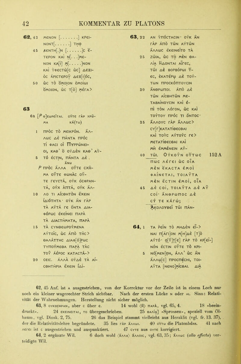 62, 4 3 MGNON [ ] KPei- nont[ ] THe 4 5 ^eNTH[.]N [ ]C C- TePON KAI n[. . .]Me- NON KA[i] M[ ]N0N KaI Y<t>eCTCb[c d)C] Ae3EI- 6c APICTePOY Ae3E[l]6c, 5 0 d)C Td b'MO|ON OMOICOl oMoioN, cbc t[6] «erA> 63 6a [P eJeupeTxAi. crre tap xpS- MA kA(tu) 1 np6c TO MeiKP6N. aa- ACOC AG HANTA np6c Ti <t)Aci 01 TTYPPcoNei- 01, KAG' b OYAeN kag' ay- 5 t6 eCTIN, nANTA AG ANCO P np6c AAAA OYTe CXH- MA OYTe <t)(ONAC OY- Te reYCTA, oyk ocdpan- TA, OYX AHTA, OYK AA- 10 AO TI aicght6n exeiN IA|6tHTA- OYK AN TAP ta ayta re onta aia- <t>6pcoc eKeiNei hapa TA AIACTHMATA, HAPA 15 TA CYNGeCOPO^WeNA AYTOIC, (i)C AnO THC> GAAATTHC AIA«[6]PC0C TYnoiweGA nAPA tac TOY AePOC KATACTA-> 20 CeiC. AAAA OYAe TA Al- CGHTHPIA eXeiN lAI- 63,2 2 AN YnbCTACIN ■ OYK AN TAP AnO TCON AYTUN AAACOC GKeiNeTTO TA 2 5 ZCOIA, d)C TH MGN GA- AiA Haontai Arec, TCOl AG B0PB6pa)l Y- ec, eKATePO) Ae toy- TCON nP0CK6nT0YCIN 3 0 ANGPconoi. An6 Ae TCON AlCGHTCON Me- TABAINOYCIN KAI ^- ni t6n A6roN, a>c kai TofTOY np6c TI &'ntoc- 3 5 AAAOYC TAP AAACOC > CY[r]KATATIGeCGAI KAI To^c AYTofc re> MeTATIGeCGAI KAI «H em^NeiN ay- 4 0 J&\. Oykoyn oytcoc 45 152 A ntoc Aerei coc oia «eN eKACTA e/Aoi (fAlNeTAI, TOIAYTA MeN ecTiN ewoi, oTa AC col, TOIAYTA AG AY coi- ANGPCOnOC Ae ct- Te KArco; AkOAOYGcT TCOl HAN- 64, 1 TA PeTN TO MHACN eT-> NAi n[Ari]oN «[H]Ae [T]d ayt6- 9[Y]T[e] rAp to Kp[eT-] n6n ecTiN OYTe t6 kpi- 5 N6[MeN]0N, Aaa' cbc AN AAAcp[c] npocnecHi, toi- AYTA [NeNOj/AICGAI. AlA 62, 45 Anf. ist a ausgestrichen, von der Korrektur vor der Zeile ist in einem Loch nur noch ein kleiner wagerechter Strich sichtbar. Nach der ersten Liicke n oder ai. Sinn: Relati- vitat der Wahrnehmungen. Herstellung nicht slcher moglich. 63, 8 0YKe6*PAN, aber c fiber e. 14 wohl (rt) hapA, vgl. 65, 4. 18 •beein- druckt.'. 24 eKeiNeiiAi, to ubergeschrieben. 25 gaaia] -Sprossen, speziell vom 01- bauni, vgl. Diosk. 2, 75. 26 das Beispiel stammt vielleicht aus Heraklit (vgl. fr. 13. 37), der die Relativitatslehre begrundete. 35 lies rAp aaaui. 40 oVtu die Platonhdss. 41 nach Aerei ist c ausgestrichen und auspunktiert. 47 cvre aus OYte korrigiert. 64,2 erganzte Wil. 6 doch wohl (aaaa> Aaaoic, vgl. 63, 35; A'aauc (alio effectu) ver- teidigte Wil.