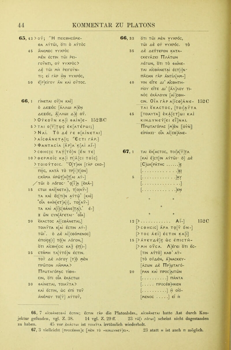 65, 43 > oy; ^H neiceHCOwe- eA AYTwi, oTi 6 ayt6c 4 5 ANewoc yyxp6c MGN eCTIN TQI Pei- roYNTi, OY yyxp6c> Ae TQI MH peiroYN- Ti; ei TAP HN yyxp6c, 5 0 e[p]eiroY an ka\ oytoc. 66, I riNeTAi oy[n kai] 6 Aeiioc [aaawi M]eN Aeii6c, a[aacoi aJg oy. >Oykoyn KA[i <t>AiN]e- 152BC 5>TAI 0[Y]T(pC eK[ATePUI;] >Nai. To AG re *[A[NeTAi] > AiceANeTA[i; ^Gcti tap.] >«t>ANTACIA [ap]a K[aI a1'-] > ceHcIc TAY[t6]N [eN re] io>eep/AoTc KA[i n]A[ci toic] >T0l0iT0IC. ^©[tJaN [rAP CKO-] nfiC, KATA TO TP[| ]t[0N] CXfiMA HP(i)T[h]t[a| AY-] /tcoi 6 A6roc- 'o[T]a [eka-] 1 5 CTCOl *Al[NeTA]l, T[0jAY-] TA KaI ec[Tl]N AYTU' [kAI] 'oTa *AfN[eT]A[l], TO|[aY-] TA KaI A[r]c[eAN€]TA[l.' €-] I Sn CYN[AreTAi • 'oTa] 2 0 e'KACTOC Aj[ceANeTAI,] TOIAYTA k[a1 eCTIN AY-] tcoi. 6 AG Ai[ce6MeNoc] eno[ce[i] to[n A6roN,] OTI Ai'ceH[cic KA]i en[i-] 2 5 CTHIMH Ta[yt6]n eCTIN. TOY AG AOrOY [tJo MEN nPCOTON AHMMA> TTpuTAroPAC TieH- CIN, OTI oTa GKACTCOI 30 <)>AINeTAI, TOIAYTA > KAI ecTiN, d)C eni toy ANGMOY TO[y] AYTOY, 66, 3 3 OTI TCOI MGN YYXp6c, TCOI AG OY YYXP6c. t6 3 5 AG AGYTGPON KATA- CKGYAZGI TTaATCON ACrCON, OTI TO fAING- TAI AlCeANGTAl 6CT[|]n ■ nACAN TAP ANTIA[HM-] 4 0 YIN are ai' AiceHTH- pi'oY gTtg ai' [aa]aoy ti- n6c gkaaoyn [aiJcgh- CIN. OlA TAP A[lCe]ANG- 152C TAI 6KACT0C, [TOIJaYTA 45 [TOIAYTaJ 6KA[cT]C0I KAi kinayngy[gi gTJnai. npcoTAr6pAC [m]6n [oyn] GIPHKGI- oTa Al[Ce]ANe- 67, 1 TAI 6k[actoc, toi]a[y]ta [km 6]CT[|N AYTCOI- 6] AG [C]cok[pathc ]e [ ]?! 5 [ ]aY [ '•] [ Jgn * * 12 [> Af-] 152C [> C e H C I C] A P A T 0 [y on-] [> TOC AGl] GOT IN K A [1] 15 [>aygyag]c cog enicTH- [>«H oyca. A]erGi oti ec- [tin ayto] kag' ay- [t6 oyagn, aJnackgy- [azcon AG TTp]a)TAr6- 2 0 [pan kai nPOcjAITCON [ ] nANTA [ nPoceejHKGN [ ] H 010- [MGNOC ] Gl H 66 , 7 AiceANGceAi ^ctin; gctin rkp die Platonhdss., Aice^NeTAi liatte Ast durch Ivon- jektur gefunden, vgl. Z. 38. 14 vgl. Z. 29 ft'. 23 t£[i A^riui] scheint nicht dagestanden ZU haben. 4.5 vor gkactcoi ist toiayta irrtiimlich wiederholt. 67, 3 vielleicht [npoc^eHKje [m^n t6 ■•KiNAYNe'f]ei«. 23 statt h ist audi n nioglich.