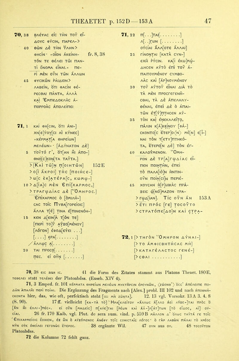 70, 38 BAEYAC eiC THN TOY ef- AOYC (tJ-fciN, nAPeA-> 40 eiiiU Ae THN YAHN> *HdN- voToN AKeiNH- fr. 8, 38 t6n Te eeAei tcoi han- Ti ONOMA eTnai. ne- Pl MeN OYN TCON AAACON 4 5 <t>YCIK(3N PAIA10N> aabeTn, oti *acin *e- peceAi nANTA, aaaa KAI ''eMneAOKAHC A- noppoAC AnoAeinei 71, 1 KAI *h[CIN, OTI ANI-] xn[g]yoy[ci AI KV'Nec] .>KePMAT[A eHPGIWN] «eAeuN«- [aaynaton Ae] 5 fOYTO r', OT[aN HI AHO-] eNH[c]l<ON[TA TAYTA.] > [Kai tco]n ri[oiHTcoN] 152E >o[i AKPOl] THC [noiHce-] >(0[C eK]ATePA[c, KCOMO)-] io>a[ia]c MeN ■eni[xAPMoc,] >TPAra)AiAC Ae ['^Omhpoc] 'eniXAPMOC 6 [OMIAH-] CAC TO?c rrYeA[ropeioic] AAAA T[e] TINA e[niNeN6H-] 15 KeN A[eiN]A t[6n Te] [nepi to]y AYio[MeNOY] [A6roN] e*OA[e^ei . . .] [;■•■] ?PA[ ] / AAAUC A[ ] 2 0 tai npoco[ ] nec. ei oyn [ ] 71, 2 2 n[. . .]tai[ ] a[. .]ra)N [ ] OYCIAI AAA[0Te AAAAl] 2 5 riNONTAI [kATA CYN-] eXfi PY'CIN. KA[i eKG)]MM- AHceN AYTO eni toy a- HAITOYMeNOY CYMBO- AAC KAI [AP]NOYMeNOY 3 0 TOY AYTOY gTnAI AIA TO TA mgn npocrereNH- CeAl, TA A^ AHGAHAY- eeNAi, enei a^ 6 ahai- TWN eT[v']nTHceN ay- 3 5 TON KAI eNGKAAeiTO, nAAIN K[A]Ke!NOY [<t>A-] CKONTo[c eTep]o<(N) Me[N] e[T-] NAI TON T[eTY]nTHK6- TA, 6TePo[N Ae] TON er- 40 KAAO^MGNON. 'OmH- PON Ae TP[A]ra)AiAC eT- neN noiHTHN, enei TO nAAA[l6]N HNTIN- OYN noiH[ci]N nepie- 4 5 XOYCAN H[p]cOIKAC HPA- leic (i)[N6]MAZ0N rPA- > r9A[fAN]. Tic oyn an 153A > eTi np6c [re] tocoyto > CT PAT6ne[A0]N kaI ctpa- '73, 1 [> THTON OmHPON AYNAI-] [>T0 AM0ICBHTHCAC «h] [>KATAreAACTOC reNG-] [> c e AI ] 70, 38 6IC aus ic. 41 die Form des Zitates stammt aus Platens Theaet. 180E, reeeAei statt reAeeei der Platonhdss. (Euseb. XIV 4). 71, 3 Emped. fr. 101 k^pmata eHpeiuN weAeuN myktApcin epeYNuN, (zoioNe') b'cc' Xn^Aeine no- aSn XnAAfii nepi noiHi. Die Erganzung des Fragments nach [Alex.] probl. Ill 102 und nach XnoeNi^- CKONTA hier, das, wie oft, perfektisch steht [= wfi ziSnta]. 12. 13 vgl. Vorsokr. 13 A 3. 4. 8 (S. 90). 17 ff. vielleicht [ka-tX t6]''HpA[KAe(TOY A'aauc a[aao Xei A'r-'ie-]TAi np6c S hi eAAi-]n^C. ei o?n [MHAeic] n[AYe]TAi [p^un kai XA-]A[AT]Ta)N [t6 eTAOC, aJ] o't'- ciAi. 26 fr. 170 Kaib. vgl. Plut. dc sera num. vind. p. 559 B maaaon a' oauc taytX re to?c 6nixAP«eioic eoiKeN, ei (2n b A-fidweNoc Xn^oy to?c cooictaTc A6roc • 6 rXp aabun hXaai to xpdoc nyn oitk 6't>e'\j\ei reroNuc erepoc. 38 erganzte Wil. 47 oyn aus oy. 48 tocoyton Platonhdss. 72 die Kolumue 72 fehlt ganz.