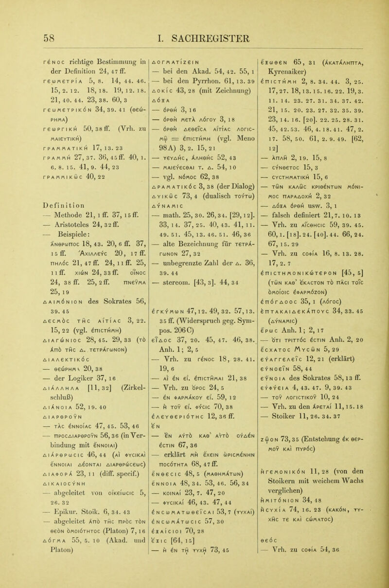 r^Noc richtige Bestiiiinmng in der Definition 24, 4 7 fF. reuMeTPiA 5, 8. 14, 44. 46. 15, 2. 12. 18, 18. 19, 12. 18. 21, 40. 44. 23, 38. 60, 3 rea)«eTPiK6N 34,39.41 (eeci- phma) reupriKH 50, 38fF. (Vrli. zu «ai6ytikA) rPAMMATIKhi 17, 13. 23 TP AMMH 27, 37. 36, 4 5ff. 40, 1. C. 8. 15. 41, 9. 44, 23 rPAMMIKUC 40, 22 D e f i n i t i o n — Methode 21, i fF. 87, isflF. — Aristoteles 24, 32ff. — Beispiele: ANepunoc 18, 43. 20, 6 fF. 37, 15 fF. AxiAAEYc 20, 17 fF. nHA6c 21, 47 fF. 24, ii fF. 25, 11 fF. xi(iN 24, 33fF. oTnoc 24, 38 fF. 25, 2ff. nNevMA 25, 19 aai«6nion des Sokrates 56, 39. 45 AeCM6c THC AITIAC 3,22. 15, 22 (Vgl. ^niCTHMH) AlAriiNIOC 28,45. 29,33 (to Xn6 xflc A. reTpAruNON) aiaa6Ktik6c — eedjpHM\ 20, 38 — der Logiker 37, i6 aiXaahaa [11,32] (Zirkel- scliluiS) AiXnOI A 52, 19. 40 AI APePOYN TAC ^NNOIAC 47, 45. 53, 46 — npocAiAPepoYN 56,3 6 (inVer- bindung niit eNNoiAi) AiApepucic 46,4 4 (ai *ycika1 eNNOIAI A^ONTAI AI APep6c6C0C) A I a * 0 p A 23, 11 (difF. specif.) AIKAIOCYNH — abgeleitet von oiKelucic 5, 26, 32 — PJpikur. Stoik. 6, 3 4. 4 3 — abgeleitet Anb thc npoc t6n ee6N 6moi6thtoc (Platon) 7, 16 A6r«A 55, 5. 10 (Akad. und Platon) AOrMATIZeiN — bei den Akad. 54, 42. 55, i — bei den Pyrrhon. 61,13.39 AOKic 43,28 (mit Zeiclinung) a6i A — 6peH 3, 18 — 6pef) MSTA A6roY 3, 18 —■ SpeiH AeeeTcA aitiac Aonc- = ^nicTi^MH (vgl. Meno 98 A) 3, 2. 15, 21 — YGYAHC, XAHeHC 52,43 — MAieYSceAi T. A. 54,10 — vgl. n6moc 62, 38 apa«atik6c 8, 38 (derDialog) AYiKffic 73,4 (dualisch to^ttco) A-^ N AMI C — math. 25, 30. 26,34. [29,12]. 33, 14. 37, 25. 40, 43. 41, 11. 49. 51. 45, 13. 46. 51. 46, 36 — alte Bezeichnung fiir t6tpA- rcoNON 27, 32 — unbegrenzte Zalil der a. 36, 39. 44 — stereoni. [43, 3]. 44, 34 ^TK-f MUN 47,12. 49, 32. 57,13. 35 fF. (Widerspriich geg. Syni- pos. 206 C) eTAoc 37, 20. 45, 47. 46, 38. Anh. 1; 2, 5 — Vrh. zu r^Noc 18, 28. 41. 19, 6 AI 61. ^niCTHMAI 21, 38 — Vrh. zu b'poc 24, 5 (tAPMAKOY ei. 59, 12 h TOY 61. *^CIC 70, 38 ^AeYe6Pi6THC 12, 3 6 fF. 6 N — A'fT6 KAe' aVt6 o-v-a^n icT\H 67, 36 — erklart «h exem upiCMdNHN noc6THTA 68, 47 fF. ENeeCIC 48,5 («A6H«ATa)N) 6NN0IA 48,34. 53,46. 56,34 — KOINAI 23, 7. 47, 20 — ■CYCIKAI 46, 43. 47, 44 ^NcuMATueeTcAi 53, 7 (yyx a!) eNccoMATucic 57, 30 6 I A ( C I 0 I 70, 2 8 611 c [64, 15] H TH YYXH 73, 45 e'icoeeN 65, 31 (AkatAahhta, Kyreiiaiker) ^niCTHMH 2, 8. 34. 44. 3, 25. 17,27. 18,13. 15.16. 22. 19,3. 1 1. 14. 23. 27. 31. 34. 37. 42. 21, 15. 20. 23. 27. 32. 35. 39. 23, 14. 16. [20]. 22. 25. 28. 31. 45,42.53. 46,4.18.41. 47,2. 17. 58,50. 61, 2. 9. 49. [62, 12] — XnAfi 2, 19. 15, 8 — CYNesToc 15,3 CYCTHMATIKH 15, 6 — tGn kaaGc KPie^NTuN m6ni- MOC nAPAAOXH 2, 32 — a6ia 6peH usw. 3, 1 — falscli definiert 21,7. lo. i3 — Vrh. zu AfceHcic 59, 39. 45. 60, 1. [is]. 24. [40]. 44. 66,24. 67, 1 5. 29 — Vrh. zu co<t>(A 16, 8. 13. 28. 17, 2. 7 ^nicTHMONiKuTepoN [45, 5] (tun KAe' fe'KACTON t6 HACI ToTc OMOioic ^<>apa\6zon) ^ndrAOOc 35,1 (Adroc) enTAKAiAeKAnoYC 34,33.45 (aynamic) 6 p CO c Anh. 1; 2, 17 — b'Ti tpitt6c ^ctin Anh. 2, 20 6CXATOC Mycun 5,2 9 e'»-Arr6A6?c 12, 21 (erklart) ei-H oeTN 58, 44 6 Y N 01A des Sokrates 58,13 fF. e^«Yei A 4, 43. 47. 9, 39. 43 TOY AOnCTIKOY 10, 2 4 — Vrh. zu den Xpsta! 11,15.18 — Stoiker 11, 26. 34. 37 zffioN 73,35 (Entstehung eep- MOY kaI nYp6c) HreM0NiK6N 11,28 (von den Stoikern niit weichem Wachs verglichen) H « I T d N I 0 N 34, 4 8 hcyxia 74, 16. 23 (kak6n, yy- Xflc Te KAi CUMATOC) ee6c — Vrh. zu co*!a 54, 36