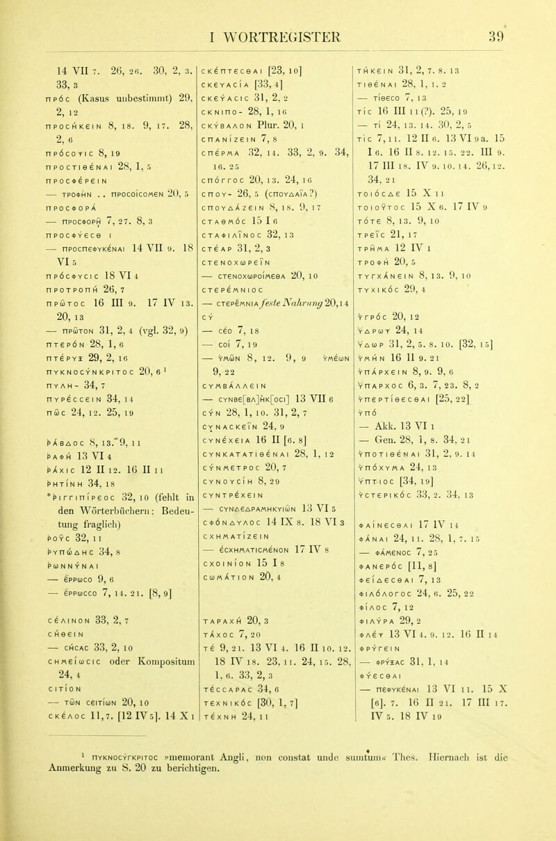 14 VII 7. 26, 2(i. 30, 2, 3. 33, 3 npdc (Kasus uiibestimiiit) 29, 2, 12 npocHKeiN 8, 18. 9, 17. 28, 2, (! np6coYic 8, 19 npocTie^NAi 28, 1, 5 npoc^epeiN TPO<t>HN . . nP0C0IC0M6N 20, npocit>oPA — npoc*oPH 7,2 7. 8,3 npoc<t>Y6ce I — npocne<i)YKeNAi 14 VII «. 18 VI 5 np6c<i>YCic 18 VI 4 npoTPonH 2(3, 7 npuToc 16 III 9. 17 IV 13. 20, 13 — npuTON 31, 2, 4 (vgl. 32, 9) nre p6 N 28, 1, 6 nxe p Yi 29, 2, k; nYKNOCYNKPITOC 20,6' nYAH - 34, 7 nYP^cceiN 34, 14 nffic 24, 12. 25, i9 i^X BAO c 8, 13.* 9, 1 1 PA * H 13 VI4 PAxic 12 II 12. 16 II 11 PHTIN H 34, 18 *pirrin!peoc 32, lo (f'ehlt in den Worterhiicheni; Bedeu- tuiig fraglich) poYc 32, 11 PYnci A H C 34, 8 ^(1) N N N A I — e'ppcoco 9, 6 — eppojcco 7,14.21. [8,9] C 6 A I N 0 N 33, 2, 7 c H e e I N — CHCAC 33, 2, 10 c H M 610) c I c oder Komposituin 24, 4 C ITIO N — tSn CeiTICON 20, 10 cK^Aoc 11,7. [12 IVs]. 14 Xi cK^nreceAi [23, io] CK6YAcf A [33, 4] C K6 -f- A C I C 31, 2, 2 c K NI no - 28, 1, 1G CKYBAAON Plur. 20, 1 cnANizeiN7, 8 cn^pwA .32, 14. 33, 2, 9. 34, ifi. 2.', cn6 rro c 20, 1 3. 24, 1 r. cnoY- 26..', (cnoYAATA?) c n 0 Y A A z e I N S, I s. 9, 1 7 CTASMdc 15 If. cta*iaTnoc 32, 13 ctIap 31, 2, 3 creNoxoopeTN — CTeNoxoopoiMseA 20, 10 CT£PeMNIOC — CTePEMNiA feste Nnhriing10,H c Y — c^o 7, 18 — coi 7, 19 YMUN 8, 12. 9, 9 Y«eU)N 9, 22 CY/ABAAASIN CYNBe[BA]HK[0Cl] 13 VII 6 CYN 28, 1,10. 31,2,7 c Y N AC keTn 24, 9 CYNdxei A 16 II [6. 8] CYNKATATie^NAI 28, 1, 1 2 cynmetpoc 20, 7 cynoycIh 8,2 9 CYNTP^XeiN CYNZ-6APA«HKYIa)N 13 VI 5 c*6nayaoc 14 1X8. 18 VI 3 CXHMATIZeiN ^CXHMATICMSNON 17 IV 8 cxoinIon 15 Is C Ci) « A T I 0 N 20, 4 T A P A X H 20, 3 TAXOC 7, 2 0 re 9,21. 13 VI 4. 16 II10. 12. 18 IV 18. 23, 11. 24, 15. 28, l.fi. 33, 2,3 T^CCAPAC .34, 6 rex N I k6c [30, 1, 7] T 6 X N H 24, 1 1 TH KE I N 31, 2, 7. 8. 13 TieeNAi 28, 1, 1.2 — Tieeco 7, 13 TIC 16 III ii(?). 25, 19 — tI 24, 13. 14. 30, 2,5 TIC 7,11. 12 II 0. 13 VI 9 a. 15 I 6. 16 lis. 12. 15. 22. Ill 9. 17 III IS. IV 9. 10. 14. 26,12. 34, 21 TOldcAE 15 Xll to i 0 yt 0 c 15 x 0. 17 iv 9 t6ts 8, 13. 9, 10 TpeTc 21, 17 T P H M A 12 IV 1 T P 0 <t> H 20, 5 T Y rx A N e I N 8, 1 3. 9, 10 TYxi k6c 29, 4 'i- r p d c 20, 12 Y A P 0) Y 24, 1 4 YAO) p 31, 2, 5. 8. 10. [32, 15] Y« H N 16 II 9. 2 1 Vn A pxe I N 8, 9. 9, 6 VnAPXoc 6,3. 7,23. 8,2 VnePTieeceAi [25,22] Yn6 — Akk. 13 VI 1 — Gen. 28, 1,8. 34, 21 YnoTieeNAi 31, 2, 9. 14 'i-ndxYMA 24, 13 YHT I 0 C [34, 19] YCTEPiKoc 33,2. 34.13 ♦ AiNeceAi 17 IV 14 <t.ANAi 24, 11. 28, 1, 7. 15 <l>AMeN0C 7, 25 *ANep6c [11, 8] *eiAeceAi 7, 13 ♦ lA^Aoroc 24,6. 25,22 *!Aoc 7, 12 ♦ IA Y p A 29, 2 ♦ AGY 13 VI 4. 9. 12. 16 II I 4 4>p-rrei N *P-fIAC 31, 1, 14 ♦YeceAi — ne*YK6NAi 13 VI 11. 15 X [6]. 7. 16 II 2 1. 17 III 17. IV 5. 18 IV 19 ^ nYKNOCYrKPiTOC »nieniorant Angli, iion constat undo sumtuinx I'lics. Ilieriuu'li ist die Anmerkung zu S. 20 zu berichtigfin.