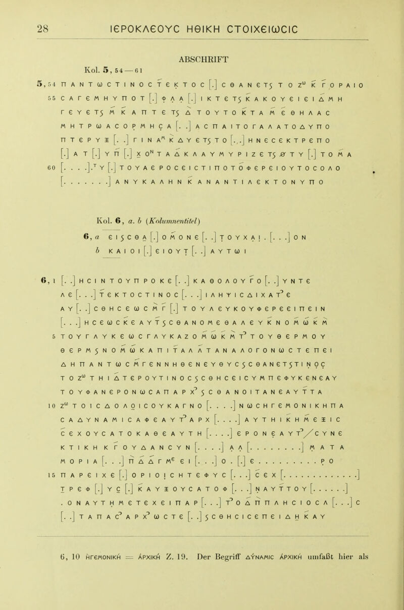 ABSCHRIFT Kol. 5,5 4 — 61 5,r,4 nANTa)CTiNOCTei<Toc[.]ceANeT5 t o k topaio 55CAreMHYnOT[.]'t>AA[.JlKTeT5l<AKOYei6IAMH reYeT5 m KAnTeT5 a toytokta m eeHAAC MHTPC0ACOPMHCa[. .]ACnAITOrAAATOAYnO nTePYi[. .]riNA'^KAYeT5To[. .jHNeceKTPeno [.] A T [.] Y n [.] X 0*^ T A A K A A Y M Y P I Z e T5 -0- T Y [.] T 0 M A 60 [. . . .] J Y[.jTOYAepoceiCTinoTO*epeiOYTOcoAo [ JaNYKAAHN K ANANTIAeKTONYnO Kol. 6, a. h {Kolumnmtitel) G, a ei5ceA|.]oMONe[. .]toyxa!.[. ..]oN b KAIOl[.jeiOYT[. .JaYTUI 6,1 [. .]HCINTOYnPOKe[. .]KAeOAOYfo[. .]YNTe Ae[. ..]TeKTOCTINOc[. ..]lAHYICAlXAT^e ay[. .]ceHcea)CMr[.]TOYAeYKOY<t>epeeineiN [. ..]HCeUCKeAYT5CeAN0MeeAAeYKN0Ma)KM STOYrAYKetOCrAYKAZOMCOKMT^TOYeePMOY eePM5NOMUKAnifAAATANAAoroN(jOCTenei A H n A N T (i) c MreNNHeeNeYeYC5ceANeT5Ti noc T0ZTHIATeP0YTIN0C5CeHCeiCYMne*YKeNeAY TOY>}>ANePON(jOCAnAPX^5CeANOITANeAYTTA 10zTOICAOAOICOYKArNo[. ...jNUCHreMONIKHnA CAAYNAMICA<t>eAYT^APx[. ...jAYTHIKHMGIIC CeXOYCATOKAGGAYTH [....] ePONCAY T^/ C Y N £ KTIKH K rOYAANCYN[. ...] Aa[ ] MATA M 0 p I A [. . .] TT A A r e I [. . .] 0 . [.] e P 0 i5nAPeixe[.Jopio!CHTe<t>Yc[. ..]cex[ ] TPe<t>[.jYc[.]KAYiOYCATO<t>[. ..jNAYTTOYf ] .ONAYTHMeTexeinAP[. ..]T^OAnnAHCIOCA[. ..]c [. .jTAnAC^APx^a)CTe[. .]5ceHciceneiAHKAY (j, 10 HreMONiKH — APXIKH Z. 19. Der Begriff aynamic apxikh innfaBt hier als