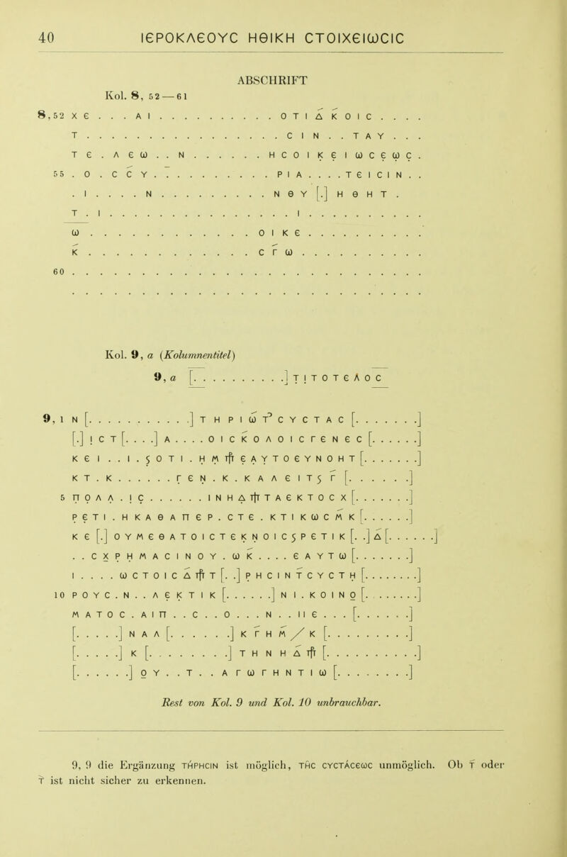 ABSCHRIFT Kol. 8, 5 2 — 61 8,52Xe. . . Al OTIAKOIC. . . T C1N..TAY.. Te . A eo).. N HcoiKeicocewc 55. 0 . CCY PIA....TeiCIN. .I....N NeY[.]HeHT. T.I I 0) OIKG K era). 60 Kol. 9, a (Kolumnentitel) 9, a [ IjiTOTeAoc 9, 1 N [ ] T H P I W C Y C T A C [ ] [.] I c T [. . . .] A . . . . 0 I c i< 0 A 0 I c r e N e c [ ] Ke I ..I.SOTI.HMTfreAYTOeYNOHT[ ] KT.K reN.K.KAAeiT5f [ ] 5 nOAA . IC INHATtTTAeKTOCx[ ] PeTI.HKAeAneP.CTe.KTIKUCMKf ] Ke[.]oYMeeATOicTeKNOic5PeTiK[. .]a[ ..CXPHMACINOY.U)K....eAYTa)[ ] 1 . . . . cocToiCATfrT[. .]phcintcycth[ ] iopoYC.N..Aei<TiK[ ]ni.koino[ ] MATOC.Ain..C..O...N..Iie...[. .....J [ ] N A A [ ] K r H M K [ ] [ ] K [ ] H N H A rfr [ ] [ ] oy. .t. . A ra)rHNTi(jo[ ] Rest von Kol. 9 und Kol. 10 unbrauchhar. 9, 9 die Ergaiiziing thphcin ist inoglich, thc CYCTACecoc unmoglich. Ob t oder T ist nicht sicher zu erkeniien.