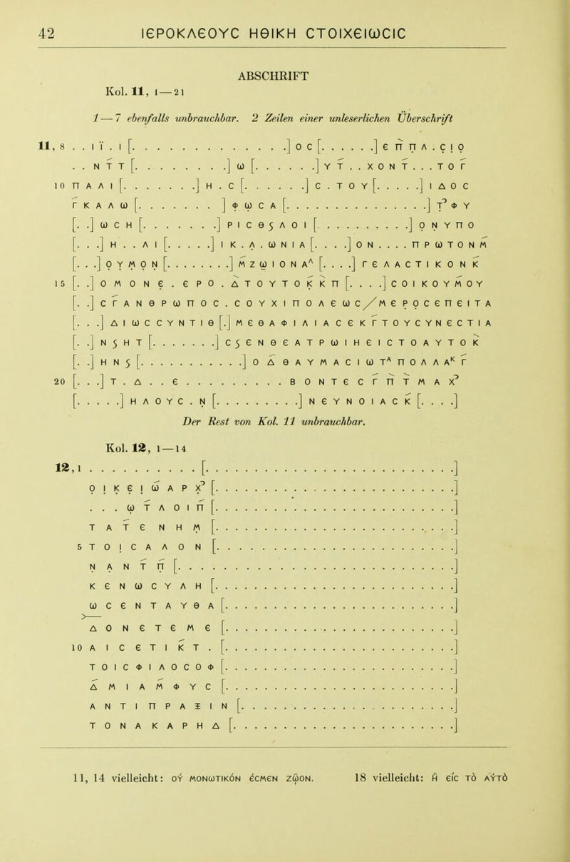 ABSCHRIFT Kol. 11, 1 — 2 1 1 — 7 ebenfalls unbrauchhar. 2 Zeilen einer unleserlichen Uberschrift 11, 8 . . I V . I [. ] 0 c [ ] e TT n A . c ! 0 ..NTt[ ]'^[ ]YT..XONT...TOr 10 n A A I [ ] H . C [ ] C . T 0 Y [ ] I A 0 C fKAAa)[ ]*a)CA[ ]t^<j>y coch[ ]pice5A0i[ joNYno .]h. .ai[ ]l K.A.U)NIa[. . . .]0N....nPa)T0NM ]0YM0n[ ]mZ(i)IONA'^[. ...jreAACTIKONK 15I..I0M 0 N e . e PO.ATOYTOI<l<n[. ...]C0IK0YM0Y crANepconoc.coYxinoAecoc /^m e POceneiTA .]AIU)CCYNTie[.]MeeA<t>IAIACeKrTOYCYNeCTIA n5ht[ ]c5eNeeATPU)iHeicT0AYT0K HN5[ joAGAYMACIUT'^nOAAA'^f 20r. ..]T.A..e BONTGCrrTTMAX^ ..]hAOYC.n[ ]NeYNOIACK[. ...] Der Rest von Kol. 11 unhrauchbar. Kol. 12, 1 — 14 12,1 0 I K e I d) A P [. . . . . 0) f A 0 I n [. . TATG NHm[. . 5T0!CAA0n[. . N A N f n [ KeN(i)CYAH[. . a)ceNTAYeA[. AONeTeMe[. lOA I C eTI KT. [. T0IC<J>IA0C04)[. AMIAM<t>Yc[. ANTI nPAIlN TONA kapha! 11, 14 vielleicht: oy M0Na)TiK6N ecweN zcoon. 18 vielleicht: H eic to ayt6