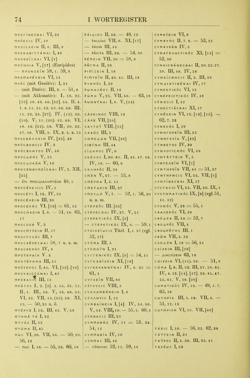 npor!Nec6Ai VI, 22 isAiAioc n, 50. — 48, 10 c Y « * Y e 1 N VI, 8 n p6 6 c1c IV, 18 PAIAIUC VII, 0. XI, [ CY«<I>YHC II, 7.8. 53,2 1 n P 0 ( C X 6 1 N II, (i. Ill, 9 ■ i^AION III, 44 CYMOYPAN IV, 5 npoKAeicxANAi I, 48 ^AICTA III, 39. 54, 30 CYNAreAACTIK6c XI, [14] = npoKeTceAi VI, [i] p^ne 1 N VII, 30 = 58, 8 52, 30 np6NoiA V, [it] (Euripides) t>fir«A 11,38 CYNAiceXNeceAi 11, 2 0.2 2.27. — npoNoeTN 58, i. 59,6 ^1 n 1 Z 6 1 N I, 18 38. Ill, 48. IV, 58 nponAP^xeiN VI, 14 p 1 nreTN II, 40. 41. Ill, 1 8 CYNAICeHCIC 11,3. 111,5 0 np6c (mit Genitiv): 1,2 1 ^Ye«6c 1,2 9 CYNAIATie^NAl IV, 17 — (niit Dativ): III, 2. — 51 > 8 ^UMAA^OC II, 19 CYN6KTIk6c VI, 12 — (niit Akkusativ): I, lo. 23. P(i« H V, 2 5. VU, 5 0. — 63,18 CYNeP6ICTIK6c IV, 4 8 |:!3]. 40. 45. 40. |52]. 54. II, 4. i>a) N N N A 1 I, 6. V, (1 4) CYNECIC I, 4 2 7. 8. 1 I. 21. 52. 53. 50. 59. Ill, CYN6CTIACeAI XI, 1 7 15. 22. 25. [27]. IV, (1 3). 2 0. C A PK 1 N OC VIII, 1 4 CYN^XeiN VI, 12. [ 13]. [ 15]. — (59). V, 1 1. (20). 42. 49. VI, cApi VII, [2 0] 62, 7. 23 48. 49. (52). 59. VII, 20. 22. C AYTO Y VIII, [12] CYNeXHC I, 19 27. 40. VIII, y. IX, 3. 5. 9. 13 C A ♦ ffi C III, 5 CYNHrOPe?N III, 5 2 npocBAAAeiN IV, [45]. 46 c H n e A (i N VII, 12 01 CYNHrOPIA V, [43] np6cBAHcic IV, 2 C 1 B Y N H III, 44 CYNeeroc IV, 39 np6cBAHT0C IV, 4 0 C 1 A H P 0 C IV, 9 CYNA0riC«6c VI, 4 9 nPOCACHC V, 2 5 CKeAoc I, 00. 61. II, 44 47. 49. cyntAttgin V, 5 nPOCAOKAN V, 10 IV, 18. — 60, 9 cYNte AeTN VI, [i] npoceNBYMeTceA i IV, 3. XII, C K A H p6c II, 24 CYNTHPeTN VII, 44 =51,27 [55] CHAN V, 57. 53, 8 CYNTHPHCIC VI, 55. VII, [l] — en npocAiAAHnjeoN 48, 5 Cn^PMA 1,5. 14 cYNTieeceAi XI, 17 npoc^peicic IV, i c n e Y A e 1 N III, 2 7 CYCTACIC VI, 52. VII, 50. IX, 1 npoc^Ti I, 15. IV, 25 cnoYAH V, 7. — 52, 1 56, 20 cycth«atik6c IX, [9] (vgl.51, npocexeiN III, 2i> u. a. 111. 11. 12) npocexHC VI, 11 9| = 61, 13 c re p 6 6 c III. [35] cyxn6c V, 28 = 55, 1 n P 0 C H K £ 1 N I, (i. — 51,18. 63, cxepecGAi IV, 2 7. V, ,' 1 c*aa6p6c VI, 58 I 7 cTepKTiK6c IX, [3] c*6apa II, 54 = 52, 7 npocoxH V, 5 CT6PKTIKUC IX, 0. - 59.1 C 4> 0 A P 6 C VII, 4 npocnryeiN II, 17 CTO1 xei (i)c 1 c Titel. 1,1. 3 7 (Vgl. c4>oap6thc IU, 1 nPOCTYXHC III, 7 52, 17) C* fi N VII, 3. 32 npoc*^peceAi 58, 7 u. a. III. C T 6 M A m, 5 cxeAON I, 18 = 56, 21 npoc*epHC IV, 8 CTOMOYN 1,2 1 C X 1 Z 6 1 N III, [I8] nP0T6PAiA V. 5 CYrr€NiK6c IX, [4] = 54, 11 AlACxizEIN 68, 1 9 nPOT^PHMA III, 5 1 CYTKAeiZeiN XI, 11 8| ClilzeiN VI,(15). 39. — 51,8 np6Tepoc I, 41. VI, [12]. [ «l CYTKePANNYNAI IV, 0 22 = CUMA 1, 8. 11, 22. 111, 57. 58.01. nPOY*ICTANAI ],48 61, 1 IV, 4. 13. [14]. [17]. 39. 45. 47. n p 6 * A c 1^ III, 13 CYTxeTN VII, 00 52. 0 1. V, 19. [20J nPCOTOC I, 2. [3]. 4. 15. 35. 5 1. c Y r X Y c1c VIU,3 Ca)MATlK6c IV, 12. — 49, 1. 7. II, 1. Ill, 56. V, 45. 48. 5 1. cyaaambXn6in I, 0 63, 18 VI, 51. VII, 43.(52). 58. XI, CYAAHYIC 1,12 C 0) T H P i A III, 5. 19. VII, 4. 13. — 50, 21 u. 6. CYMBAINEIN I, [4]. IV, 54. 56. 51, 12. 13 nr^PYI 1, 5 2. 111, 4 3. V, 58 V, 44. Vm.io. — 55,5. 60,4 CUTHPION VI, 58. VII, [40] othnA tA I, 5 2 C Y « B A C 1 C III, 2 3 nrvAC II, 12 CYMnASHC IV, 11 = 53, 24. nrfi « A II, 45 54, 12 tAii c I, 10. — 56, 22. 62, 29 nil) c VI, 26. VII, 50. — 50, 20. CYMOAeiA IV, 10 T A T T 6 1 N II, 2 1 56, 12 CYMHA C lU, 40 TAYPOC 11,5.20. 111, 23.41 — n(DC I, 16. — 55, 23. 60, 18 CYNOAOC 52, I 1. 59, 14 TAX^UC I, 2 3