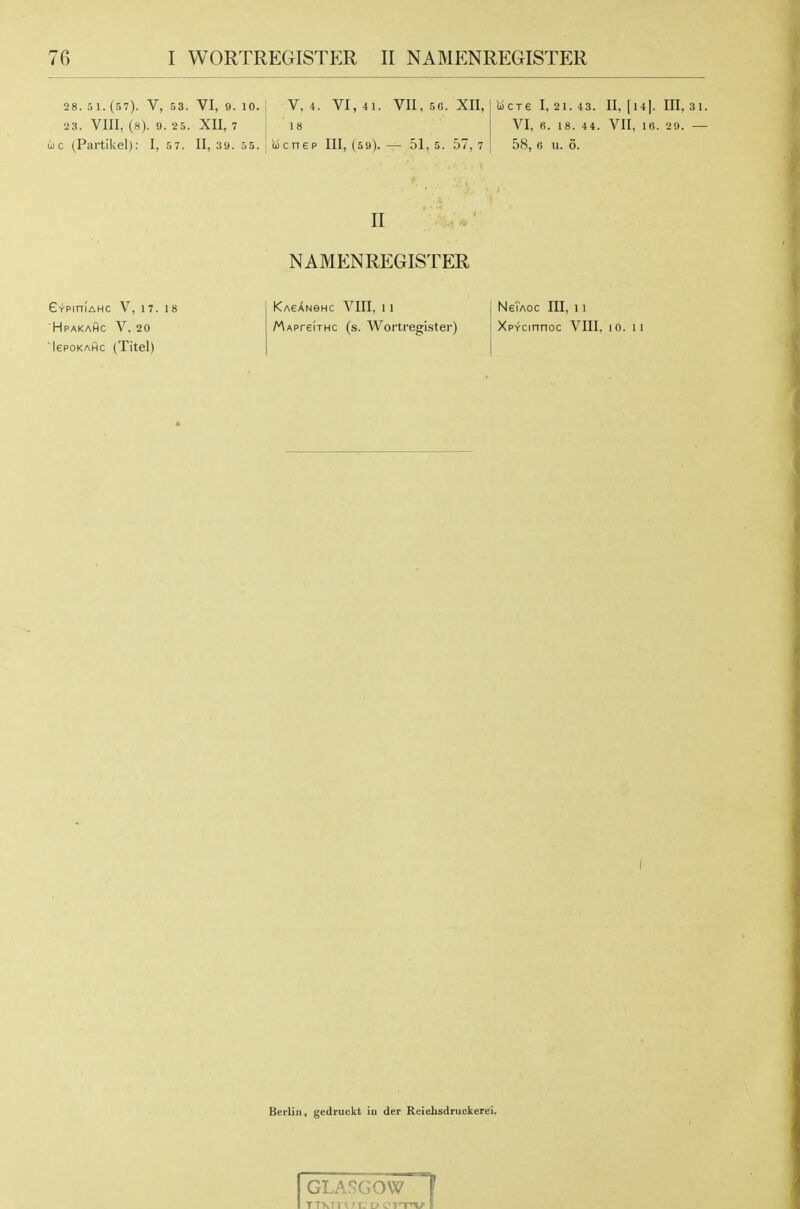 28. 5 1.(57). V, 53. VI, 9. 10. I V, 4. VI, 4 1. VU,5G. XII, ■23. VIII, (8). 9. 25. XII, 7 I 18 )c (Partikel): I, 57. II, 39. 55. ; uicnep III, (59). — 51, 5. 57, 7 ucre I, 21. 43. n, [i4|. ni, 31. VI, R. 18. 44. VII, 16. 29. — 58, 0 u. 6. II NAMENREGISTER GypiniAHC V, 17. 18 'HPAKAHC V. 20 lepoKAHC (Titel) KAeANSHC VIII, 1 1 MAPreiTHC (s. Wortregister) Ne?Aoc m, 11 XpYcinnoc VIII, i o. 11 Berlin, gedruckt in der Reichsdruckerei. GLASGOW f