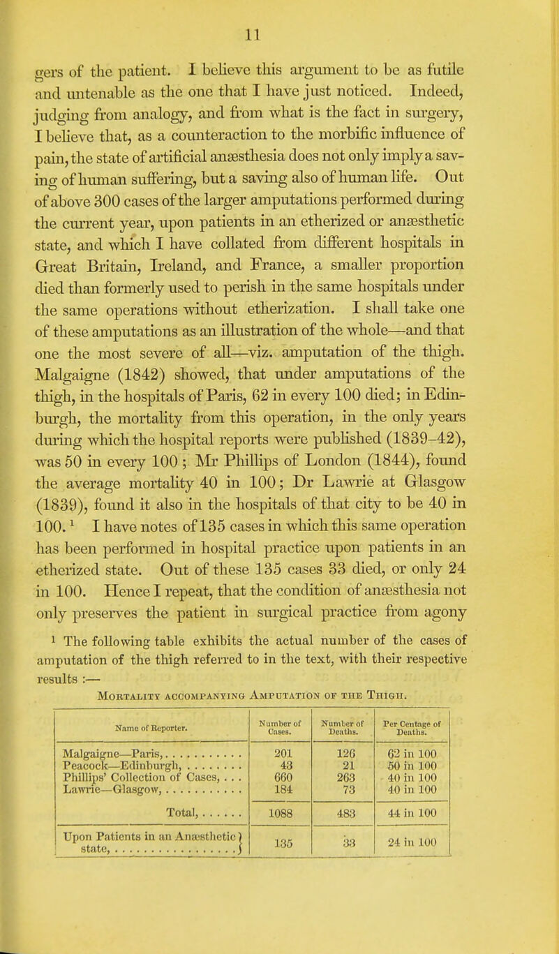 gers of the patient. I believe tins argument to be as futile and untenable as tlie one that I have just noticed. Indeed, judging from analogy, and from what is the fact in surgery, I believe that, as a counteraction to the morbific influence of pain, the state of artificial anaesthesia does not only imply a sav- ing of human suffering, but a saving also of human life. Out of above 300 cases of the larger amputations performed during the current year, upon patients in an etherized or anaesthetic state, and which I have collated from different hospitals in Great Britain, Ireland, and France, a smaller proportion died than formerly used to perish in the same hospitals under the same operations without etherization. I shall take one of these amputations as an illustration of the whole—and that one the most severe of all—viz. amputation of the thigh. Malgaigne (1842) showed, that under amputations of the thigh, in the hospitals of Paris, 62 in every 100 died; in Edin- burgh, the mortality from this operation, in the only years during which the hospital reports were published (1839-42), was 50 in every 100 ; Mr Phillips of London (1844), found the average mortality 40 in 100; Dr Lawrie at Glasgow (1839), found it also in the hospitals of that city to be 40 in 100.1 I have notes of 135 cases in which this same operation has been performed in hospital practice upon patients in an etherized state. Out of these 135 cases 33 died, or only 24 in 100. Hence I repeat, that the condition of anaesthesia not only preserves the patient in surgical practice from agony 1 The following table exhibits the actual number of the cases of amputation of the thigh referred to in the text, with their respective results :— Mortality accompanying Amputation of the Thigh. Name of Reporter. Number of Cases. Number of Dentils. Per Centnge of Deaths. Phillips' Collection of Cases, . . . Total, 201 43 660 184 126 21 263 73 62 in 100 50 in 100 40 in 100 40 in 100 1088 483 44 in 100 Upon Patients in an Ana'Stlictic) 135 33 24 in 100