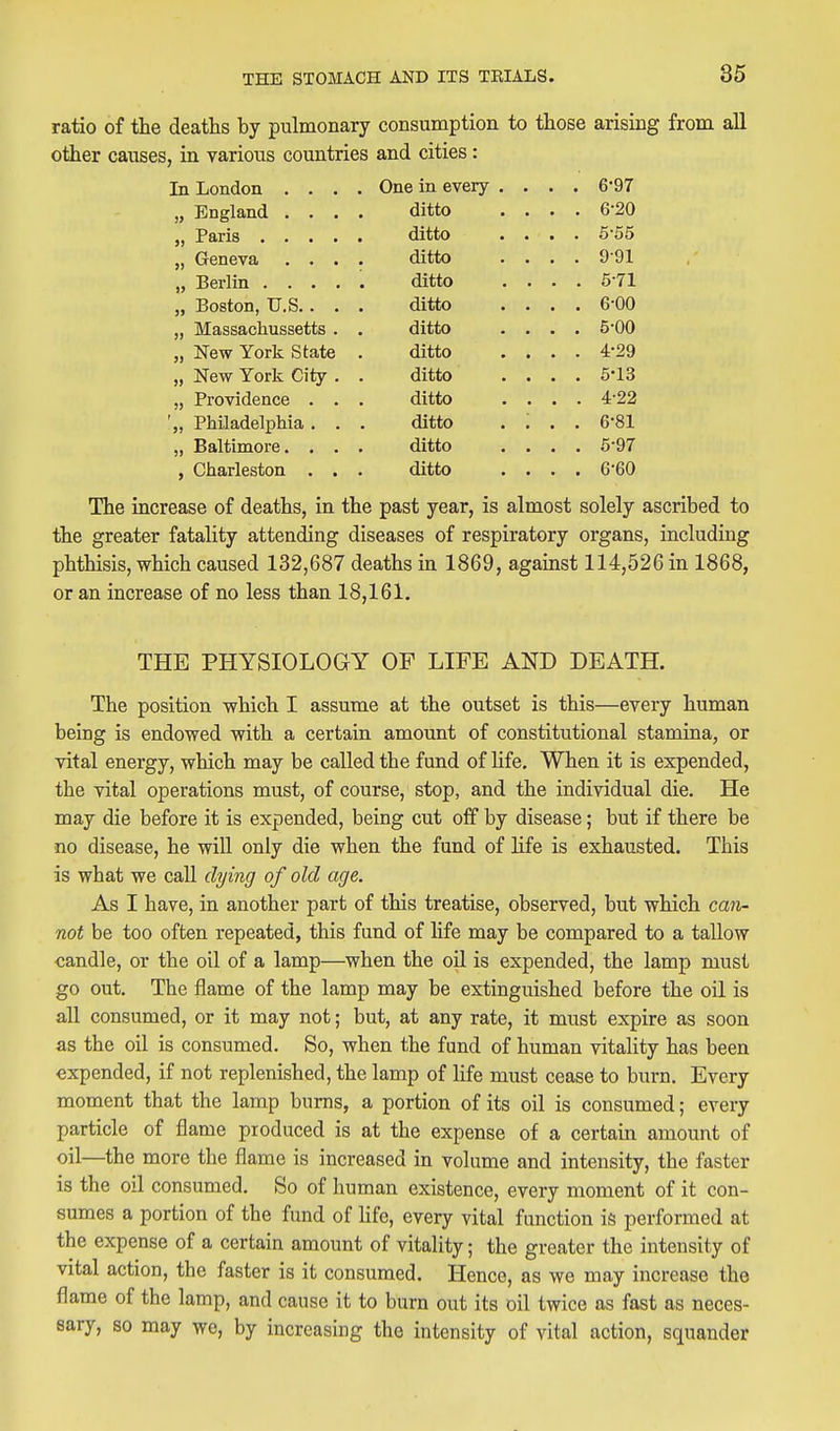 ratio of the deaths by pulmonary consumption to those arising from all other causes, in various countries and cities: jji juonciou • • • Onp in (^verv . . 6'97 JljDglarllU. • • • ditto • • . . 6'20 jj Paris . . • • . . 555 J J VJCilC VCL « • • ditto • • . . 9-91 t3 fit* 11 jj x3eriiii . . * • ditto . . 6'71 Eoston U S , ditto . . . 6-00 „ Massachussetts . ditto . . . . 5-00 „ New York State ditto . . . . 4-29 „ New York City . ditto . . . . 5-13 „ Providence . . ditto . . . . 4-22 '„ Philadelphia . . ditto . . . 6-81 „ Baltimore. , . ditto . . . . 5-97 , Charleston . . ditto . . . . 6-60 The increase of deaths, in the past year, is almost solely ascribed to the greater fatality attending diseases of respiratory organs, including phthisis, which caused 132,687 deaths in 1869, against 114,526 in 1868, or an increase of no less than 18,161. THE PHYSIOLOGY OP LIFE AND DEATH. The position which I assume at the outset is this—every human being is endowed with a certain amount of constitutional stamina, or vital energy, which may be called the fund of hfe. When it is expended, the vital operations must, of course, stop, and the individual die. He may die before it is expended, being cut off by disease; but if there be no disease, he will only die when the fund of life is exhausted. This is what we call di/ing of old age. As I have, in another part of this treatise, observed, but which can- not be too often repeated, this fund of life may be compared to a tallow •candle, or the oil of a lamp—when the oil is expended, the lamp must go out. The flame of the lamp may be extinguished before the oil is all consumed, or it may not; but, at any rate, it must expire as soon as the on is consumed. So, when the fund of human vitality has been expended, if not replenished, the lamp of life must cease to burn. Every moment that the lamp burns, a portion of its oil is consumed; every particle of flame produced is at the expense of a certain amount of oil—the more the flame is increased in volume and intensity, the faster is the oil consumed. So of human existence, every moment of it con- sumes a portion of the fund of Hfe, every vital function is performed at the expense of a certain amount of vitality; the greater the intensity of vital action, the faster is it consumed. Hence, as we may increase the flame of the lamp, and cause it to burn out its oil twice as fast as neces- sary, so may we, by increasing the intensity of vital action, squander
