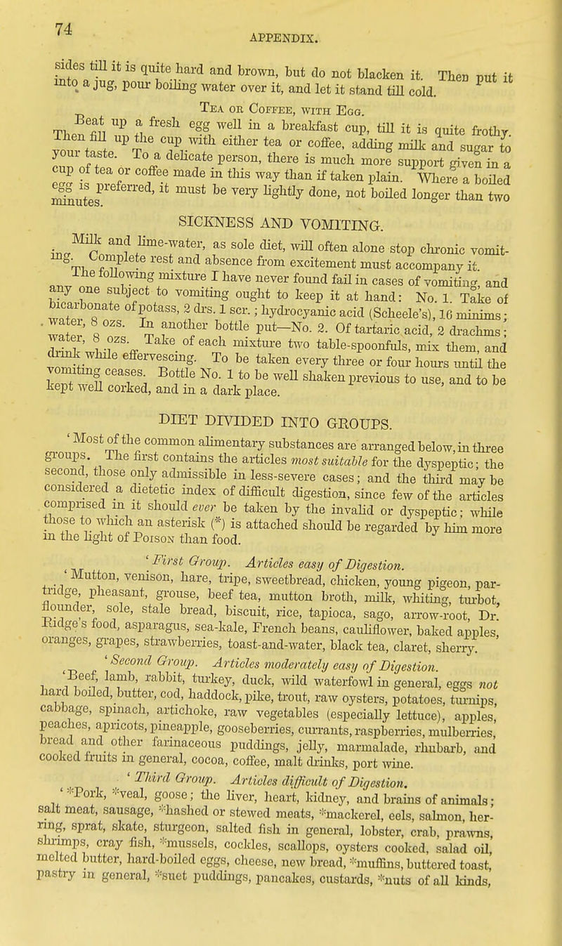 APPENDIX. Sides tm it is quite hard and brown, but do not blacken it. Then put it into a jug, poui- boiling water over it, and let it stand tiU cold. Tea ob Coffee, with Egg TbP. fii*i f^ ^'''^ '^^ ^ ^''^^'^ ''^P' it i« l^te frothy your tite'^To' Tr'f' ^^^^ t^o youi taste. To a dehcate person, there is much more support mven in a cup of tea or coffee made in tins way than if taken plain, merfa boHed e^^i^preferred, it must be veiy lightly done, not boHed longer thanTwo SICICNESS AND VOMITING. Millc and Hme-water, as sole diet, wiU often alone stop chronic vomit- ^•rp, rest and absence from excitement must accompany it ihe foHowmg mixture I have never found faH in cases of vomiting; and any one subject to vomiting ought to keep it at hand: No. 1 Take of bicarbonate ofpotass, 2 cbs. 1 scr.; hydi-ocyanic acid (Scheele's), 16 minims; ' water sTs ^.1 r T'- '''-'^'•^ ' <^-^« = wl n \ table-spoonfuls, mix them, and vZ H^^^' effei-vescmg. To be taken every three or four- hours imtil the W wpfl ri''. f '''^ shaken previous to use, and to be Kept wen corked, and m a dark place. DIET DIVIDED INTO GROUPS. 'Most of the common alimentary substances are arranged below, in three gioups. The first contains the articles most suitable for the dyspeptic- the second, those only admissible in less-severe cases; and the thh-d may be considered a clietetic index of difficult digestion, since few of the articles compnsed m It should...,- be taken by the invahd or dyspeptic: while those to Yluch an asterisk is attached should be regarded by him more m the hght of Poison than food. ' First Orouj). Articles easy of Digestion. 'Mutton, venison, hare, tripe, sweetbread, chicken, young pigeon, par- tridge pheasant, grouse, beef tea, mutton broth, milk, whiting, tm-bot, flounder sole, stale bread, biscuit, rice, tapioca, sago, arrow-root, Dr! Kidges food, asparagus, sea-kale, French beans, cauHflower, baked apples oranges, gi-apes, strawberries, toast-and-water, black tea. claret, sherry. ' ' Second Group. Articles moderately easy of Bigestion 'Beef, lamb, rabbit, tui-key, duck, wild waterfowl in general, eggs not hard boiled, butter, cod, haddock, pike, trout, raw oysters, potatoes, tiu-nips, cabbage, spinach, artichoke, raw vegetables (especially lettuce), apples peaches, apricots, pineapple, goosebemes, currants, raspberries, mulbemes, bread and other farinaceous puddings, jeUy, marmalade, rhubarb, and cooked fruits in general, cocoa, coffee, malt di-inks, port wine. ' Third Group. Articles difficult of Digestion. '-Pork, =;=veal, goose; tlie hver, heart, kidney, and brains of animals; salt meat, sausage, -hashed or stewed meats, *mackerel, eels, sahnon her- ring, sprat, skate, sturgeon, salted fish in general, lobster, crab, prawns, shiTjnps, Cray fish, -mussels, cocldes, scaUops, oysters cooked, salad oil, melted butter, hard-boUed eggs, cheese, new bread, -muflins, buttered toast, pastry m general, *suet puddings, pancakes, custards, *nuts of aU Mnds,