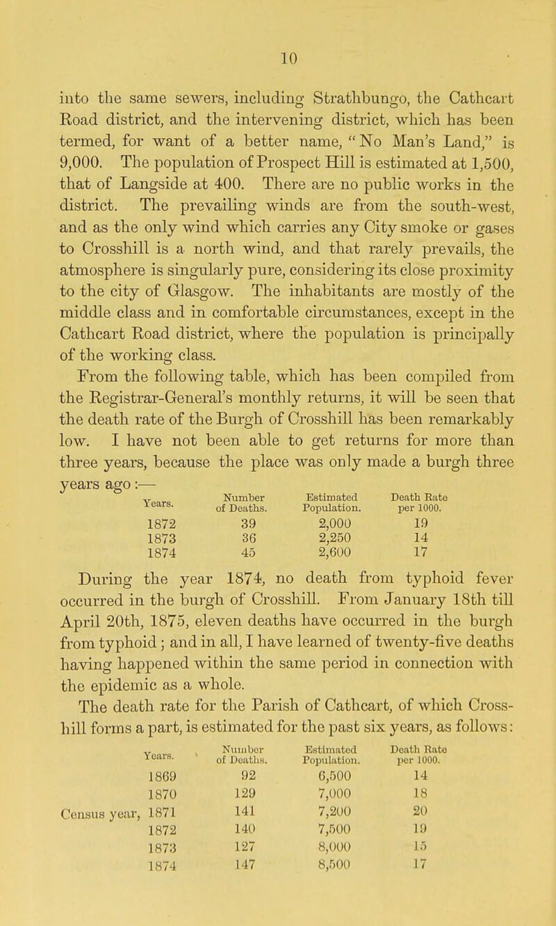 into the same sewers, including Strathbungo, the Cathcart Road district, and the intervening district, which has been termed, for want of a better name,  No Man's Land, is 9,000. The population of Prospect Hill is estimated at 1,500, that of Langside at 400. There are no public works in the district. The prevailing winds are from the south-west, and as the only wind which carries any City smoke or gases to Crossbill is a north wind, and that rarely prevails, the atmosphere is singularly pure, considering its close proximity to the city of Glasgow. The inhabitants are mostly of the middle class and in comfortable circumstances, except in the Cathcart Koad district, where the population is principally of the working class. From the following table, which has been compiled from the Registrar-General's monthly returns, it will be seen that the death rate of the Burgh of Crossbill has been remarkably low. I have not been able to get returns for more than three years, because the place was only made a burgh three years ago:— Number Estimated Death Rate lears. of Deaths. Population. per 1000. 1872 39 2,000 19 1873 36 2,250 14 1874 45 2,600 17 During the year 1874, no death from typhoid fever occurred in the burgh of CrosshiU. From January 18th till April 20th, 1875, eleven deaths have occurred in the burgh from typhoid; and in all, I have learned of twenty-five deaths having happened within the same period in connection with the epidemic as a whole. The death rate for the Parish of Cathcart, of which Cross- hill forms a part, is estimated for the past six years, as follows: Years. ' Nuinbor Estimated Death Rato of Deaths. Population. per 1000. 1869 92 6,500 14 1870 129 7,000 18 Census year, 1871 141 7,200 20 1872 140 7,500 19 1873 127 8,000 15 1874 147 8,500 17