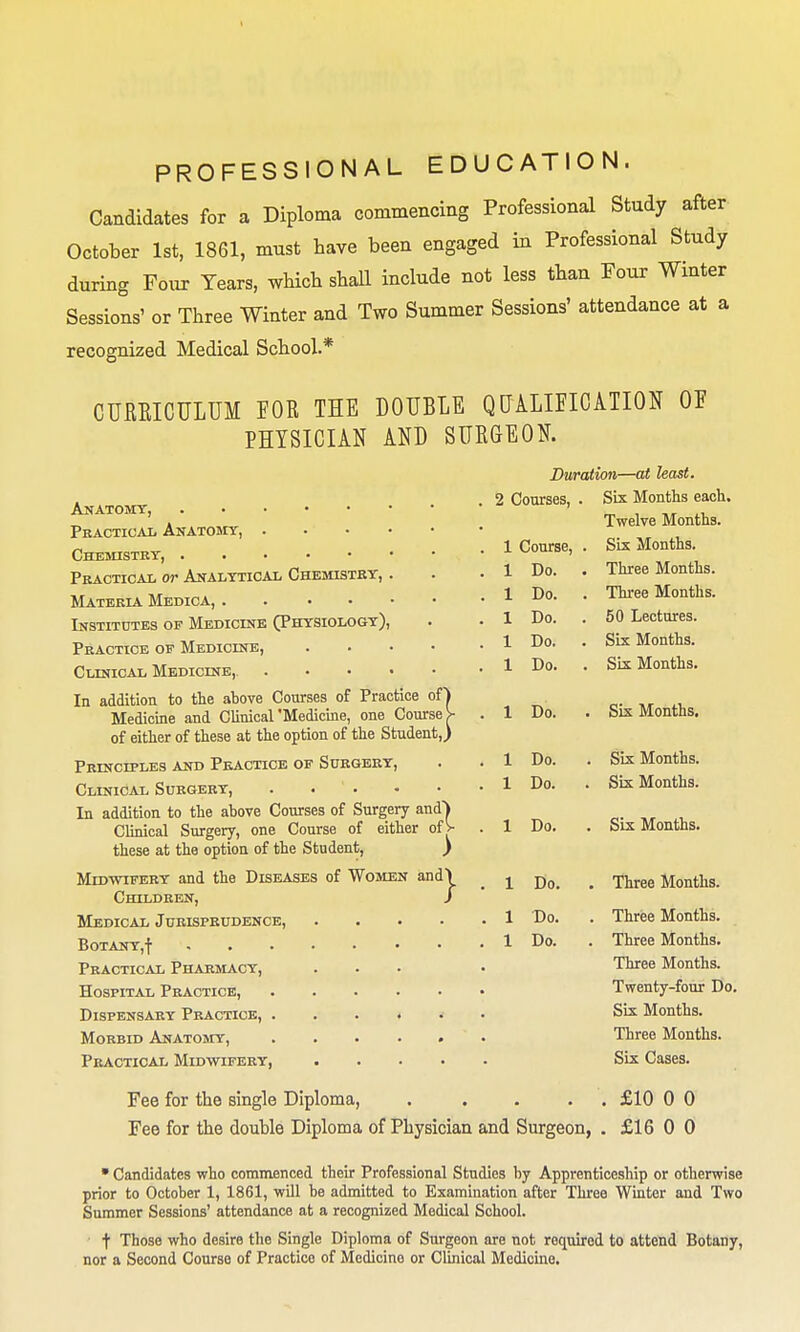 PROFESSIONAL EDUCATION. Candidates for a Diploma commencing Professional Study after October 1st, 1861, must have been engaged in Professional Study during Four Years, which shall include not less than Four Winter Sessions' or Three Winter and Two Summer Sessions' attendance at a recognized Medical School.* CURRICULUM FOR THE DOUBLE QUALIFICATION OF PHYSICIAN AND SURGEON. Duration—at least. 2 Courses, 1 Course, 1 Do. 1 Do. 1 Do. 1 Do. 1 Do. Anatomy, Practical Anatomy, Chemistry, Practical or Analytical Chemistry, . Materia Medica, Institutes of Medicine (Physiology), Practice of Medicine, . Clinical Medicine, In addition to the above Courses of Practice of| Medicine and Clinical'Medicine, one Course > of either of these at the option of the Student,) Principles and Practice of Surgery, Clinical Surgery, In addition to the above Courses of Surgery andi Clinical Surgery, one Course of either of> these at the option of the Student, ) Midwifery and the Diseases of Women and\ Children, / Medical Jurisprudence, B0TANY,f Practical Pharmacy, Hospital Practice, Dispensary Practice, . Morbid Anatomy, Practical Midwifery, Fee for the single Diploma, .... Fee for the double Diploma of Physician and Surgeon, 1 Do. 1 Do. 1 Do. 1 Do. 1 Do. Do. Do. Six Months each. Twelve Months. Six Months. Three Months. Three Months. 50 Lectures. Six Months. Six Months. Six Months. Six Months. Six Months. Six Months. Three Months. Three Months. Three Months. Three Months. Twenty-four Do. Six Months. Three Months. Six Cases. £10 0 0 £16 0 0 • Candidates who commenced their Professional Studies by Apprenticeship or otherwise prior to October 1, 1861, will be admitted to Examination after Three Winter and Two Summer Sessions' attendance at a recognized Medical School. t Those who desire the Single Diploma of Surgeon are not required to attend Botany, nor a Second Course of Practice of Medicine or Clinical Medicine.