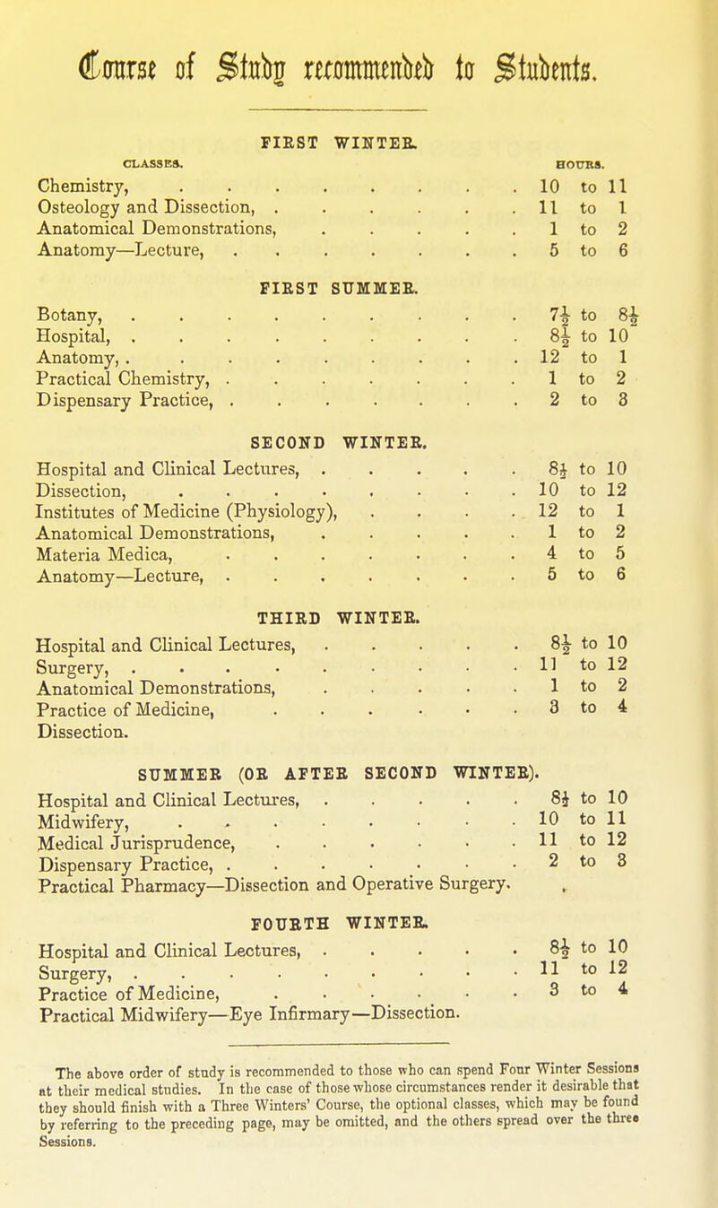 dtarse of Stabs rtnrntMntob (0 Stabents. FIRST WINTER, Chemistry, ...... Osteology and Dissection, . . . . Anatomical Demonstrations, Anatomy—Lecture, . FIRST SUMMER. Botany, ....... Hospital, ....... Anatomy, . ...... Practical Chemistry, . . . . . Dispensary Practice, . . . . . SECOND WINTER Hospital and Clinical Lectures, . Dissection, .... Institutes of Medicine (Physiology), Anatomical Demonstrations, Materia Medica, Anatomy—Lecture, THIRD WINT: Hospital and Clinical Lectures, Surgery, . . Anatomical Demonstrations, Practice of Medicine, Dissection. oocrs. 10 to 11 11 to I 1 to 2 5 to 6 7| to 81 8£ to 10 12 to 1 1 to 2 2 to 3 8h to 10 10 to 12 12 to 1 1 to 2 4 to 5 5 to 6 81 to 10 11 to 12 1 to 2 3 to 4 SUMMER (OR AFTER SECOND WINTER). Hospital and Clinical Lectures, .... Midwifery, . Medical Jurisprudence, ..... Dispensary Practice, Practical Pharmacy—Dissection and Operative Surgery. FOURTH WINTER. Hospital and Clinical Lectures, .... Surgery, . . . . . Practice of Medicine, ..... Practical Midwifery—Eye Infirmary—Dissection. 8i to 10 10 to 11 11 to 12 2 to 3 8£ to 10 11 3 to 12 to 4 The above order of study is recommended to those who can spend Four Winter Sessions at their medical studies. In the case of those whose circumstances render it desirable that they should finish with a Three Winters' Course, the optional classes, which may be found by referring to the preceding page, may be omitted, and the others spread over the three Sessions.