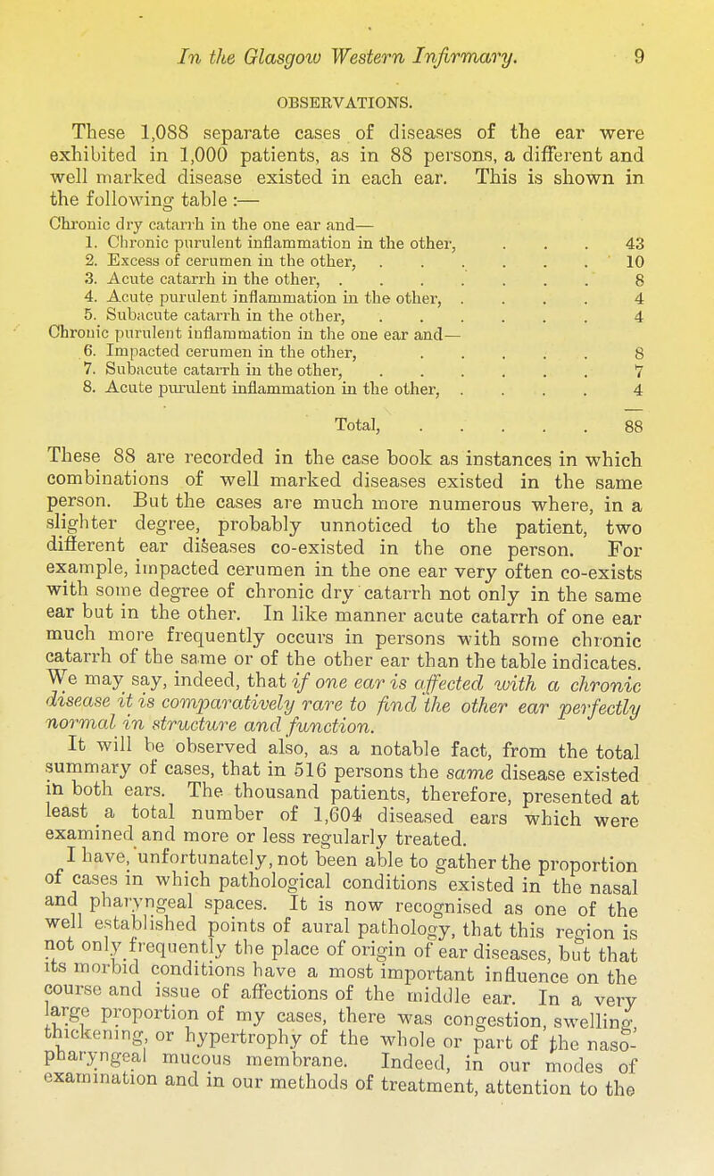 OBSERVATIONS. These 1,088 separate cases of diseases of the ear were exhibited in 1,000 patients, as in 88 persons, a different and well marked disease existed in each ear. This is shown in the followino- table :— o Chi'onic dry catanh in the one ear and— 1. Chronic purulent inflammation in the other, ... 43 ■   - - - 8 4 4 2. Excess of cerumen in the other, 3. Acute catarrh in the other, . 4. Acute purulent inflammation in the other, 5. Subacute catarrh in the other, Chronic purulent inflammation in the one ear and- 6. Impacted cerumen in the other, 7. Subacute catari'h in the other, 8. Acute purulent inflammation in the other, V 4 Total, 88 These 88 are recorded in the case book as instances in which combinations of well marked diseases existed in the same person. But the cases are much more numerous where, in a slighter degree, probably unnoticed to the patient, two difierent ear diseases co-existed in the one person. For example, impacted cerumen in the one ear very often co-exists with some degree of chronic dry catarrh not only in the same ear but in the other. In like manner acute catarrh of one ear much more frequently occurs in persons with some chronic catarrh of the same or of the other ear than the table indicates. We may say, indeed, that if one ear is affected with a chronic disease it is comparatively rare to fend the other ear perfectly normal in structure and function. It will he observed also, as a notable fact, from the total summary of cases, that in 516 persons the same disease existed m both ears. The thousand patients, therefore, presented at least _ a total number of 1,604 diseased ears which were examined and more or less regularly treated. I have, unfortunately, not been able to gather the proportion of cases in which pathological conditions existed in the nasal and pharyngeal spaces. It is now recognised as one of the well established points of aural pathology, that this region is not only frequently the place of origin of ear diseases, but that Its morbid conditions have a most important influence on the course and issue of afl^ections of the middle ear. In a very large proportion of my cases, there was congestion, swelling thickening or hypertrophy of the whole or part of the naso- pharyngeal mucous membrane. Indeed, in our modes of examination and in our methods of treatment, attention to the