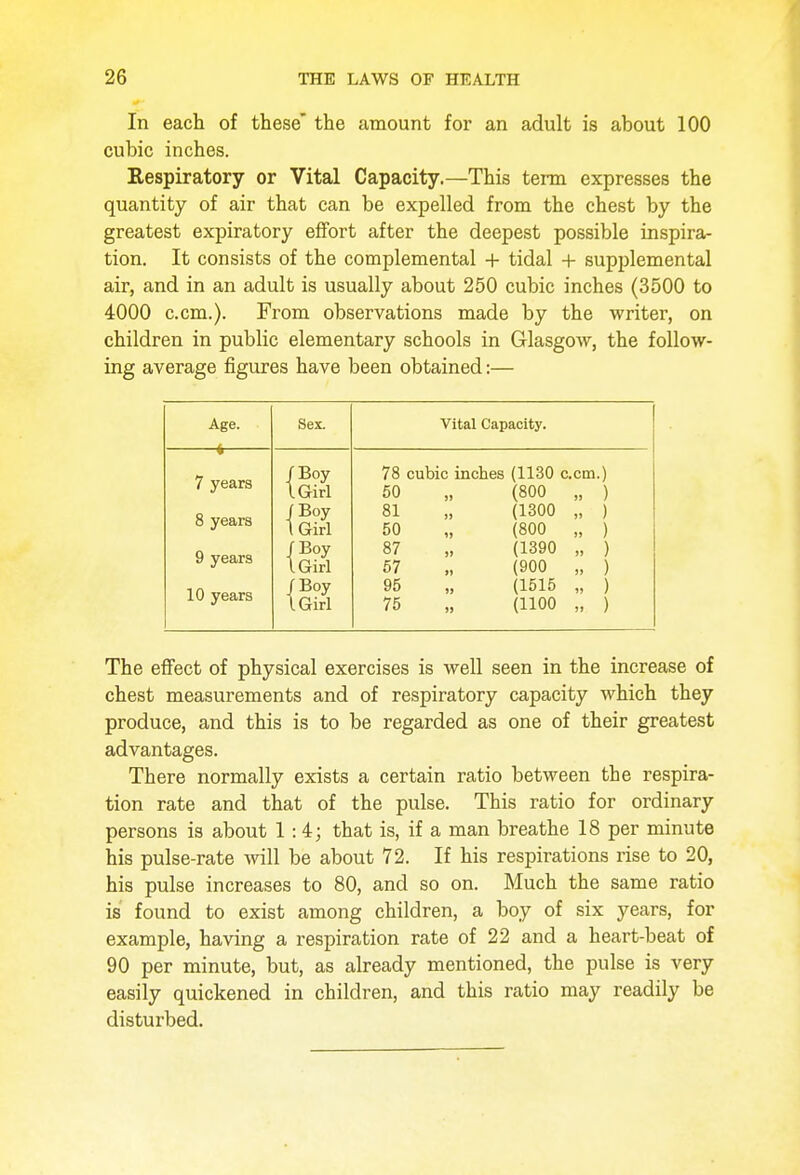 In each of these the amount for an adult is about 100 cubic inches. Respiratory or Vital Capacity.—This term expresses the quantity of air that can be expelled from the chest by the greatest expiratory effort after the deepest possible inspira- tion. It consists of the complemental + tidal + supplemental air, and in an adult is usually about 250 cubic inches (3500 to 4000 ccm.). From observations made by the writer, on children in public elementary schools in Glasgow, the follow- ing average figures have been obtained:— Age. Sex. Vital Capacity. * 7 years 8 years 9 years 10 years /Boy IGirl /Boy (Girl /Boy IGirl /Boy IGirl 78 cubic inches (1130 ccm.) 50 „ (800 „ ) 81 „ (1300 „ ) 50 „ (800 „ ) 87 „ (1390 „ ) 57 „ (900 „ ) 95 „ (1515 „ ) 75 „ (1100 „ ) The effect of physical exercises is well seen in the increase of chest measurements and of respiratory capacity which they produce, and this is to be regarded as one of their greatest advantages. There normally exists a certain ratio between the respira- tion rate and that of the pulse. This ratio for ordinary persons is about 1:4; that is, if a man breathe 18 per minute his pulse-rate will be about 72. If his respirations rise to 20, his pulse increases to 80, and so on. Much the same ratio is found to exist among children, a boy of six years, for example, having a respiration rate of 22 and a heart-beat of 90 per minute, but, as already mentioned, the pulse is very easily quickened in children, and this ratio may readily be disturbed.