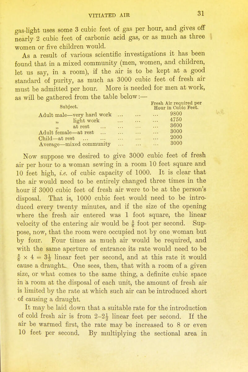 gas-light uses some 3 cubic feet of gas per hour, and gives off nearly 2 cubic feet of carbonic acid gas, or as much as three women or five children would. As a result of various scientific investigations it has been found that in a mixed community (men, women, and children, let us say, in a room), if the air is to be kept at a good standard of purity, as much as 3000 cubic feet of fresh air must be admitted per hour. More is needed for men at work, as will be gathered from the table below:— Fresh Air required per Subject. Hour in Cubic Feet. Adult male—very hard work ... ... ••• 9800 light work 4750 attest 3600 Adult female—at rest 3000 Child—at rest 2000 Average—mixed community ... ... ■•• 3000 Now suppose we desired to give 3000 cubic feet of fresh air per hour to a woman sewing in a room 10 feet square and 10 feet high, i.e. of cubic capacity of 1000. It is clear that the air would need to be entirely changed three times in the hour if 3000 cubic feet of fresh air were to be at the person's disposal. That is, 1000 cubic feet would need to be intro- duced every twenty minutes, and if the size of the opening where the fresh air entered was 1 foot square, the linear velocity of the entering air would be f foot per second. Sup- pose, now, that the room were occupied not by one woman but by four. Four times as much air would be required, and with the same aperture of entrance its rate would need to be | x 4 = 3| linear feet per second, and at this rate it would cause a draughts One sees, then, that with a room of a given size, or what comes to the same thing, a definite cubic space in a room at the disposal of each unit, the amount of fresh air is limited by the rate at which such air can be introduced short of causing a draught. It may be laid down that a suitable rate for the introduction of cold fresh air is from 2-2| linear feet per second. If the air be warmed first, the rate may be increased to 8 or even 10 feet per second. By multiplying the sectional area in