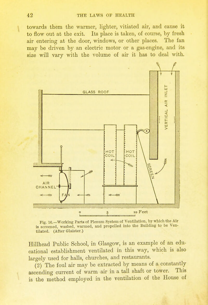 towards them the warmer, lighter, vitiated air, and cause it to flow out at the exit. Its place is taken, of course, by fresh air entering at the door, windows, or other places. The fan may be driven by an electric motor or a gas-engine, and its size will vary with the volume of air it has to deal with. o s 10 Feet i =i Fig. 16.—Working Parts of Plenum System of Ventilation, by which the Air is screened, washed, warmed, and propelled into the Building to be Ven- tilated. (After Glaister.) Hillhead Public School, in Glasgow, is an example of an edu- cational establishment ventilated in this way, which is also largely used for halls, churches, and restaurants. (2) The foul air may be extracted by means of a constantly ascending current of warm air in a tall shaft or tower. This is the method employed in the ventilation of the House of