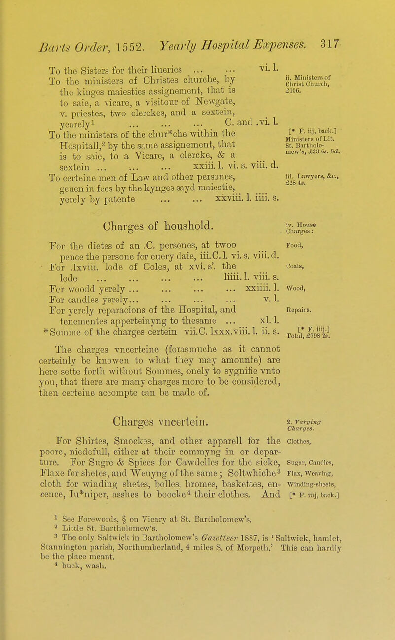 To the Sisters for their liueries To the miuisters of Christes churche, by the kingcs maiesties assignement, lhat is to saio, a vicarc, a visitour of Newgate, V. priestes, two clerckcs, and a sextein, yearely^ ... ..• ••• C. and To the ministers of the chur*che within the Hospital],^ by the same assiguement, that is to saie, to a Vicare, a clercke, & a sextein ... xxiii. \. vi To certeine men of Law and other persones, geiien in fees by the kynges sayd maiestie, yerely by patente ... ... xxviii, VI. .vi. 1. s. viii. d. ]. iiii. s. ii. Ministers of Clirist Cliurcli, £10G. [* F. ii.j, back.] Ministers of Lit. St. Barlliolo- mew's, &Ti Cif. 8(i. iii. Lawyers, &c., S,ii in. Charges of housliold. For the dietes of an .C. persones, at twoo Pood, l^ence the persone for euery daie, iii.C.l. vi. s. viii. d. Tor .Ixviii. lode of Coles, at xvi. s'. the coais, lode liiii. 1- viii. s. For woodd yerely xxiiii. 1. wood, For candles yerely... ... ... ... v. 1. For yerely reparacions of the Hospital, and Repairs, tenementes apperteinyng to thesame ... xl. 1. *Somme of the charges certein vii.C. Ixxx.viii. 1. ii. s. Totii*ii The charges vncerteine (forasmuche as it cannot certeinly be knowen to what they may amoimte) are here sette forth without Sommes, onely to sygnifie vnto yon, that there are many charges more to be considered, then certeiuo accompte can be made of. iv. House Chai'ges: Charges viicertein. i.ranma c Churges. For Shirtes, Smockes, and other apparell for the ciotiies, poore, niedefidl, either at theu' coramyng in or depar- ture. For Sugre & Spices for Cawdelles for the sicke, sugar, caudies, Flaxe for shetes, and Weuyng of the same; Soltwhiche^ Fiax, weaving, cloth for winding shetes, holies, bromes, baskettes, en- AVinding-shcets, cence, Iu*niper, asshes to boocke* their clothes. And [* f. iiij, bad?.] ^ See Forewords, § on Vicary at St. BarLholomevv's. Little St. Bartliolomew's. 3 The only Saltwick iu Bartholomew's OazeMeer 1887, is ' Saltwick, hamlet, Staniiington pai-ish, Northumberland, 4 miles S. of Morpeth.' This can hardly be the place meant. * buck, wash.