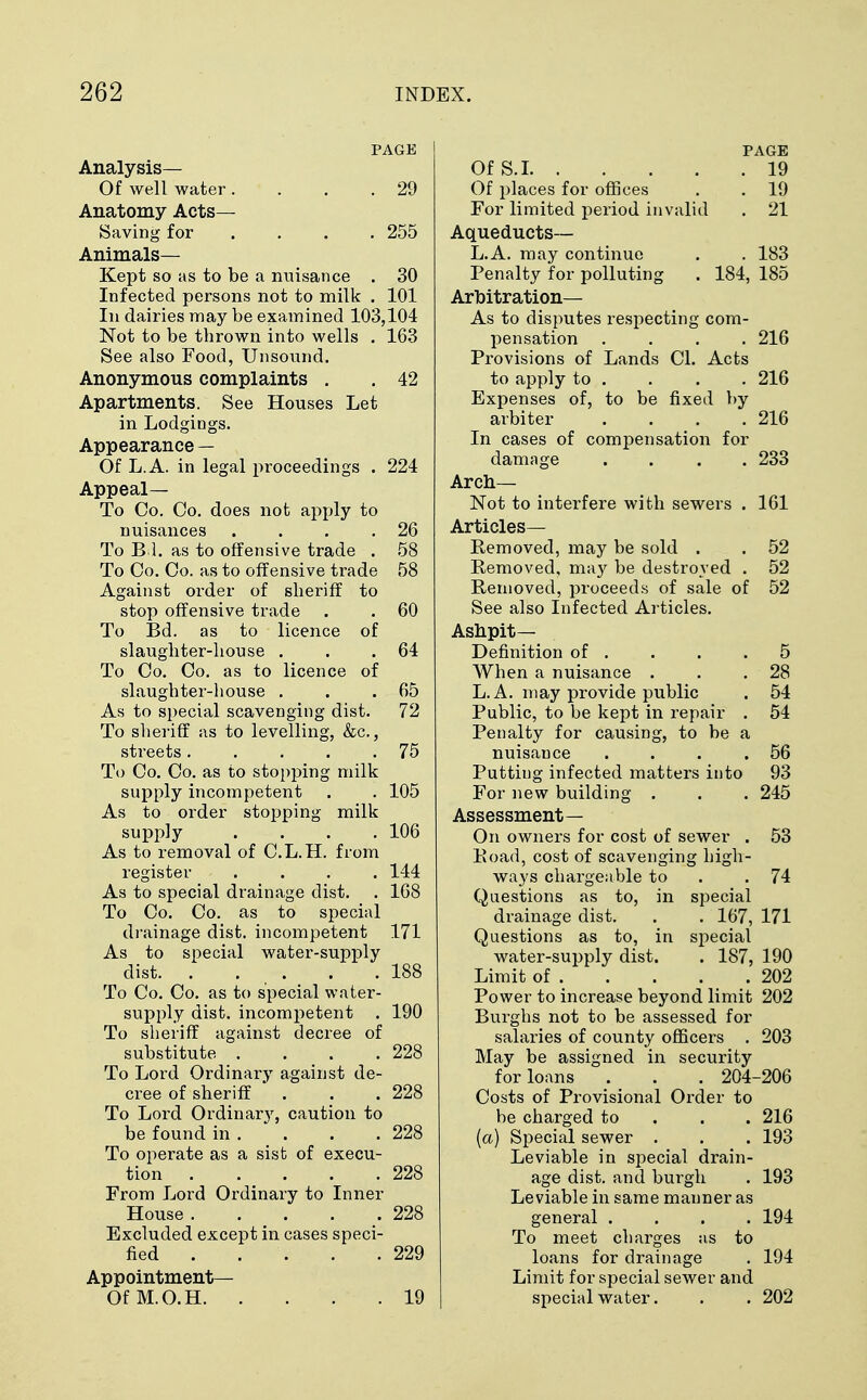 PAGE Analysis— Of well water. . . .29 Anatomy Acts- Saving for .... 255 Animals- Kept so as to be a nuisance . 30 Infected persons not to milk . 101 In dairies may be examined 103,104 Not to be tbrown into wells . 163 See also Food, Unsound. Anonymous complaints . . 42 Apartments. See Houses Let in Lodgings. Appearance — Of L.A. in legal proceedings . 224 Appeal- To Co. Co. does not apply to nuisances . . . .26 To B 1. as to offensive trade . 58 To Co. Co. as to offensive trade 58 Against order of sheriff to stop offensive trade . . 60 To Bd. as to licence of slaughter-house . . .64 To Co. Co. as to licence of slaughter-house . . .65 As to special scavenging dist. 72 To sheriff as to levelling, &c., streets 75 To Co. Co. as to stopping milk supply incompetent . . 105 As to order stopping milk supply .... 106 As to removal of C.L.H. from register .... 144 As to special drainage dist. . 168 To Co. Co. as to special drainage dist. incompetent 171 As to special water-supply dist. . . . . .188 To Co. Co. as to special water- supply dist. incompetent . 190 To sheriff against decree of substitute . . . .228 To Lord Ordinary against de- cree of sheriff . . . 228 To Lord Ordinary, caution to be found in. . . .228 To operate as a sist of execu- tion 228 From Lord Ordinary to Inner House . . . 228 Excluded except in cases speci- fied . . . . .229 Appointment— OfM.O.H 19 PAGE Of S.I 19 Of places for offices . . 19 For limited period invalid . 21 Aqueducts— L.A. may continue . . 183 Penalty for polluting . 184, 185 Arbitration— As to disputes respecting com- pensation .... 216 Provisions of Lands CI. Acts to apply to . . . . 216 Expenses of, to be fixed by arbiter .... 216 In cases of compensation for damage . . . .233 Arch- Not to interfere with sewers . 161 Articles- Removed, may be sold . . 52 Removed, may be destroyed . 52 Removed, proceeds of sale of 52 See also Infected Articles. Ashpit- Definition of . . . .5 When a nuisance . . .28 L.A. may provide public . 54 Public, to be kept in repair . 54 Penalty for causing, to be a nuisance . . . .56 Putting infected matters into 93 For new building . . . 245 Assessment— On owners for cost of sewer . 53 Road, cost of scavenging high- ways chargeable to .74 Questions as to, in special drainage dist. . . 167, 171 Questions as to, in special water-supply dist. . 187, 190 Limit of 202 Power to increase beyond limit 202 Burghs not to be assessed for salaries of county officers . 203 May be assigned in security for loans . . . 204-206 Costs of Provisional Order to be charged to 216 (a) Special sewer . . . 193 Leviable in special drain- age dist. and burgh . 193 Leviable in same manner as general .... 194 To meet charges as to loans for drainage . 194 Limit for special sewer and special water. . . 202