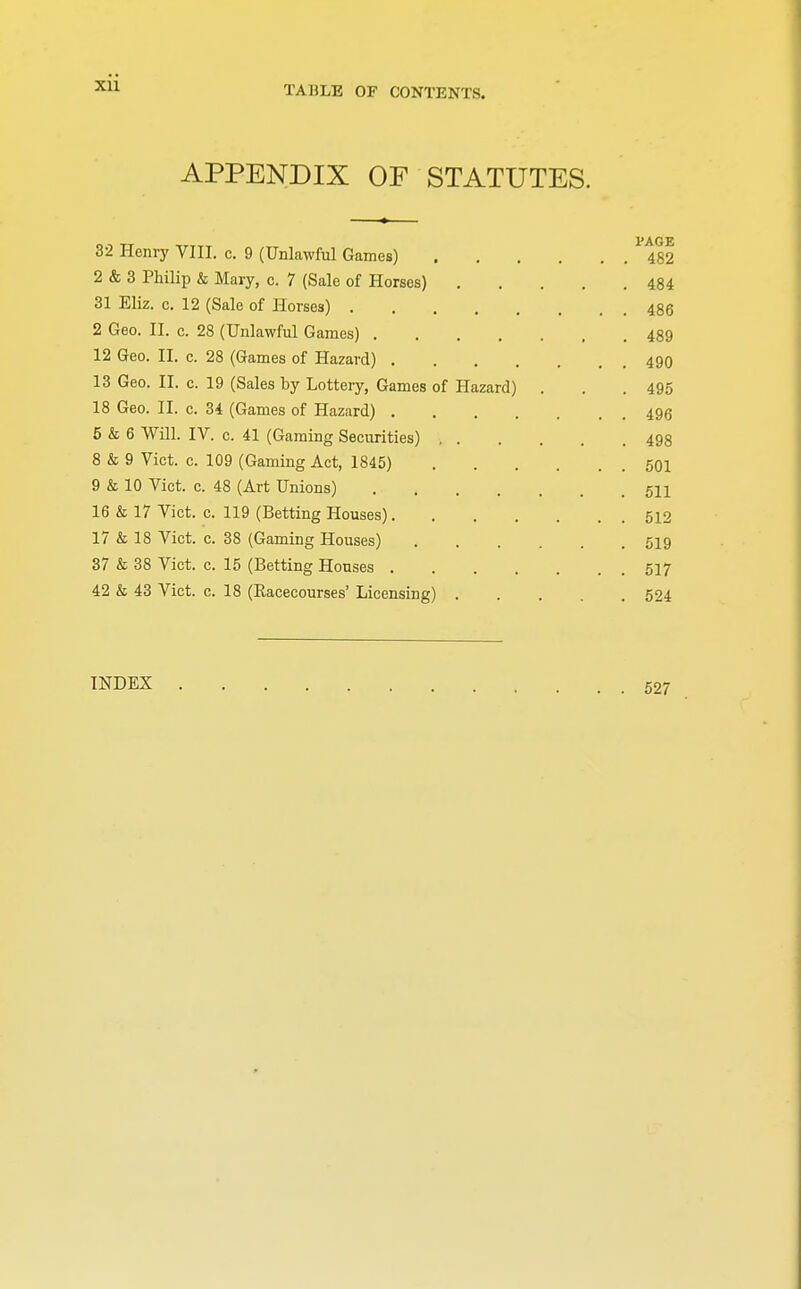 APPENDIX OF STATUTES. l'AGB 32 Henry VIII. c. 9 (Unlawful Games) 482 2 & 3 Philip & Mary, c. 7 (Sale of Horses) 484 31 Eliz. c. 12 (Sale of Horses) 486 2 Geo. II. c. 28 (Unlawful Games) 489 12 Geo. II. c. 28 (Games of Hazard) 490 13 Geo. II. c. 19 (Sales by Lottery, Games of Hazard) . . .495 18 Geo. II. c. 34 (Games of Hazard) 496 5 & 6 Will. IV. c. 41 (Gaming Securities) 498 8 & 9 Vict. c. 109 (Gaming Act, 1845) 501 9 & 10 Vict. c. 48 (Art Unions) 5H 16 & 17 Vict. c. 119 (Betting Houses) 512 17 & 18 Vict. c. 38 (Gaming Houses) 519 37 & 38 Vict. c. 15 (Betting Houses 517 42 & 43 Vict. c. 18 (Racecourses' Licensing) 524 INDEX 527