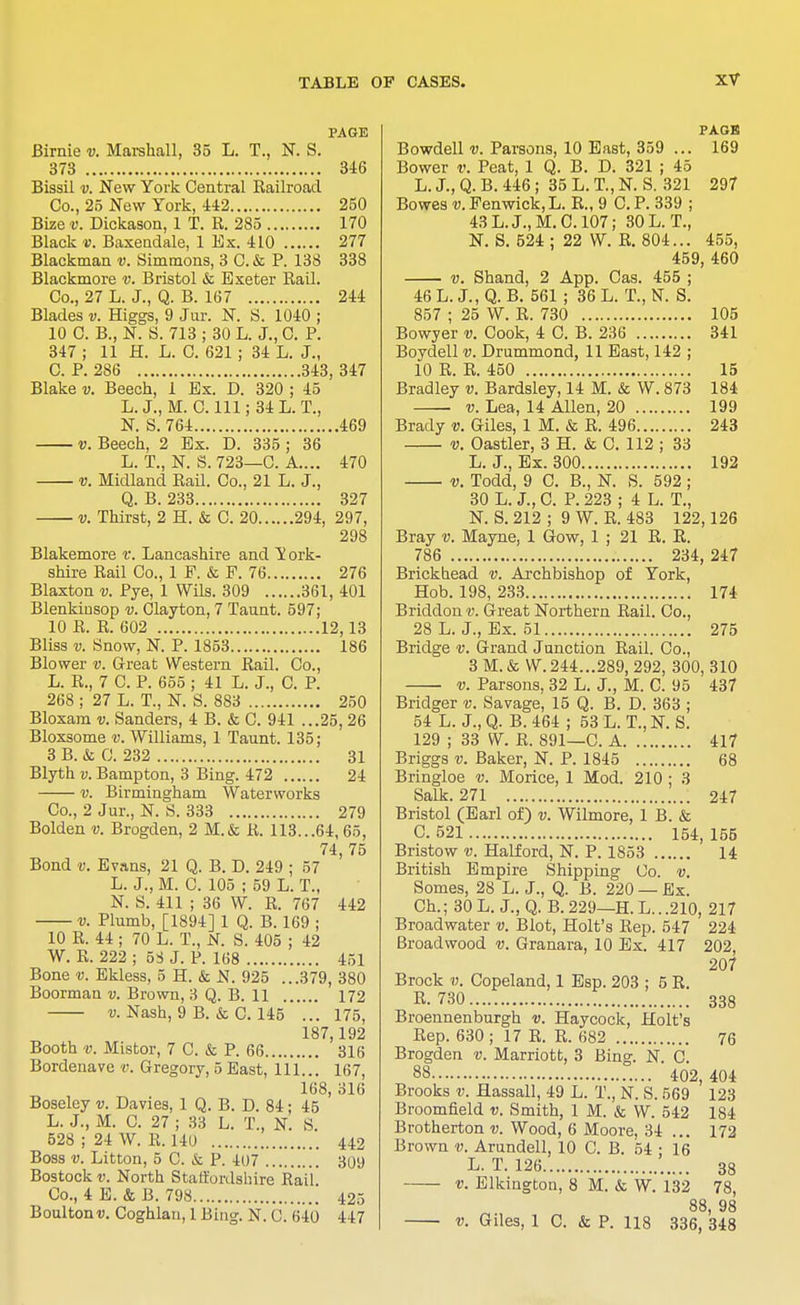 PAGE Birnie v. Marshall, 35 L. T., N. S. 373 346 Bissil v. New York Central Railroad Co., 25 New York, 442 250 Bize v. Dickason, 1 T. R. 285 170 Black v. Baxendale, 1 Ex. 410 277 Blackman v. Simmons, 3 C. & P. 133 338 Blackmore v. Bristol & Exeter Rail. Co., 27 L. J., Q. B. 167 244 Blades v. Higgs, 9 Jur. N. S. 1040 ; 10 C. B., N. S. 713 ; 30 L. J., C. P. 347 ; 11 H. L. C. 621 ; 34 L. J., C. P. 286 343, 347 Blake v. Beech, 1 Ex. D. 320 ; 45 L. J., M. C. Ill; 34 L. T., N. S. 764 469 v. Beech, 2 Ex. D. 335 ; 36 L. T., N. S. 723—C. A.... 470 v. Midland Rail. Co., 21 L. J., Q. B. 233 327 v. Thirst, 2 H. & C. 20 294, 297, 298 Blakemore v. Lancashire and X ork- shire Rail Co., 1 F. & F. 76 276 Blaxton v. Pye, 1 Wils. 309 361, 401 Blenkiusop v. Clayton, 7 Taunt. 597; 10 R. R. 602 12,13 Bliss v. Snow, N. P. 1853 186 Blower v. Great Western Rail. Co., L. R., 7 C. P. 655 ; 41 L. J., C. P. 268 ; 27 L. T., N. S. 883 250 Bloxam v. Sanders, 4 B. & C. 941 ...25, 26 Bloxsome v. Williams, 1 Taunt. 135; 3 B. & 0. 232 31 Blyth v. Bampton, 3 Bing. 472 24 v. Birmingham Waterworks Co., 2 Jur., N. S. 333 279 Bolden v. Brogden, 2 M.& R. 113...64, 65, 74, 75 Bond v. Evans, 21 Q. B. D. 249 ; 57 L. J., M. C. 105 ; 59 L. T., N. S. 411 ; 36 W. R. 767 442 v. Plumb, [1894] 1 Q. B. 169 ; 10 R. 44 ; 70 L. T., N. S. 405 ; 42 W. R. 222 ; 58 J. P. 168 451 Bone v. Ekless, 5 H. & N. 925 ...379, 380 Boorman v. Brown, 3 Q. B. 11 172 v. Nash, 9 B. & C. 145 ... 175, 187 192 Booth v. Mistor, 7 C. & P. 66 '316 Bordenave v. Gregory, 5 East, 111... 167, 168, 316 Boseley v. Davies, 1 Q. B. D. 84; 45 L. J., M. C. 27 ; 33 L. T., N. S. 528 ; 24 W. R. 14a 442 Boss v. Litton, 5 C. & P. 407 309 Bostock v. North Staffordshire Rail Co., 4 E. & B. 798 425 Boultonv. Coghlan, 1 Bing. N. C. 640 447 PAGES Bowdell v. Parsons, 10 East, 359 ... 169 Bower v. Peat, 1 Q. B. D. 321 ; 45 L. J., Q. B. 446; 35 L. T., N. S. 321 297 Bowes -y.Fenwick.L. R., 9 CP. 339 ; 43L.J.,M.C.107; 30L.T., N. S. 524 ; 22 W. R. 804... 455, 459, 460 v. Shand, 2 App. Cas. 455 ; 46 L. J., Q. B. 561 ; 36 L. T., N. S. 857 ; 25 W. R. 730 105 Bowyer v. Cook, 4 C. B. 236 341 Boydell v. Drummond, 11 East, 142 ; 10 R. R. 450 15 Bradley v. Bardsley, 14 M. & W. 873 184 v. Lea, 14 Allen, 20 199 Brady v. Giles, 1 M. & R. 496 243 v. Oastler, 3 H. & C. 112 ; 33 L. J., Ex. 300 192 v. Todd, 9 C. B., N. S. 592; 30 L. J., C. P. 223 ; 4 L. T., N. S. 212 ; 9 W. R. 483 122,126 Bray v. Mayne, 1 Gow, 1 ; 21 R. R. 786 234, 247 Brickhead v. Archbishop of York, Hob. 198, 233 174 Briddon y. Great Northern Rail. Co., 28 L. J., Ex. 51 275 Bridge v. Grand Junction Rail. Co., 3 M. & W. 244...289, 292, 300, 310 v. Parsons, 32 L. J., M. C. 95 437 Bridger v. Savage, 15 Q. B. D. 363 ; 54 L. J.,Q. B.464 ; 53L.T.,N. S. 129 ; 33 W. R. 891—C. A 417 Briggs v. Baker, N. P. 1845 68 Bringloe v. Morice, 1 Mod. 210: 3 Salk. 271 247 Bristol (Earl of) v. Wilmore, 1 B. & C 521 154, 155 Bristow v. Halford, N. P. 1853 14 British Empire Shipping Co. v. Somes, 28 L. J., Q. B. 220 — Ex. Ch.; 30 L. J., Q. B. 229—H. L.. .210, 217 Broadwater v. Blot, Holt's Rep. 547 224 Broadwood v. Granara, 10 Ex. 417 202, 207 Brock v. Copeland, 1 Esp. 203 ; 5 R. R. 730 338 Broennenburgh v. Haycock, Holt's Rep. 630; 17 R. R. 682 76 Brogden v. Marriott, 3 Bing. N. C. 88 402, 404 Brooks v. Hassall, 49 L. T., N. S. 569 123 Broomfield v. Smith, 1 M. & W. 542 184 Brotherton v. Wood, 6 Moore, 34 ... 172 Brown v, Arundell, 10 C. B. 54 • 16 L. T. 126 38 v. Elkington, 8 M. & W. 132 78, 88, 98 v. Giles, 1 C. & P. 118 336, 348