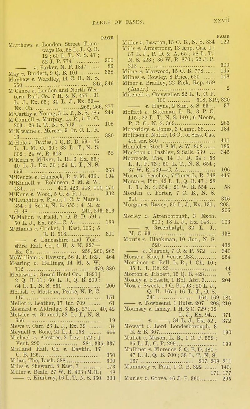 XXVll PAGE Matthews v. London Street Tram- ways Co., 58 L. J., Q. B. 12; 60 L. T.,N. S. 47; 52 J. P. 774 300 v. Parker, N. P. 1847 86 May v. Burdett, 9 Q. B. 101 338 Mayhew v. Wardley, 14 C. B., N. S. 550 345, 346 M'Oance v. London and North Wes- tern Kail. Co., 7 H. & N. 477 ; 31 L. J., Ex. 65 ; 34 L. J., Ex. 39— Ex. Ch 265, 266, 277 M'Carthy v. Young, 3 L. T., N. S. 785 244 M'Connell v. Murphy, L. E., 5 P. C. 203 ; 28 L. T., N. S. 713 108 M'Elwaine v. Mercer, 9 Ir. C. L. E. 13 380 M'Hole v. Davies, 1 Q. B. D. 59 ; 45 L. J., M. C. 30 ; 33 L. T., N. S. 502 ; 24 W. B. 343 52 M'Kean v. M'lver, L. E., 6 Ex. 36 ; 40 L. J., Ex. 30 ; 24 L. T., N. 8. 559 268 M'Kenzie v. Hancock, B. & M. 436 . 194 M'Kinnell i\ Eobinson, 3 M. & W. 434 416,426.443,444,474 M'Kone v. Wood, 5 C. & P. 1 332 M'Laughlin v. Pryor, 1 C. & Marsh. 354 ; 4 Scott, N. E. 655 ; 4 M. & G. 48 240, 243, 316 McMahon v. Field, 7 Q. B. D. 591 : 50 L. J., Ex. 552—C. A 188 M'Manus v. Cricket, 1 East, 106 ; 5 E. E. 518 311 v. Lancashire and York- shire Bail. Co., 4 H. & N. 327— Ex. Ch 258, 260, 265 McWilliam v. Dawson, 56 J. P. 182. 464 Mearing v. Hellings, 14 M. & W. 712 379, 380 Medawar v. Grand Hotel Co., [1891] 2 Q. B. 11 ; 60 L. J., Q. B. 209 ; 64 L. T., N. S. 851 200 Mellish v. Motteux, Peake, N. P. C. 115 151 Mellor v. Leather, 17 Jur. 709 61 Mesnard v. Aldridge, 3 Esp. 271... 40, 42 Metzler v. Gounod, 32 L. T., N. S. 656 19 Mews v. Carr, 26 L. J., Ex. 39 34 Meynell v. Bone, 21 L. T. 158 444 Michael v. Alestree, 2 Lev. 172 ; 1 Vent. 295 284, 335, 337 Midland Bail. Co. v. Daykin, 17 C. B. 126 350 Milan, The, Lush. 388 300 Miles v. Sheward, 8 East, 7 173 Miller v. Beale. 27 W. E. 403 (M.E.) 48 v. Kimbray, 16 L. T., N. S. 360 333 PAGE Miller v. Lawton, 15 C. B., N. S. 834 122 Mills v. Armstrong, 13 App. Cas. 1 ; 57 L. J., P. D. & A. 65 ; 58 L. T., N. S. 423 ; 36 W. E. 870 ; 52 J. P. 212 300 Milne v. Marwood, 15 C. B. 778 145 Milnes v. Cowley, 8 Price, 620 148 Miner v. Bradley, 22 Pick. Eep. 459 (Amer.) 2 Mitchell v. Crasweller, 22 L. J., C. P. 100 318, 319, 320 v. Hayne, 2 Sim. & S. 63... 37 Moffatt v. Bateman. L. E., 3 P. C. 115 ; 22 L. T., N. S. 140 ; 6 Moore, P. C. C, N. S. 369 283 Moggridge v. Jones, 3 Camp. 38 184 Mollison v. Noltir, 16 Ct. of Sess. Cas. 4th ser. 350 411 Mondel v. Steel, 8 M. & W. 858 185 Monkton v. Pashley, 2 Salk. 639 ... 345 Moorcock, The, 14 P. D. 64 ; 58 L. J., P. 73 ; 60 L. T., N. S. 654 ; 37 W. E. 439—C. A 106 Moore v. Peachey, 7 Times L. R. 748 417 Moran v. Pitt, 42 L. J., Q. B. 47 ; 28 L. T., N. S. 554 ; 21 W. B. 554 ... 58 Morden v. Porter, 7 C. B., N. S. 641 346 Morgan v. Eavey, 30 L. J., Ex. 131. 203, 206 Morley v. Attenborough, 3 Exch. 500; 18 L. J., Ex. 148... 103 v. Greenhalgh, 32 L. J., M. C. 93 438 Morris v. Blackman, 10 Jur., N. S. 520 432 v. Nugent, 7 C. & P. 572 ... 340 Morse v. Slue, 1 Ventr. 238 254 Mortimer v. Bell, L. E., 1 Ch. 10; 35 L. J., Ch. 25 44 Morton v. Tibbett, 15 Q. B. 428 7 Mosley v. Possett, 1 Eol. Abr. 3 204 Moss v. Sweet, 16 Q. B. 493 ; 20 L. J., Q. B. 167 ; 16 L. T., O. S. 341 164, 169, 184 v. Townsend, 1 Bulst. 207 208, 210 Mounsey v. Ismay, 1 H. & C. 729 ; 32 L. J., Ex. 94... 371 V. , 34 L. J., Ex. 52 . 372 Mowatt v. Lord Londesborough, 3 E. & B. 307 190 Mullet v. Mason, L. E., 1 C. P. 559 ; 35 L. J., C. P. 299 199 Mulliner v. Florence, 3 Q. B. D. 484 ; 47 L. J., Q. B. 700 ; 38 L. T.. N. S. 167 207, 208, 211 Mummery v. Paul, 1 C. B. 322 145, 171, 177 Murley v. Grove, 46 J. P. 360 295