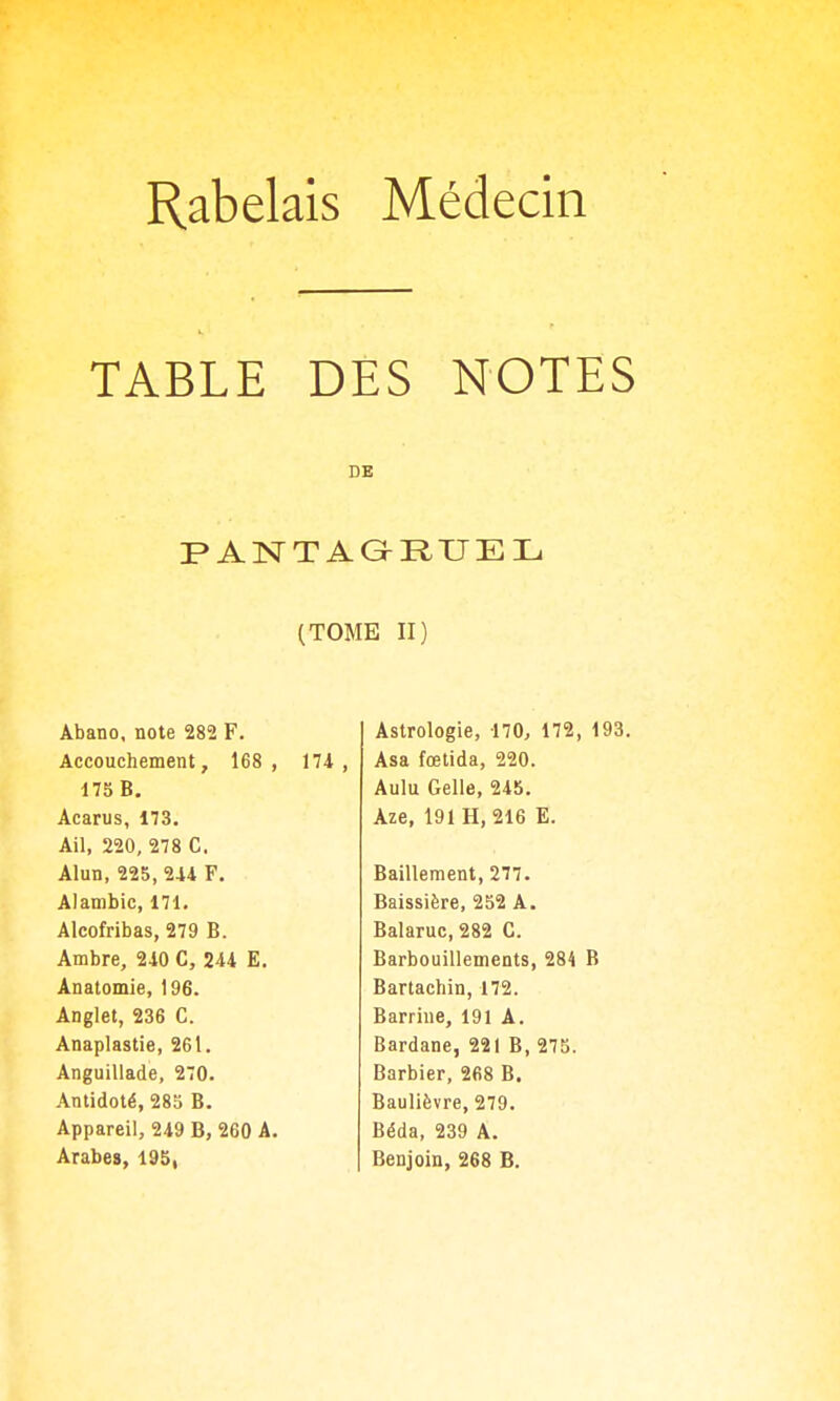 TABLE DES NOTES BE PANTAGRUEL (TOME II) Abano. note 282 F. Accouchement, 168, 175 B. Acarus, 173. Ail, 220, 278 C. Alun, 225, 2U F. Alambic, 171. Alcofribas, 279 B. Ambre, 2i0 C, 244 E. Anatomie, 196. Anglet, 236 C. Anaplastie, 261. Anguillade, 270. Antidoté, 285 B. Appareil, 249 B, 260 A. Arabes, 195, 174, Astrologie, 170, 172, 193. Asa fœtida, 220. Aulu Gelle, 245. Aze, 191 H, 216 E. Bâillement, 277. Baissière, 252 A. Balaruc, 282 C. Barbouillements, 284 B Bartachin, 172. Barriue, 191 A. Bardane, 221 B, 275. Barbier, 268 B. Baulièvre, 279. Béda, 239 A. Benjoin, 268 B.