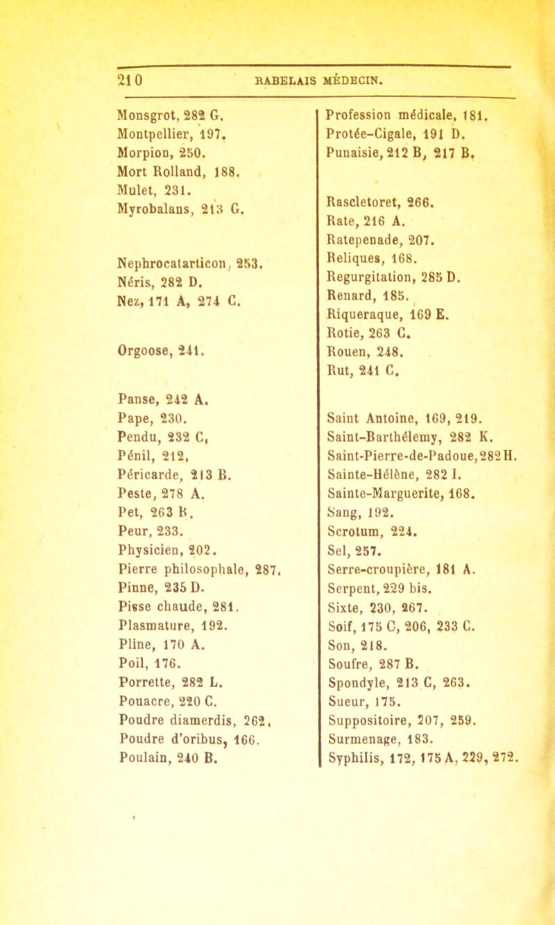 Monsgrot, 282 G. Profession médicale, 181. Montpellier, 197, rroiee—Ligaie, lyi u. PiinaiciA 94 *) It 91*7 R r UllHlolG, m iSii Dt Mort Rolland 188 Rascletoret, 266. Rate, 216 A. Ratepenade, 207. nJ il iA A y* Q t Q wt m ATI Q le *) iicpurucaiariicun, zou. Reliques, 168. Néris, 282 D. Régurgitation, 285 D. Nez, 171 A, 27i C. Renard, 185. Riqueraque, 169 E. Rôtie, 263 G. Orgoose, 241. Rouen, 248. Rut, 241 G. Panse, 242 A. Pape, 230. Saint Antoine, 169, 219. Pendu, 232 C, Saint-Barthélemy, 282 K. Pénil, 212. Saint-Pierre-de-Padoue,282H. Péricarde, 213 B. Sainte-Hélène, 282 I. Peste, 278 A. Sainte-Marguerite, 168. Pet, 263 b. Sang, 192. Peur, 233. Scrotum, 224. Physicien, 202. Sel, 257. Pierre philosopliale, 287. Serre-croupière, 181 A. Pinne, 235 D. Serpent, 229 bis. Pisse chaude, 281. Sixte, 230, 267. Plasmature, 192. Soif, 175 C, 206, 233 C. Pline, 170 A. Son, 218. Poil, 176. Soufre, 287 B. Porrelte, 282 L. Spondyle, 213 G, 263. Pouacre, 220 C. Sueur, 175. Poudre diamerdis, 262. Suppositoire, J07, 259. Poudre d'oribus, 166. Surmenage, 183. Poulain, 240 B, Syphilis, 172, 175 A, 229, 272