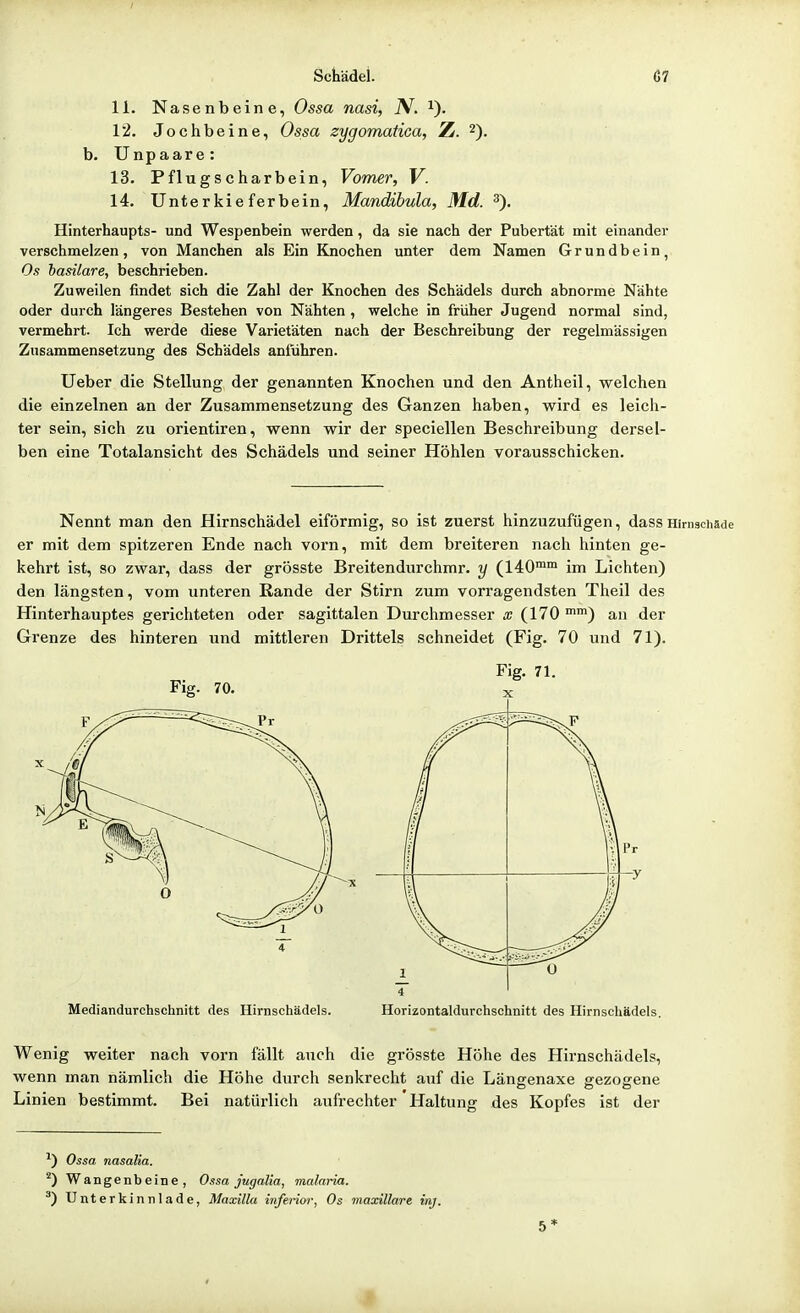 11. Nasenbeine, Ossa nasi, N. i). 12. Jochbeine, Ossa zygomatica, Z. 2). b. Unpaare: 13. Pflugscharbein, Vomer, V. 14. Unter kie ferbein, Mandibula, Md. 3). Hinterhaupts- und Wespenbein werden, da sie nach der Pubertät mit einander verschmelzen, von Manchen als Ein Knochen unter dem Namen Grundbein, Os basilare, beschrieben. Zuweilen findet sich die Zahl der Knochen des Schädels durch abnorme Nähte oder durch längeres Bestehen von Nähten , welche in früher Jugend normal sind, vermehrt. Ich werde diese Varietäten nach der Beschreibung der regelmässigen Zusammensetzung des Schädels anführen. Ueber die Stellung der genannten Knochen und den Antheil, v^^elchen die einzelnen an der Zusammensetzung des Ganzen haben, wird es leich- ter sein, sich zu orientiren, wenn wir der speciellen Beschreibung dersel- ben eine Totalansicht des Schädels und seiner Höhlen vorausschicken. Nennt man den Hirnschädel eiförmig, so ist zuerst hinzuzufügen, dassHimschäde er mit dem spitzeren Ende nach vorn, mit dem breiteren nach hinten ge- kehrt ist, so zwar, dass der grösste Breitendurchmr. y (140™™ im Lichten) den längsten, vom unteren Rande der Stirn zum vorragendsten Theil des Hinterhauptes gerichteten oder sagittalen Durchmesser a; (170 an der Grenze des hinteren und mittleren Drittels schneidet (Fig. 70 und 71). Mediandurchschnitt des Hirnschädels. Horizontaldurchschnitt des Hirnschädels. Wenig weiter nach vorn fällt auch die grösste Höhe des Hirnschädels, wenn man nämlich die Höhe durch senkrecht auf die Längenaxe gezogene Linien bestimmt. Bei natürlich aufrechter Haltung des Kopfes ist der ^) Ossa nasalia. ^) Wangenbeine, Ossa jugalia, malaria. Unterkinnlade, Maxiila infeiior, Os maxillare inj. 5*