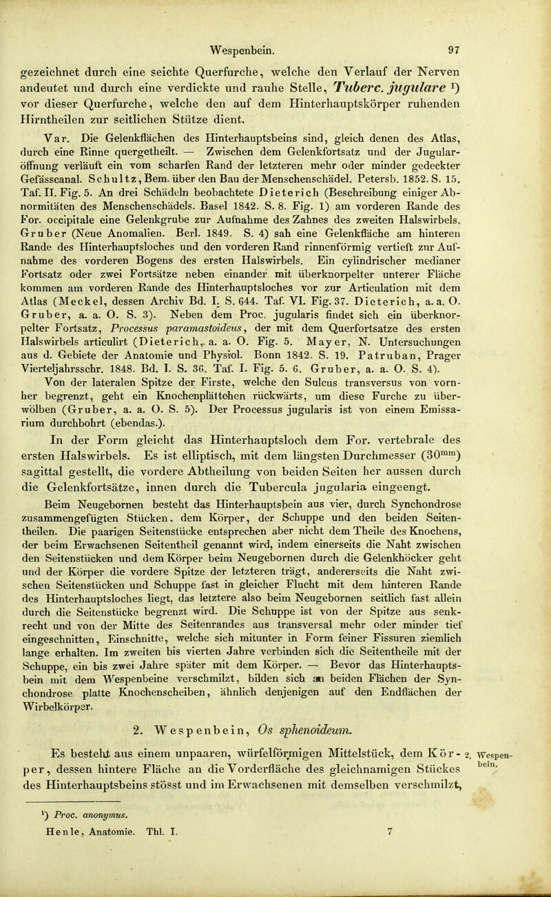 gezeichnet durch eine seichte Querfurche, welche den Verlauf der Nerven andeutet und durch eine verdickte und rauhe Stelle, Tllberc. jligulare i) vor dieser Querfurche, welche den auf dem Hinterhauptskörper ruhenden Hirntheilen zur seitlichen Stütze dient. Var. Die Gelenkflächen des Hinterhauptsbeins sind, gleich denen des Atlas, durch eine Rinne quergetheilt. — Zwischen dem Gelenkfortsatz und der Jugular- öffnung verläuft ein vom scharfen Rand der letzteren mehr oder minder gedeckter Gefässcanal. Schul tz,Bem. über den Bau der Menschenschädel. Petersb. 1852. S. 15. Taf. II. Fig. 5. An drei Schädeln beobachtete Dieterich (Beschreibung einiger Ab- normitäten des Menschenschädels. Basel 1842. S. 8. Fig. 1) am vorderen Rande des For. occipitale eine Gelenkgrube zur Aufnahme des Zahnes des zweiten Halswirbels. Gruber (Neue Anomalien. Berk 1849. S. 4) sah eine Gelenkfläche am hinteren Rande des Hinterhauptsloches und den vorderen Rand rinnenförmig vertieft zur Auf- nahme des vorderen Bogens des ersten Halswirbels. Ein cylindrischer medianer Fortsatz oder zwei Fortsätze neben einander mit überknorpelter unterer Fläche kommen am vorderen Rande des Hinterhauptsloches vor zur Articulation mit dem Atlas (Meckel, dessen Archiv Bd. I. S. 644. Taf. VI. Fig. 37. Dieterich, a.a.O. Gruber, a. a. O. S. 3). Neben dem Proc, jugularis findet sich ein überknoi-- pelter Fortsatz, Processus paramastoideus, der mit dem Querfortsatze des ersten Halswirbels articulirt (Dieterich,, a. a. O. Fig. 5. Mayer, N. Untersuchungen aus d. Gebiete der Anatomie und Physiol. Bonn 1842. S. 19. Patruban, Prager Vierteljahrsschr. 1848. Bd. I. S. 30. Taf. I. Fig. 5. G. Grub er, a. a. O. S. 4). Von der lateralen Spitze der Firste, welche den Sulcus transversus von vorü- ber begrenzt, geht ein Knochenplättohen rückwärts, um diese Furche zu über- wölben (Gruber, a. a. O. S. 5). Der Processus jugularis ist von einem Emissa- rium durchbohrt (ebendas.). In der Form gleicht das Hinterhauptsloch dem For. vertebrale des ersten Halswirbels. Es ist elliptisch, mit dem längsten Durchmesser (30™) sagittal gestellt, die vordere Abtheilung von beiden Seiten her aussen durch die Grelenkfortsätze, innen durch die Tubercula jugularia eingeengt. Beim Neugebornen besteht das Hinterhauptsbein aus vier, durch Synchondrose zusammengefügten Stücken, dem Körper, der Schuppe und den beiden Seiten- theilen. Die paarigen Seitenstücke entsprechen aber nicht dem Theile des Knochens, der beim Erwachsenen Seitentheil genannt wird, indem einerseits die Naht zwischen den Seitenstücken und dem Körper beim Neugebornen durch die Gelenkhöcker geht und der Körper die vordere Spitze der letzteren trägt, andererseits die Naht zwi- schen Seitenstücken und Schuppe fast in gleicher Flucht mit dem hinteren Rande des Hintcrhauptsloches liegt, das letztere also beim Neugebornen seitlich fast allein durch die Seitenstücke begrenzt wird. Die Schuppe ist von der Spitze aus senk- recht und von der Mitte des Seitenrandes aus transversal mehr oder minder tief eingeschnitten, Einschnitte, welche sich mitunter in Form feiner Fissuren ziemlich lange erhalten. Im zweiten bis vierten Jahre verbinden sich die Seitentheile mit der Schuppe, ein bis zwei Jahre später mit dem Körper. — Bevor das Hinterhaupts- bein mit dem Wespenbeine verschmilzt, bilden sich an beiden Flächen der Syn- chondrose platte Knochenscheiben, ähnlich denjenigen auf den Endflächen der Wirbelkörper. 2. Wespenbein, Os sphenoideum. Es bestehi aus einem unpaaren, würfelförmigen Mittelstück, dem Kör- 2. Wespen- per, dessen hintere Fläche an die Vorderfläche des gleichnamigen Stückes des Hinterhauptsbeins stösst und im Erwachsenen mit demselben verschmilzt, ') Proc. anonymus. He nie, Anatomie. Thl. I. 7