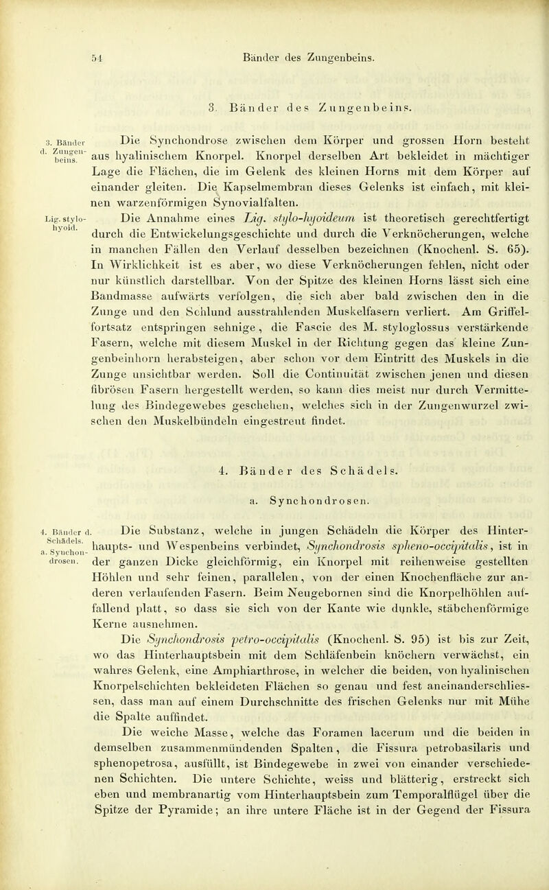 3. Bänder des Z vingenbeinp. 3. Bänder Die Syiichoiidrose zwischen dem Körper und grossen Horn bestellt ' ^ehfsJ hyalinischem Knorpel. Knorpel derselben Art bekleidet in mächtiger Lage die Hächen, die im Gelenk des kleinen Horns mit dem Körper auf einander gleiten. Die Kapselmembran dieses Gelenks ist einfach, mit klei- nen warzenförmigen Synovialfalten. Ligr.styio- Die Annahme eines JLig. sfylo-hyoideum ist theoretisch gerechtfertigt durch die Entwickelungsgeschichte und durch die Verknöcherungen, welche in manchen Fällen den Verlauf desselben bezeichnen (Knochenl. S. 65). In Wirklichkeit ist es aber, wo diese Verknöcherungen fehlen, nicht oder nur künstlich darstellbar. Von der Spitze des kleinen Horns lässt sich eine Bandmasse aufwärts verfolgen, die sich aber bald zwischen den in die Zvmge und den Schlund ausstrahlenden Muskelfasern verliert. Am Griffel- fortsatz entspringen sehnige, die Fascie des M. styloglossus verstärkende Fasern, welche mit diesem Muskel in der Riclitung gegen das kleine Zun- genbeinhorn herabsteigen, aber schon vor dem Eintritt des Muskels in die Zunge unsichtbar werden. Soll die Continuität zwischen jenen und diesen fibrösen Fasern hergestellt werden, so kann dies meist nur durch Vermitte- lung des Bindegewebes geschehen, welches sich in der Zungeuwurzel zwi- schen den Muskelbündeln eingestreut findet. 4. Bänder des Schädels, a. Synchondrosen. 4. Biiiider (1. Die Substanz, welche in jungen Schädeln die Körper des Hinter- a^syuchoii '^^'^P'-^ ^^^ Wespenbeins verbindet, Sijnchondrosis spJieno-occijdtalis, ist in drosen. der ganzen Dicke gleichförmig, ein Knorpel mit reihenweise gestellten Höhlen und sehr feinen, parallelen, von der einen Knochenfläche zur an- deren verlaufenden Fasern. Beim Neugebornen sind die Knorpelhöhlen auf- fallend ])latt, so dass sie sich von der Kante wie dunkle, stäbchenförmige Kerne ausnehmen. Die Syncliondrosis iJetro-occipitaUs (Knochenl. S. 95) ist bis zur Zeit, wo das Hinterhauptsbein mit dem Schläfenbein knöcliern verwächst, ein wahres Gelenk, eine Amphiarthrose, in welcher die beiden, von liyalinischen Knorpelschichten bekleideten Flächen so genau und fest aneinanderschlies- sen, dass man auf einem Durchschnitte des frischen Gelenks nur mit Mühe die Spalte auffindet. Die weiche Masse, welche das Foramen lacerum und die beiden in demselben zusammenmündenden Spalten, die Fissura petrobasilaris und sphenopetrosa, ausfüllt, ist Bindegewebe in zwei von einander verschiede- nen Schichten. Die untere Schichte, weiss und blätterig, erstreckt sich eben und membranartig vom Hinterhauptsbein zum Temporalflügel über die Spitze der Pyramide; an ihre untere Fläche ist in der Gegend der Fissura
