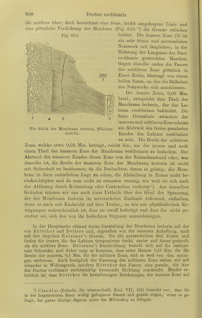 die mittlere über; doch bezeichnet eine feine, leicht ausgebogene Linie und eine plötzliche Verdickung der Membran (Fig. 618 *) die Grenze zwischen Fig. 618. beiden. Die äussere Zone (3) ist ,v „ ein sehr feines und zerreissliches ||P^:^^>^ Netzwerk mit länglichen, in der ^I^fM^!- '' ] Richtung der Längsaxe des Duct. '  couhlearis gestreckten Maschen. |qO%0 / Gregen dieselbe enden die Fasern pOSjOß; ;^ der mittleren Zone plötzlich in KkSöf vi 1 .200 Einer Reihe, überragt von einem hellen Saum, an den die Bälkchen C|,f' , ' 1 Netzwerks sich anschüessen. iS^oÖ-- ^^^*-^(. innere Zone, 0,08 Mm. I^^^t ^ft^W l^i'eit' entspricht dem Theil der '^ßOfO ~^L/Of Membrana tectoria, der das La- 'l^ü'-i--:=.=<>::|?^ .;5>^/jbc vestibuläre bekleidet. Die 1^2 's fßiiie Grenzlinie zwischen der inneren und mittleren Zone scheint Ein Stück der Membrana tectoria, jFlächen- eiii Abdruck des freien gezahnten ansieht. Randes des Labium vestibuläre . zu sein. Die Breite der mittleren Zone, welche etwa 0,02 Mm. beträgt, reicht hin, um die innere und noch einen Theil der äusseren Zone der Membrana vestibularis zu bedecken. Der Abstand des äusseren Randes dieser Zone von der Schneckenwand oder, was dasselbe ist, die Breite der äusseren Zone der Membrana tectoria ist nicht mit Sicherheit zu bestimmen, da die Beobachter, denen es gelang, die Mem- bran in ihrer natürlichen Lage zu sehen, die Abtheiluug in Zonen nicht be- i'ücksichtigten und da man nicht zu ermessen vermag, wie weit sie sich nach der Ablösung durch Kräuselung oder Contraction verkürzt i). Aus denselben Gründen müssen wir uns auch eines Urtheils über den Grad der Spannung, der der Membrana tectoria im unversehrten Zustande zukommt, enthalten, wenn es auch mit Rücksicht auf ihre Textur, so wie aus physikalischen Ei'- wägungen wahrscheinlich ist, dass sie straff befestigt und dass ihr nicht ge- stattet sei, sich den von ihr bedeckten Organen anzuschmiegen. In der Hauptsache stimmt meine Darstellung der Membrana tectoria mit der von Böttcher und Deiters und, abgesehen von der äusseren Anheftung, auch mit den Angaben Reissner's überein. Sie alle unterscheiden drei Zonen und finden die innere, die das Labium tympanicum deckt, zarter und feiner gestreift, als die mittlere Zone. Reissner's Beschreibung bezieht sich auf die embryo- nale Schnecke, und daher mag es kommen, dass seine Maasse 0,18 Mm. für die Breite der inneren, 0,1 Mm. für die mittlere Zone, sich so weit von den meini- gen entfernen. Auch bezüglich der Faserung der mittleren Zone stehen wir mit einander in Widerspruch, insofern Böttcher den Fasern eine gerade > die Axe des Ductus cochlearis rechtwinklig kreuzende Richtung zuschreibt. Minder er- heblich ist, dass Böttcher die kreisförmigen Zeichnungen der inneren Zone auf ^) Claudius (Zeitschr. für wissenschaftl. Zool. VIT, 155) bemerkt nur, dass die in der losgetrennten Haut wellig gebogenen Fasern sich gerade zeigen, wenn es ge- lingt, das ganze häutige Septum unter das Mikroskop zu bringen.