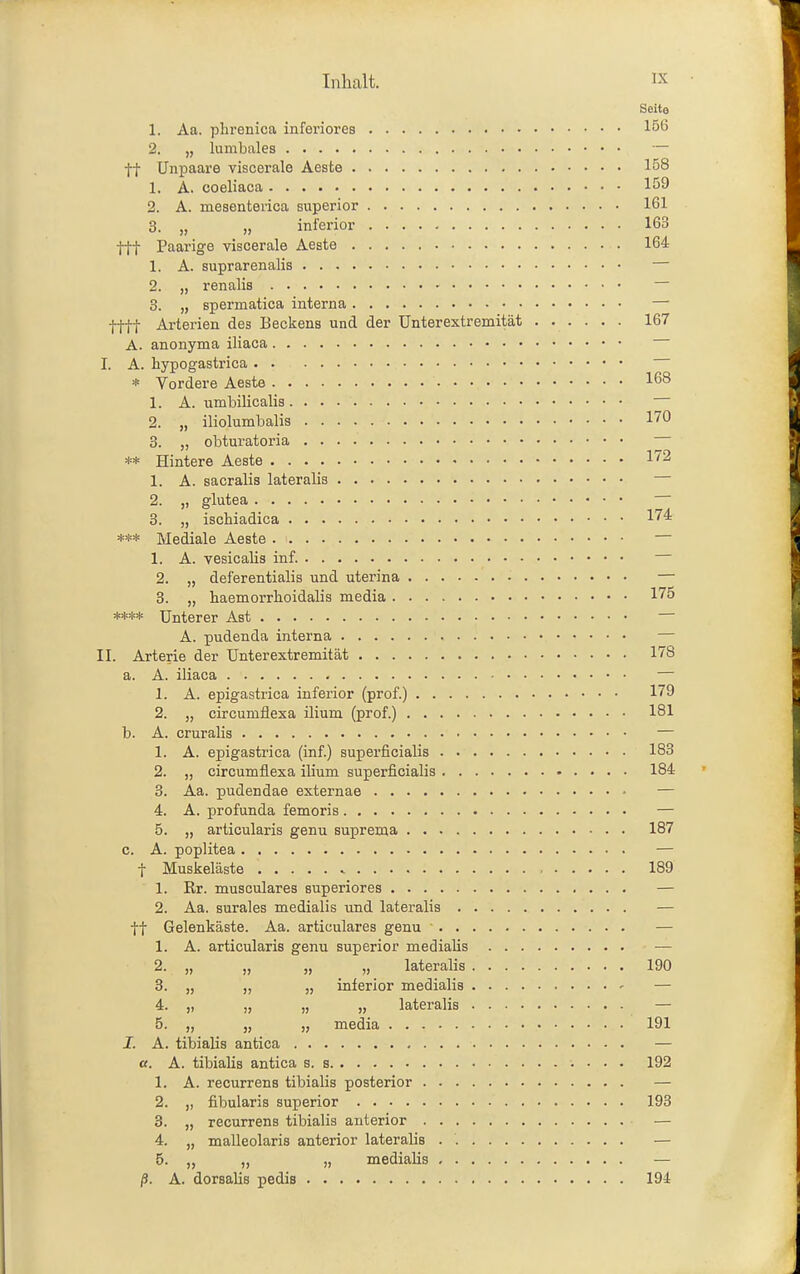 Seite 1. Aa. phrenica inferiores 156 2. „ lumbales — tt Unpaare viscerale Aeste 158 1. A. coeliaca 159 2. A. mesenteiica superior 161 3. „ „ inferior 163 tft Paarige viscerale Aeste 164 1. A. suprarenalis — 2. „ renalis — 3. „ spei'matica interna — fttt Arterien des Beckens und der Unterextremität 167 A. anonyma iliaca I. A. hypogastrica * Vordere Aeste 168 1. A. umbilicalis 2. „ iliolumbalis 170 3. „ obturatoria ** Hintere Aeste l-'^ 1. A. sacralis lateralis — 2. „ glutea 3. „ ischiadica 174 *** Mediale Aeste — 1. A. vesicalis inf. 2. „ deferentialis und uterina — 3. „ haemorrhoidalis media 175 **** Unterer Ast — A. pudenda interna — II. Arterie der Unterextremität 178 a. A. iliaca — 1. A. epigastrica inferior (prof.) 179 2. „ circumflexa ilium (prof.) 181 b. A. cruralis — 1. A. epigastrica (inf.) superficialis 183 2. „ circumflexa ilium superficialis 184 3. Aa. pudendae externae • — 4. A. profunda femoris — 5. „ articularis genu suprema 187 c. A. Poplitea — t Muskeläste 189 1. Rr. musculares superiores — 2. Aa. surales medialis und lateralis — tt Gelenkäste. Aa. articulares genu — 1. A. articularis genu superior medialis — 2. „ „ „ „ lateralis 190 3. „ „ „ inferior medialis — 4. „ „ „ „ lateralis — 5. „ „ „ media 191 J. A. tibialis antica — ß. A. tibialis antica s. s 192 1. A. recurrens tibialis posterior — 2. „ fibularis superior 193 3. „ recurrens tibialis anterior — 4. „ malleolaris anterior lateralis — 5. „ „ „ medialis — ß. A. dorsalis pedis 194