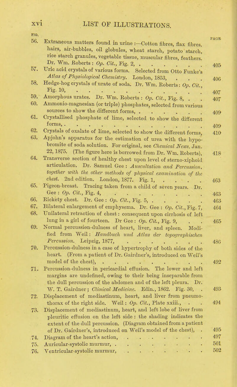 FIO. 56. Extraneous matters found in urine :—Cotton fibres, flax fibres, hairs, air-bubbles, oil globules, wheat starch, potato starch^ rice starch granules, vegetable tissue, muscular fibres, feathers. Dr. Wm. Eoberts : Op. Cit., Fig. 2 495 57. Uric acid crystals of various forms. Selected from Otto Funke's Atlas of Physiological Chemistry. London, 1853, ... 400 Hedge-hog crystals of urate of soda. Dr. Wm. Roberts • 0» Cit ■.'407 Amorphous urates. Dr. \Vm. Eoberts : Op. Cit., Fig. 8, . . 407 CO. Ammonio-magnesian (or triple) phosphates, selected from various sources to show the different forms, 40f> 61. Crystallised phosphate of lime, selected to show the different 58, 59, 62, 64 forms, Crystals of oxalate of lime, selected to show the different forms, 410 63, Apjohn's apparatus for the estimation of urea with the hypo- bromite of soda solution. For original, see Chemical News, Jan. 22,1875. (The figiu-e here is borrowed from Dr. AVm. Eoberts), 41S Transverse section of healthy chest upon level of stemo-xiphoid articulation. Dr. Samuel Gee : Auscultation and Percussion, together with the other methods of physical examination of the chest. 2nd edition. London, 1877. Fig. 1, .... 463 65. Pigeon-breast. Tracing taken from a child of seven years. Dr. Gee : Op. Cit., Fig. 4, 463 66. Rickety chest. Dr. Gee : Op. Cit., Fig. 5, 463 67. Bilateral enlargement of emphysema. Dr. Gee : Op. Cii., Fig. 7, 464 68. Unilateral retraction of chest: consequent upon cirrhosis of left hmg in a girl of fourteen. Dr Gee : Op. (7i<., Fig. 9, . . 465 69. Noi-mal percussion-diilness of heai-t, liver, and spleen. Modi- fied from Weil: Handhuch und Atlas der topographischen Percussion. Leipzig, 1877, 486 70. Percussion-dulness in a case of hyiDei-trophy of both sides of the heart. (From a patient of Dr. Gairdner's, introduced on Weil's model of the chest), 492 71. Percussion-dulness in pericardial effusion. The lower and left margins are undefined, owing to their being inseparable from the dull percussion of the abdomen and of the left pleura. Dr. ^Y.T. G&irdnQY; Clinical Medicine. Edin., 1862. Fig. 30, . 493 72. Displacement of mediastinum, heart, and liver from jjueumo- thorax of the right side. Weil: Op. Oii., Plate xxiii., . . 494 73. Displacement of mediastinum, heart, and left lobe of liver from pleuritic effusion on the left side : the shading indicates the extent of the dull percussion. (Diagi-am obtained from a patient of Dr. Gairdner's, introduced on Weil's model of the chest), . 495 74. Diagram of the heart's action, . 497 75. Auricular-systolic murmur, 501 76. Ventricular-systolic murmur, 502