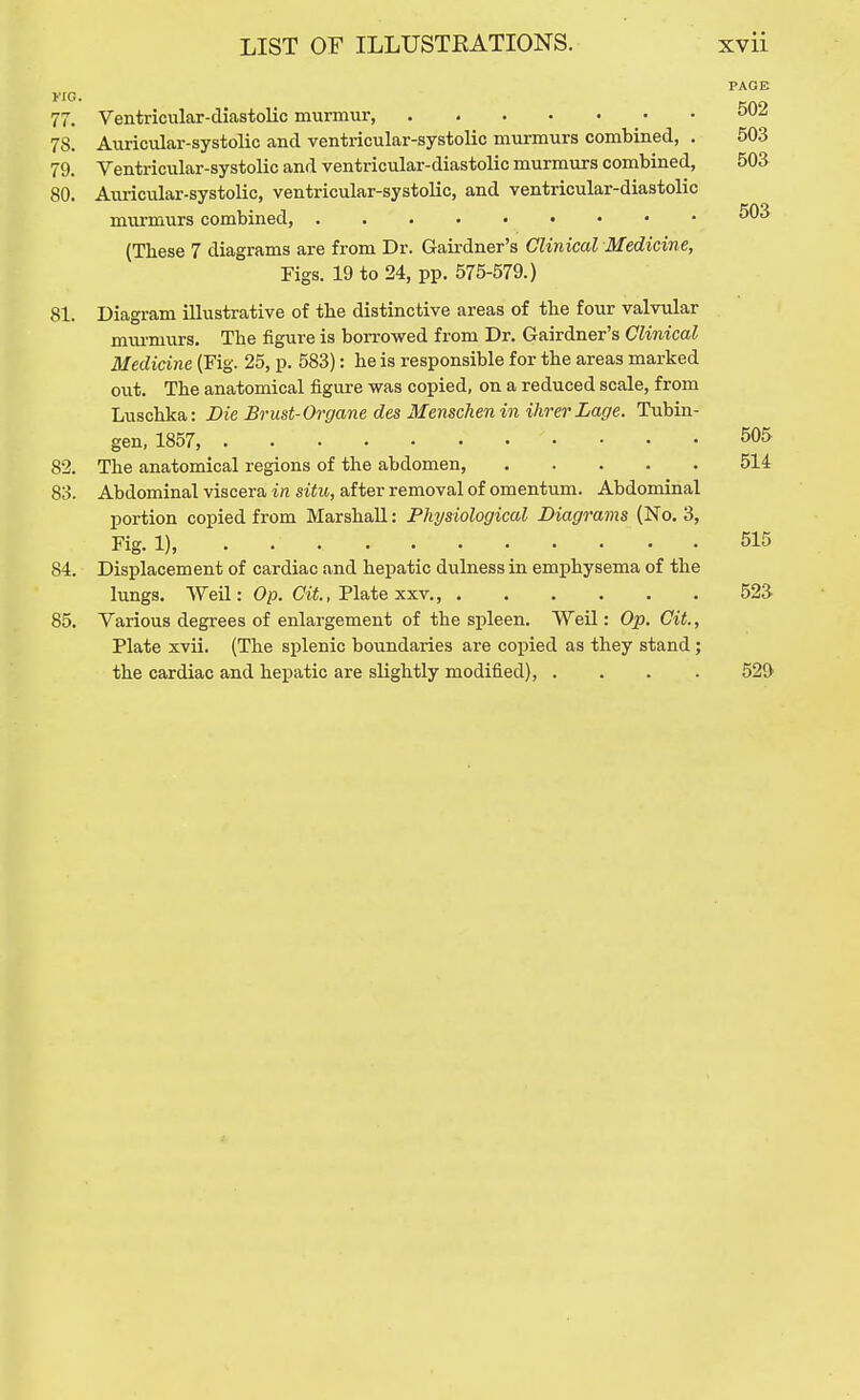 I'IG. 77. Ventricular-diastolic murmur, 50^ 78. Auricular-systolic and ventricular-systolic murmurs combined, . 503 79. Ventricular-systolic and ventricular-diastolic murmurs combined, 503 80. Auricular-systolic, ventricular-systolic, and ventricular-diastolic miu'murs combined, {These 7 diagrams are from Dr. Gairdner's Clinical Medicine, Figs. 19 to 24, pp. 575-579.) 81. Diagram illustrative of the distinctive areas of the four valvular mxu-murs. The figure is borrowed from Dr. Gairdner's Clinical Medicine (Fig. 25, p. 583): he is responsible for the areas marked out. The anatomical figure was copied, on a reduced scale, from Luschka: Die Brust-Organe des Menschen in Hirer Lage. Tubin- gen, 1857, 505 82. The anatomical regions of the abdomen, 514 83. Abdominal viscera in situ, after removal of omentum. Abdominal portion copied from Marshall: Physiological Diagrams (No. 3, Fig. 1), 515 84. Displacement of cardiac and hepatic dulness in emphysema of the lungs. Weil: Op. Ci«., Plate XXV., 523 85. Various degrees of enlargement of the spleen. Weil: Op. Cit., Plate xvii. (The splenic boundaries are cojjied as they stand; the cardiac and hepatic are sUghtly modified), .... 529