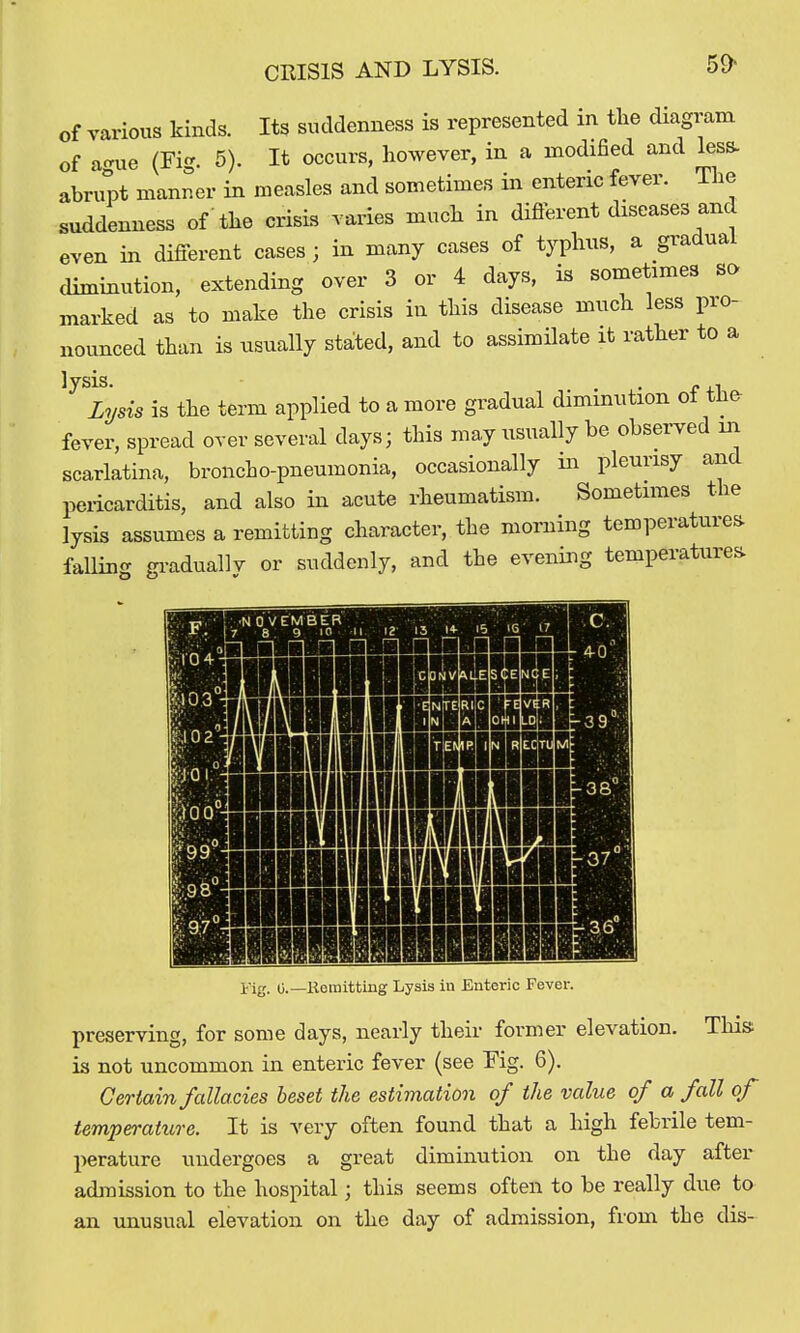 CRISIS AND LYSIS. of various kinds. Its suddenness is represented in tlie diagram of a-ue (Fig. 5). It occurs, however, in a modified and les^ abrupt manner in measles and sometimes in enteric fever. The suddenness of the crisis varies much in different diseases and even in different cases ; in many cases of typhus, a gradual diminution, extending over 3 or 4 days, is sometimes sa marked as to make the crisis in this disease much less pro- nounced than is usually stated, and to assimilate it rather to a lysis. . . /• +1 Lysis is the term applied to a more gradual diminution ot tJie fever, spread over several days; this may usually be observed m scarlatina, broncho-pneumonia, occasionally in pleurisy and pericarditis, and also in acute rheumatism. Sometimes the lysis assumes a remitting character, the morning temperatures^ falling graduallv or suddenly, and the evening temperatures lig. U.—liemittiug Lysis in Enteric Fever. preserving, for some days, nearly their former elevation. Thi» is not uncommon in enteric fever (see Fig. 6). Certain fallacies beset the estimation of the value of a fall of temperature. It is very often found that a high febrile tem- perature undergoes a great diminution on the day after admission to the hospital; this seems often to be really due to an unusual elevation on the day of admission, from the dis-