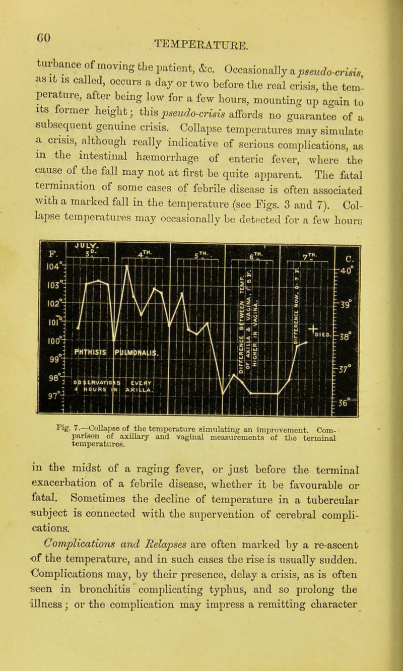 turbance of moving the patient, &c. Occasionally a psendo-crisis as It IS called, occurs a day or two before the real crisis, the tem- perature, after being low for a few hours, mounting up again to Its former height; this pseudo-crisis aSovds no guarantee of a subsequent genuine crisis. Collapse temperatures may simulate a crisis, although really indicative of serious complications, as in the intestinal haemorrhage of enteric fever, where the cause of the fall may not at first be quite apparent. The fatal termination of some cases of febrile disease is often associated with a marked fall in the temperature (see Figs. 3 and 7). Col- lapse temperatures may occasionally be detected for a few hourfj ^ig- 7.—Collapse of the temperature simulating an improvement. Com- parison of axillary and vaginal measurements of the terminal temperatures. in the midst of a raging fever, or just before the tenninal exacerbation of a febrile disease, whether it be favourable or fatal. Sometimes the decline of temperature in a tubercular i3ubject is connected with the supervention of cerebral compli- cations. Complications and Relapses are often marked by a re-ascent of the temperature, and in such cases the rise is usually sudden. Complications may, by their presence, delay a crisis, as is often •seen in bronchitis complicating typhus, and so prolong the illness; or the complication may impress a remitting character