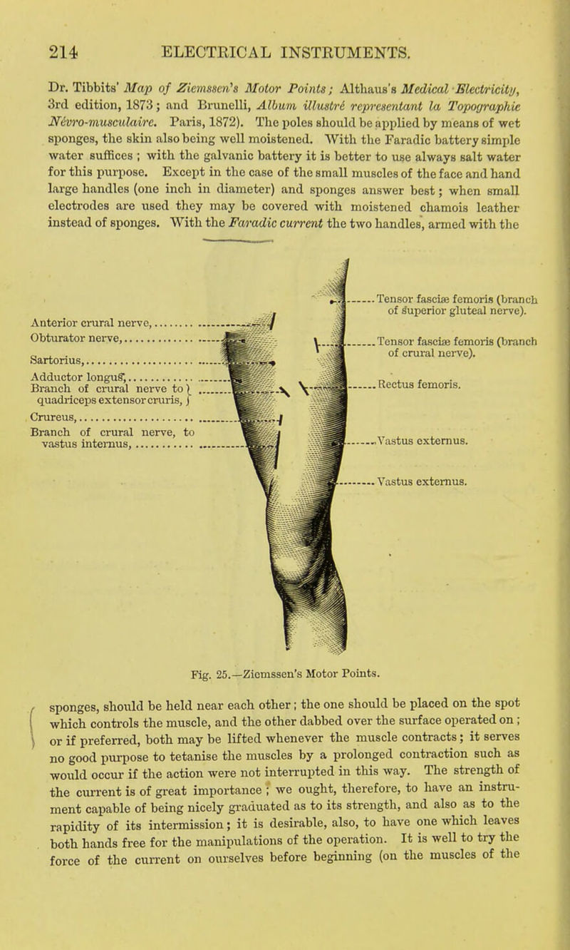 Dr. Tibbits Map of Ziemsscn's Motor Points; Althaus's Medical Elect/ricitij, 3rd edition, 1873; .and Brunelli, Album illustre rcpresentant la Topographic N&vro-muscukiire. Paris, 1872). The poles should be applied by means of wet sponges, the skin also being well moistened. With the Faradic battery simple water suffices ; with the galvanic battery it is better to use always salt water for this purpose. Except in the case of the small muscles of the face and hand large handles (one inch in diameter) and sponges answer best; when small electrodes are used they may be covered with moistened chamois leather instead of sponges. With the Faradic cuirent the two handles, armed with the Anterior crural nerve, ~ ^ Obturator nei-ve, Sartorius, '^BK^^'V Adductor longuS, Branch of crural nerve to ^tt— quadriceps extensor cruris,) Crureus, ^K.— Branch of crural nerve, to j vastus intemus, ...Tensor fasciae femoris (branch of Superior gluteal nerve). Tensor fasciae femoris (branch \ ..a of crural nerve). Rectus femoris. ..-Vastus extemus. — Vastus extemus. Fig. 25.—Ziemssen's Motor Points. sponges, should be held near each other; the one should be placed on the spot which controls the muscle, and the other dabbed over the surface operated on ; or if preferred, both may be lifted whenever the muscle contracts; it serves no good purpose to tetanise the muscles by a prolonged contraction such as would occur if the action were not interrupted in this way. The strength of the current is of great importance * we ought, therefore, to have an instru- ment capable of being nicely gi-aduated as to its strength, and also as to the rapidity of its intermission; it is desirable, also, to have one which leaves both hands free for the manipulations of the operation. It is weU to try the force of the current on ourselves before beginning (on the muscles of the